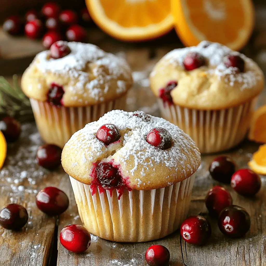 To make my cranberry orange muffins, you need these key ingredients: - 1 ½ cups all-purpose flour - ½ cup granulated sugar - 1 tablespoon baking powder - ½ teaspoon salt - 1 teaspoon ground cinnamon - ¼ cup unsalted butter, melted - 1 large egg - ¾ cup milk - Zest of 1 orange - 1 cup fresh or frozen cranberries (chopped if large) - ½ cup chopped walnuts or pecans (optional) - 2 tablespoons orange juice These ingredients create a tasty balance of sweet and tart flavors. The orange zest brings brightness, while cranberries add a fun pop. You can easily swap some ingredients if needed: - Use whole wheat flour for a denser muffin. - Replace granulated sugar with brown sugar for a richer taste. - Substitute almond milk for regular milk to make it dairy-free. - You can use coconut oil instead of butter for a vegan option. These changes keep the muffins delicious while catering to your needs. Want to make your muffins even better? Consider these add-ins: - Dark chocolate chips for a sweet twist. - Dried fruits like apricots or raisins for texture. - Orange zest from another orange for extra flavor. - Spices like nutmeg or ginger for a warm touch. Feel free to mix and match these options to create your perfect muffin! For the complete recipe, check out the Full Recipe section. Start by gathering all your ingredients. You will need flour, sugar, baking powder, salt, cinnamon, butter, egg, milk, orange zest, cranberries, and optional nuts. This helps make the process smooth. Next, preheat your oven to 375°F (190°C). Line a muffin tin with paper liners or grease it well. This step ensures your muffins do not stick. In a big bowl, mix the dry ingredients: flour, sugar, baking powder, salt, and cinnamon. Use a whisk to blend everything well. In another bowl, whisk the melted butter, egg, milk, orange zest, and orange juice. This mixture should be smooth. Now, pour the wet mix into the dry mix. Stir gently with a spatula. You want it combined but don’t overmix. A few lumps are okay. Add the cranberries and nuts if you like, folding them in carefully. Divide the batter into the muffin cups, filling them about three-quarters full. This allows room for rising. Place the muffin tin in the oven and bake for 18-20 minutes. Look for a golden top and check with a toothpick. It should come out clean when done. Once baked, let the muffins cool in the pan for about five minutes. Then, transfer them to a wire rack to cool completely. This helps keep them from getting soggy. For serving, I love to dust my muffins with powdered sugar. You can add a few fresh cranberries or orange slices on the side for a nice touch. Enjoy your cranberry orange muffins warm for the best flavor from the [Full Recipe]. To get perfect muffins, follow these simple steps. First, measure your flour correctly. Spoon it into the cup and level it off. Too much flour can make muffins dry. Next, avoid overmixing the batter. Stir until just combined for fluffy muffins. Lastly, let your oven preheat fully. This helps the muffins rise evenly. Store your muffins in an airtight container. This keeps them fresh for up to three days. For longer storage, wrap them tightly and freeze. When you want to eat them, just thaw at room temperature. You can also reheat them in the oven at 350°F (175°C) for about 5 to 10 minutes. This refreshes their taste and texture. Avoid these common mistakes to ensure great muffins. Don't skip the baking powder; it helps muffins rise. Also, mix the batter gently. Overmixing can lead to tough muffins. Lastly, keep an eye on baking time. If you leave them in too long, they might dry out. Follow these tips, and you’ll make delicious cranberry orange muffins every time. For the full recipe, check out the [Full Recipe]. {{image_2}} You can mix in other fruits to change the flavor. Try blueberries, raspberries, or even diced apples. Each fruit brings its own taste. For a tropical twist, add some diced pineapple. Just keep the same amount of fruit. This way, your muffins stay moist and tasty. You can make these muffins gluten-free! Use a gluten-free flour blend instead of all-purpose flour. Look for blends that contain xanthan gum. This will help give your muffins good texture. Also, check that your baking powder is gluten-free. Enjoy your muffins without worry! Add a pinch of nutmeg or ginger for extra warmth. You can also mix in a splash of vanilla extract to boost flavor. For a sweet touch, add chocolate chips or coconut flakes. These small changes make a big difference in taste. You can even drizzle a bit of honey or maple syrup on top. Just be creative and have fun with it! For the full recipe, check out the details above! To keep your cranberry orange muffins fresh, store them in an airtight container. Place a paper towel at the bottom to absorb moisture. This helps prevent sogginess. You can also wrap them tightly in plastic wrap. Avoid leaving muffins exposed to air, as they can dry out. If you want to save some muffins for later, freezing works well. Let the muffins cool completely. Then, wrap each muffin in plastic wrap. Place the wrapped muffins in a freezer bag. Make sure you remove as much air as possible. These can last up to three months in the freezer. When stored properly, cranberry orange muffins stay fresh for about four days at room temperature. If you refrigerate them, they can last about a week. However, freezing is best for long-term storage. Enjoy your muffins when they are fresh for the best taste! For the full recipe, check out the details above. Yes, you can use frozen cranberries in your muffins. Just toss them in some flour before adding them to the batter. This helps keep them from sinking. Frozen cranberries work well and still give a great tart flavor. To make muffins less dense, avoid overmixing the batter. Stir gently until just combined. Also, make sure your baking powder is fresh. Using room temperature ingredients can help too. These tips ensure your muffins rise well and stay light. If your muffins don’t rise, check your baking powder. It should be fresh and active. Also, ensure you don’t overmix the batter. If the batter is too thick, add a bit more milk. This can help create air pockets and lead to fluffier muffins. For more tips and a complete guide, check out the Full Recipe. To sum up, this blog covered everything you need to make great muffins. We looked at the must-have ingredients and handy substitutes. You learned step-by-step how to prepare, bake, cool, and serve them. I shared tips for perfecting your muffins and avoiding common mistakes. We explored tasty variations and how to store them properly. Use this guide to create delicious muffins every time. With the right methods, anyone can become a muffin expert. Enjoy baking!