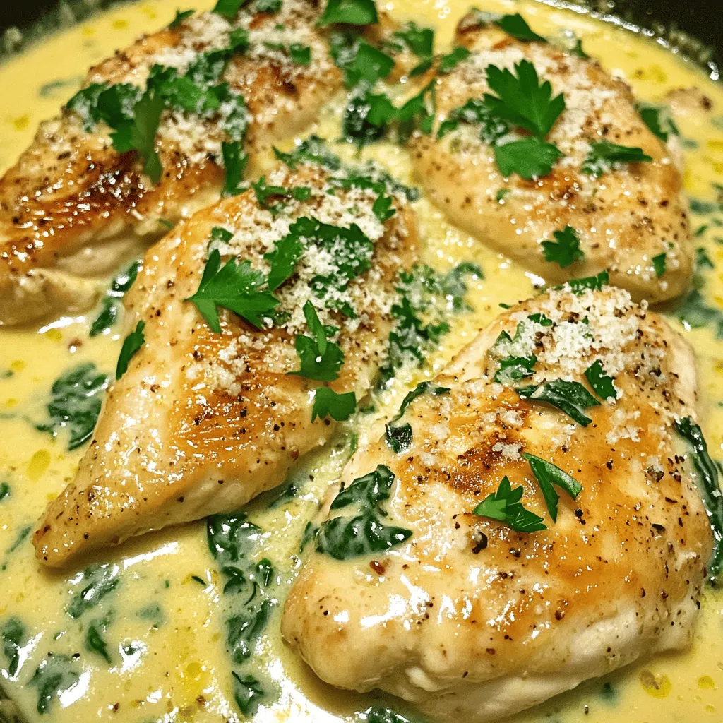 To make Savory Garlic Chicken in Creamy Sauce, you need the following ingredients: - 4 boneless, skinless chicken breasts - 4 cloves garlic, minced - 1 cup heavy cream - 1 cup chicken broth - 1 tablespoon olive oil - 1 teaspoon dried oregano - 1 teaspoon smoked paprika - Salt and black pepper to taste - 1 cup fresh spinach leaves - ½ cup grated Parmesan cheese - Fresh parsley, chopped (for garnish) Let's break down why each ingredient matters. The chicken breasts are your main protein. They are tender and soak up the flavors well. Garlic adds a strong, savory taste that makes this dish shine. Heavy cream brings richness, while chicken broth adds depth. Dried oregano and smoked paprika give the dish a nice herbal and smoky flavor. Salt and black pepper enhance all the other flavors. Fresh spinach adds color and nutrition. Parmesan cheese melts into the sauce, making it creamy and delicious. Finally, parsley adds a fresh touch when you serve the dish. For the full recipe, follow the steps closely for the best results. Each ingredient plays a role in making this meal a delight for your taste buds. To get the best flavor, start by seasoning the chicken. Use salt, black pepper, smoked paprika, and dried oregano. Make sure to coat both sides well. This mix brings out the dish's savory notes. Next, cook the chicken at medium-high heat. You want the skillet hot enough to sear the chicken. Aim for around 375°F (190°C). This helps achieve that perfect golden crust. When you add the chicken to the skillet, don’t rush. Let it sear for 5 to 7 minutes on each side. Look for a golden brown color. This is key for both flavor and texture. Once the chicken is cooked through, remove it from the skillet. It should reach an internal temperature of 165°F (75°C). This ensures it’s safe to eat and perfectly juicy. Now, let's make the sauce. Lower the heat and add minced garlic to the same skillet. Sauté for about 30 seconds until it smells great. Be careful not to burn it, as burnt garlic can taste bitter. Pour in chicken broth and bring it to a simmer. This will add depth to the sauce. Then, slowly stir in heavy cream. Watch as it thickens over 3 to 4 minutes. The cream gives the sauce a rich, smooth texture. Finally, stir in fresh spinach and grated Parmesan cheese. This adds flavor and creaminess. The spinach will wilt nicely, and the cheese will melt, completing the sauce. You can find the detailed cooking process in the Full Recipe. To make your savory garlic chicken shine, choose the right spices. I recommend using: - 1 teaspoon dried oregano - 1 teaspoon smoked paprika These spices add depth and warmth. Always season your chicken well before cooking. This step ensures the flavors penetrate the meat. Remember, seasoning should happen at each stage. It builds layers of flavor that elevate your dish. Sautéing is key to a great chicken dish. Use medium-high heat to get a nice sear. This creates a golden crust that locks in juices. When cooking, a meat thermometer is your best friend. Aim for 165°F for perfectly cooked chicken. This ensures safety and tenderness. For a creamier sauce, consider using alternatives. Coconut milk or cashew cream can add a nice twist. If you want more texture, experiment with cheese. You can use goat cheese or cream cheese for different flavors. These ingredients make your sauce rich and creamy. {{image_2}} You can change the protein in this dish easily. Try using chicken thighs for more flavor. Pork chops or turkey cutlets work well too. For a vegetarian twist, use mushrooms or tofu. Both options soak up the creamy sauce nicely. Add a splash of white wine for a richer taste. Lemon juice brightens the sauce and adds zing. You can also incorporate more veggies, like bell peppers or zucchini. These add color and nutrition, making the dish even better. Pair this dish with rice or pasta to soak up the sauce. Mashed potatoes also make a great side. For a fresh touch, serve with a crisp salad. Add crusty bread for a fun way to enjoy every bite. For the full recipe, check out the complete details. To keep your Savory Garlic Chicken in Creamy Sauce fresh, follow these steps: - Refrigerating: Place the chicken in an airtight container. Store it in the fridge for up to 3 days. Make sure it cools before sealing the container. - Freezing: For longer storage, freeze the chicken. Place it in a freezer-safe bag or container. It will last for up to 3 months. Label it with the date for easy tracking. To enjoy your leftovers without losing flavor or moisture, use these methods: - Microwave: Place the chicken in a microwave-safe dish. Cover it loosely to keep moisture in. Heat on medium for 2-3 minutes or until warm. - Stovetop: Heat a skillet over low heat. Add a splash of chicken broth or cream to keep it moist. Cook for about 5 minutes, turning the chicken gently. These steps will ensure your meal stays tasty and creamy! To make this dish, follow these steps: 1. Prepare the Chicken: Season the chicken breasts with salt, pepper, smoked paprika, and dried oregano. 2. Cook the Chicken: Heat olive oil in a skillet. Sear the chicken for 5-7 minutes on each side until golden brown. 3. Sauté the Garlic: Lower the heat and add minced garlic. Cook for about 30 seconds until fragrant. 4. Make the Creamy Sauce: Pour in chicken broth, then add heavy cream. Simmer for 3-4 minutes to thicken. 5. Add Spinach and Cheese: Stir in spinach and Parmesan cheese until melted. 6. Reintroduce the Chicken: Place the cooked chicken back in the skillet. Heat for 2-3 minutes. 7. Serve: Garnish with fresh parsley and enjoy! To thicken the creamy sauce, you can use these methods: - Simmering: Let the sauce simmer gently to reduce and thicken. - Adding Cream: Incorporate more heavy cream for a richer texture. - Cornstarch Slurry: Mix cornstarch with cold water, then stir into the sauce as it simmers. - Cheese Addition: Add grated cheese, like Parmesan, to help thicken and flavor the sauce. Yes, you can make this dish ahead of time. Here are some tips: - Prep Ahead: Season and cook the chicken in advance. Store it in the fridge. - Store Sauce: Make the sauce and keep it separately. Combine when ready to serve. - Reheat: Gently reheat the chicken and sauce in a skillet over low heat. Add a splash of broth if needed. This helps keep everything moist and delicious. Enjoy your meal! In this post, I covered the ingredients and steps for making Savory Garlic Chicken in Creamy Sauce. You learned how to season and cook the chicken, create a thick sauce, and explore variations. My final thought is that cooking can be fun and easy. Use these tips to make a dish that you and your loved ones will enjoy. With practice, you can make it perfect every time. Happy cooking!