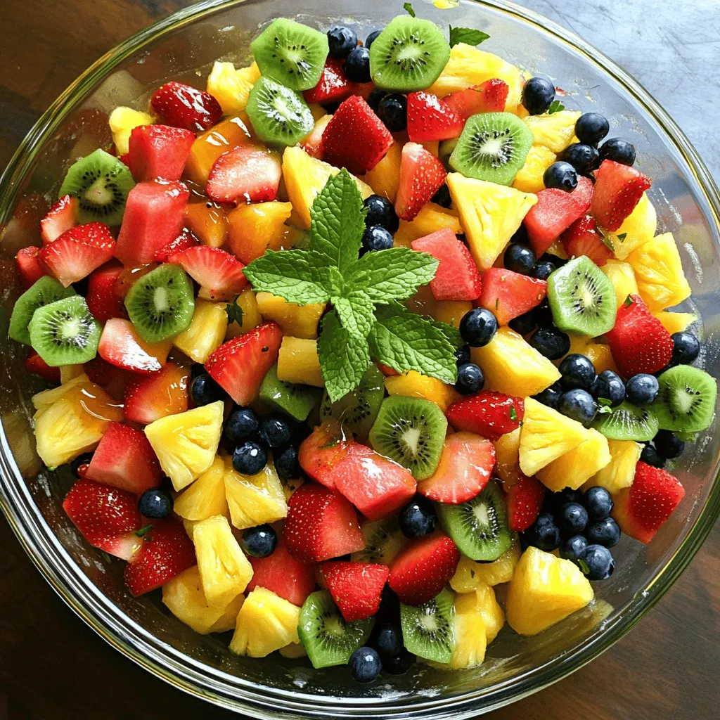 To make a tasty Honey Lime Fruit Salad, you need fresh fruits. Here’s what I use: - 2 cups diced watermelon - 1 cup diced pineapple - 1 cup fresh strawberries, sliced - 1 cup blueberries - 1 ripe kiwi, peeled and sliced These fruits give the salad a bright and colorful look. They also add different textures and flavors. Watermelon is juicy, while pineapple brings a sweet, tangy taste. Strawberries add a lovely red color, and blueberries pop with sweetness. Kiwi adds a unique flavor and a beautiful green hue. The dressing is key to this salad’s flavor. It’s simple yet delicious, made with: - 1/4 cup honey - 2 tablespoons fresh lime juice - Zest of 1 lime The honey makes it sweet, while the lime juice adds a tangy kick. The lime zest enhances the flavor and aroma. This dressing ties all the fruits together, making every bite refreshing. A little garnish makes everything better! For this salad, I use: - Fresh mint leaves Mint adds a burst of fresh flavor. It also looks great on top of the salad. Just sprinkle some leaves before serving, and your dish will shine. For the full recipe, check the Honey Lime Fruit Salad section. Enjoy making this fresh and simple dish! To start, I prepare the fruits carefully. I dice the watermelon and pineapple into small cubes. I slice the strawberries into thin pieces. The blueberries stay whole, adding a nice pop of color. I peel and slice the kiwi too, making sure each piece is bite-sized. Next, I combine all the fruits in a large mixing bowl. I gently mix them together, ensuring they sit nicely. This colorful mix looks great and tastes even better! In a small bowl, I whisk together the honey, fresh lime juice, and lime zest. The honey adds sweetness, while the lime juice brings a bright tang. The zest adds more flavor and aroma. I stir until everything blends well. This dressing is simple yet so tasty! Now, I drizzle the honey-lime dressing over the mixed fruits. I gently toss the salad, making sure every piece gets coated. It’s important to be gentle, so I don’t mash the fruit. After that, I cover the bowl with plastic wrap. To let the flavors meld, I refrigerate the salad for at least 30 minutes. This step is key. The chilling time enhances the taste, making each bite refreshing! When making honey lime fruit salad, choose ripe and fresh fruits for the best taste. Look for watermelon that feels heavy for its size. The skin should be dull, not shiny. Pineapples should smell sweet at the base, and the leaves should pull out easily. Strawberries should be bright red with no white spots. For blueberries, select plump ones with a smooth skin. Kiwi should be soft but not mushy. Picking ripe fruits makes your salad burst with flavor. Combining the fruits without mashing them is key. When you mix, use a large spoon or spatula. Start from the bottom and lift gently to the top. This way, you keep the shape and texture of each fruit. You want a mix that looks vibrant and fresh, not a mushy blend. Take your time and enjoy the process. A gentle touch helps keep your salad colorful and appealing. Letting your salad chill enhances the taste. I suggest refrigerating it for at least 30 minutes. This time allows the honey and lime flavors to soak into the fruits. The longer you wait, the more the flavors meld together. However, don’t leave it too long, or the fruit can get soggy. A little marination goes a long way in making this salad truly refreshing. For the full recipe, check out the recipe section above! {{image_2}} You can change your Honey Lime Fruit Salad by using different fruits. Adding citrus like oranges or mandarins brightens the flavor. These fruits add a sweet and juicy touch. They also give a nice pop of color. Tropical fruits like mango or papaya can also work well. Mango adds a creamy texture, while papaya brings a sweet and floral taste. Enjoy mixing these fruits to keep things fun and fresh! If you want a vegan option, try using agave or maple syrup instead of honey. Both give a great sweetness that fits well in the dressing. They can help you enjoy this dish while sticking to your diet. For a low-calorie option, use a sugar-free syrup. This keeps the flavor but cuts down on calories. You can still enjoy this fresh salad without worry. You can serve your Honey Lime Fruit Salad in many ways. Use small bowls for individual servings. This makes it easy for everyone to grab their own. For a fun twist, try serving on skewers. Simply thread the fruit pieces onto wooden or metal skewers. This makes a great party snack and looks appealing on a plate. For the full recipe, check out the details above! To store leftovers of your honey lime fruit salad, place it in an airtight container. This keeps the salad fresh and prevents it from drying out. You can also cover the bowl tightly with plastic wrap. Always store it in the fridge. This helps keep the fruit crisp and tasty for later. The salad stays fresh for about 2 to 3 days in the fridge. After this time, the fruits may start to get mushy. If you see any signs of spoilage, like brown spots on the fruit, it's best to throw it away. To enjoy the best taste, eat the salad within the first 24 hours. You can freeze honey lime fruit salad, but it may not taste the same after thawing. The fruits can become watery and lose their crunch. If you want to freeze it, use a freezer-safe container. Make sure to leave some space at the top since the salad will expand when frozen. For the best flavor, enjoy it fresh instead! For a complete recipe, check the [Full Recipe]. You can make this salad your own! Try adding different dressings. A yogurt dressing works well. You can mix in nuts for crunch, like almonds or walnuts. They add good texture and flavor. Yes, this salad is very healthy! Each fruit brings its own benefits. Watermelon is hydrating and low in calories. Pineapple is great for digestion. Strawberries are full of vitamins. Blueberries are packed with antioxidants. Kiwi adds fiber and vitamin C. Together, they make a nutritious snack. Yes, you can prepare this salad ahead of time. Just mix the fruits and dressing, then chill. It’s best to store it in the fridge for up to a few hours. This way, the flavors blend well. For events, make it the day before for easier serving. Some fruits pair great with honey and lime! Try citrus fruits like oranges or mandarins for a zesty kick. Tropical fruits like mango or papaya work well too. You can mix and match to find your favorite flavors. In this blog post, we explored how to make a tasty Honey Lime Fruit Salad. We covered the best fruits to use, along with a simple honey-lime dressing. I shared tips on selecting ripe fruit and serving ideas. Remember, you can customize this salad with seasonal fruits and dietary options. Fresh fruit salads are a healthy choice and perfect for any meal. Enjoy your creation, and don’t hesitate to put your twist on it!