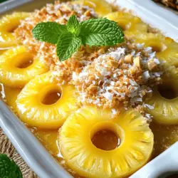 - 1 ripe pineapple, peeled and sliced into rings - 1 cup brown sugar - ½ cup unsalted butter, melted - 1 teaspoon cinnamon - 1 cup shredded coconut - 1 cup crushed pecans or walnuts - 1 cup all-purpose flour - 1 teaspoon baking powder - ½ teaspoon salt - 1 large egg - ½ cup milk - 1 teaspoon vanilla extract When making pineapple bake, you need the right ingredients. Start with a ripe pineapple. The fresh taste makes a big difference. Brown sugar adds sweetness. It caramelizes, giving a nice texture. Unsalted butter is key. It brings richness to the dish. Next, gather the additional ingredients. Cinnamon gives a warm flavor. Shredded coconut adds a chewy texture. You can use pecans or walnuts for crunch. All-purpose flour helps bind everything together. Baking powder makes it rise. Salt enhances the flavors. The egg adds moisture and binds the mix. Milk keeps it soft. Vanilla extract adds a lovely aroma. For the full recipe, check the detailed list above. To ensure even baking, spread the batter smoothly over the pineapples. This helps it cook uniformly. You want to avoid thick spots that may not bake well. To check for doneness, insert a toothpick into the center. If it comes out clean, your bake is ready. If not, give it a few more minutes in the oven. For the best taste, serve the bake warm. It pairs well with a drizzle of honey or a scoop of vanilla ice cream. You can also add fresh mint leaves on top for a nice touch. One common mistake is overmixing the batter. Stir just until combined to keep it light and fluffy. Another mistake is using incorrect oven temperature. Always preheat your oven to 350°F (175°C) for best results. This helps the bake rise properly and develop a nice golden crust. You can make this dessert even sweeter! Try using apple sauce instead of butter. It works great and keeps the bake moist. You can also swap out the pineapple for other fruits. Mango or peach would add a nice twist. Experimenting with fruits opens up new flavors for you to enjoy. Feeling adventurous? Add spices like nutmeg or cardamom to your mix. These spices will give your bake a warm, cozy taste. If you want a savory option, try adding cheese. A sharp cheddar can balance the sweetness of the pineapple. This mix of sweet and savory makes every bite exciting. If you need gluten-free options, use a gluten-free flour blend. It will work just as well in this recipe. For those with nut allergies, skip the pecans or walnuts. You can use seeds like pumpkin seeds instead. These simple changes let everyone enjoy this dish without worry. You can find the full recipe to get started on your Tropical Pineapple Bake. {{image_2}} To keep your pineapple bake fresh, cool it to room temperature. Then, cut it into pieces. Place the pieces in an airtight container. This will prevent moisture loss and keep flavors intact. If you prefer, you can also wrap individual servings tightly in plastic wrap. This method is great for quick snacks later. You can reheat your pineapple bake in the oven or the microwave. For the oven, preheat it to 350°F (175°C). Place the bake on a baking sheet and cover it with foil. Heat for about 10-15 minutes. This keeps the top from getting too dry. If using a microwave, place a piece on a microwave-safe plate. Heat it for 30-60 seconds. Check to see if it's warm enough. This method is faster but may change the texture slightly. To freeze your pineapple bake, let it cool completely first. Cut it into squares and wrap each square in plastic wrap. Then, place the wrapped pieces in a freezer bag. Be sure to label the bag with the date. When you want to eat it, take out a piece and let it thaw overnight in the fridge. Reheat it as described above. This way, you can enjoy a tropical treat anytime! Yes, you can use canned pineapple. Canned pineapple is convenient and saves time. However, fresh pineapple offers better taste and texture. Canned pineapple can be softer and more watery. If you choose canned, drain it well. This helps prevent excess moisture in your bake. Your pineapple bake lasts about three to five days in the fridge. To keep it fresh, store it in an airtight container. This helps maintain its flavor and texture. Always check for any signs of spoilage before enjoying. Yes, you can prepare it ahead. Mix the dry ingredients and wet ingredients separately. Store them in the fridge until you are ready to bake. Just remember to bake it within a day or two for the best results. This way, you save time when you want a tasty dessert! This recipe for Tropical Pineapple Bake is simple and fun. It brings a taste of the tropics to your kitchen. You will love the sweet and juicy pineapple combined with rich flavors. Key Information: - Prep Time: 15 minutes - Total Time: 45 minutes - Servings: 9 You start with fresh pineapple. The sweet rings sit on a buttery brown sugar base. This blend creates a rich taste that pairs well with the cake. The addition of shredded coconut and nuts gives it a delightful crunch. Each bite feels like a mini vacation. You can serve this warm or chilled. It’s perfect for any gathering or a cozy night in. For the complete recipe, check out the Full Recipe. Enjoy making this tropical treat! This blog post covered how to make a delicious Tropical Pineapple Bake. You learned about the main and additional ingredients, plus step-by-step preparation and baking. I also shared tips for even baking, serving suggestions, and common mistakes to avoid. Various sweet and savory variations offer options for everyone. Lastly, we discussed storage and reheating tips to keep your bake fresh. Enjoy experimenting with this recipe, and feel free to make it your own!