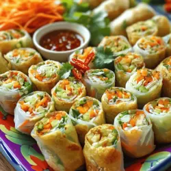 Here is a list of ingredients for your crispy veggie spring rolls: - Cabbage - Carrots - Bell Peppers - Bean Sprouts - Green Onions - Garlic and Ginger - Soy Sauce and Sesame Oil - Spring Roll Wrappers - Oil for Frying Each ingredient plays a big role in flavor. The cabbage adds crunch, while the carrots bring sweetness. Bell peppers give color and a slight tang. Bean sprouts add freshness, and green onions give a nice bite. Garlic and ginger enhance the taste with warmth and depth. Soy sauce and sesame oil tie everything together with umami flavors. For the spring roll wrappers, choose thin ones for a crispier bite. And don’t forget the oil! It’s key for frying and achieving that golden crust. Using fresh ingredients makes a big difference in taste. This recipe is straightforward and perfect for any skill level. You can find the full recipe details to guide you through the process. Prepare the Veggies Start by washing and chopping your veggies. You need: - 1 cup cabbage, finely shredded - 1 cup carrots, julienned - 1 cup bell peppers, thinly sliced - 1 cup bean sprouts - 2 green onions, finely chopped Chop them small. This helps them fit well in the spring rolls. Mix the Marinade In a small bowl, combine the flavor makers: - 2 cloves garlic, minced - 1 tablespoon ginger, grated - 2 tablespoons soy sauce - 1 teaspoon sesame oil - Salt and pepper to taste Stir these together. This mix adds a nice taste to the veggies. Combine and Toss Pour the marinade over your chopped veggies. Use your hands or a spoon to mix well. Make sure each piece of veggie is coated. Let it sit for about 10 minutes. This helps the flavors mix. Filling the Wrapper Take a spring roll wrapper. Lay it flat on your surface. Place about 2-3 tablespoons of the veggie mix near the bottom edge. Sealing the Roll Fold the bottom edge of the wrapper up over the filling. Then, fold in the sides tightly. Roll it up to enclose the filling. Moisten the top edge with a little water to seal it shut. Heating the Oil Pour oil into a deep frying pan. Heat it on medium. To check if it’s ready, drop in a small piece of wrapper. If it sizzles, the oil is hot. Frying the Spring Rolls Carefully add the spring rolls, but don’t crowd the pan. Fry them until they turn golden and crispy, about 3-4 minutes on each side. Draining Excess Oil Once they are cooked, take them out of the oil. Place them on paper towels to drain the extra oil. For the full recipe, refer to the earlier section. Enjoy your crispy veggie spring rolls! Wrapping Techniques To make your spring rolls crispy, focus on how you wrap them. Use a tight roll to keep the filling secure. Start by placing the veggie mix near the bottom of the wrapper. Fold the bottom edge over the filling, then tuck in the sides. Finally, roll it up tightly. A snug wrap helps create a crispier texture when frying. Oil Temperature The right oil temperature is key to crispy spring rolls. Heat your oil to around 350°F (175°C). You can test it by dropping in a small piece of wrapper; it should sizzle right away. If the oil is too cool, the rolls will absorb oil and become soggy. If too hot, they may burn before cooking through. Ideal Dipping Sauces Pair your spring rolls with tasty dipping sauces. Sweet chili sauce adds a nice kick. Soy sauce gives a salty contrast. You might even enjoy peanut sauce for a creamy touch. Each dip enhances the flavor and adds fun to your meal. Presentation Ideas Serve your crispy spring rolls on a colorful platter. Add a side of dipping sauce in a small bowl. For a pop of color, garnish with fresh cilantro or sliced red chili. This not only looks great but also makes the dish more appealing. Enjoy your tasty creation! {{image_2}} You can boost your crispy veggie spring rolls with proteins. Tofu is a great choice. It absorbs flavors well and adds a nice texture. Use firm or extra-firm tofu. Press it to remove extra moisture. Cut it into small cubes, and pan-fry until golden. Mix the cooked tofu with your veggie filling for added protein. If you prefer meat, chicken or shrimp works well. For chicken, use cooked and shredded chicken. For shrimp, peel and devein them first. Cook them in a pan until pink and firm. Add either option to your filling for a heartier snack. You can make your spring rolls even tastier with spices and herbs. Try adding crushed red pepper for heat or cilantro for a fresh taste. You can also add a touch of five-spice powder for a unique flavor. Mix these spices into your veggie filling for a burst of flavor. Alternative sauces can also change the taste. Instead of soy sauce, try hoisin sauce for sweetness. You can also use peanut sauce for a nutty twist. Just drizzle your chosen sauce into the filling or serve it as a dip. These options will keep your spring rolls exciting and delicious! Refrigeration Tips If you have extra spring rolls, store them in the fridge. Place them in an airtight container. This keeps them fresh for about 2 to 3 days. You can also wrap them in plastic wrap to prevent drying out. Avoid stacking them too tightly to keep them from getting soggy. Freezing Instructions To freeze your spring rolls, let them cool completely first. Then, place them in a single layer on a baking sheet. After about 30 minutes, transfer them to a freezer-safe bag. This method helps keep them from sticking together. They can last in the freezer for up to 2 months. When you’re ready to eat them, just thaw in the fridge overnight. Oven vs. Microwave For the best taste, use the oven to reheat your spring rolls. Preheat your oven to 375°F (190°C). Place the rolls on a baking sheet and heat for about 10-15 minutes. This keeps them crispy. If you’re short on time, you can use the microwave. Place them on a microwave-safe plate and heat for about 30 seconds to 1 minute. Keep in mind, they might not be as crispy this way. Enjoy your tasty snack! To reheat your crispy veggie spring rolls, I recommend using an oven. Preheat the oven to 375°F (190°C). Place the spring rolls on a baking sheet. Bake for about 10-15 minutes, until they are hot and crispy again. You can also use an air fryer for about 5-7 minutes at the same temperature. This method keeps them crispy and delicious. Yes, you can bake crispy veggie spring rolls. While frying gives them a golden crunch, baking is a healthier option. To bake, preheat your oven to 400°F (200°C). Brush the spring rolls lightly with oil and place them on a baking sheet. Bake for 20-25 minutes, turning halfway through. They will be crisp but not as crunchy as fried ones. You can find crispy veggie spring rolls at many grocery stores and Asian markets. Look in the frozen foods aisle or the snack section. Some local restaurants may also sell them for takeout. If you prefer homemade, I suggest trying the Full Recipe for a fresh batch that’s sure to impress! You learned how to make tasty, crispy veggie spring rolls today. We covered ingredients, preparation, and cooking methods to guide you. I shared tips to achieve extra crunch and ideas for serving. You can mix in proteins or spice things up with different flavors. Remember to store leftovers right and choose the best reheating method. Now, enjoy your spring rolls and impress your friends with this simple recipe. Cooking can be fun, and you just made it easier!