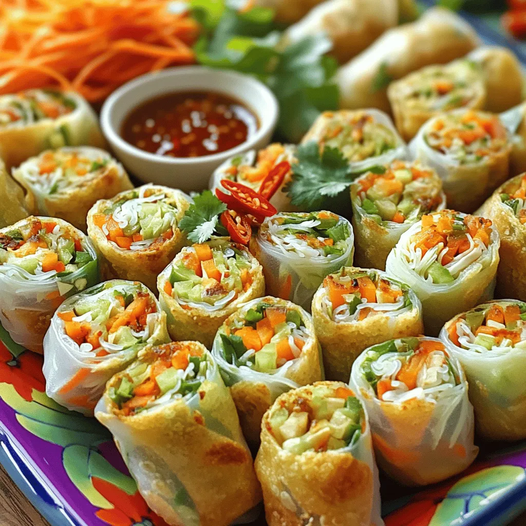 Here is a list of ingredients for your crispy veggie spring rolls: - Cabbage - Carrots - Bell Peppers - Bean Sprouts - Green Onions - Garlic and Ginger - Soy Sauce and Sesame Oil - Spring Roll Wrappers - Oil for Frying Each ingredient plays a big role in flavor. The cabbage adds crunch, while the carrots bring sweetness. Bell peppers give color and a slight tang. Bean sprouts add freshness, and green onions give a nice bite. Garlic and ginger enhance the taste with warmth and depth. Soy sauce and sesame oil tie everything together with umami flavors. For the spring roll wrappers, choose thin ones for a crispier bite. And don’t forget the oil! It’s key for frying and achieving that golden crust. Using fresh ingredients makes a big difference in taste. This recipe is straightforward and perfect for any skill level. You can find the full recipe details to guide you through the process. Prepare the Veggies Start by washing and chopping your veggies. You need: - 1 cup cabbage, finely shredded - 1 cup carrots, julienned - 1 cup bell peppers, thinly sliced - 1 cup bean sprouts - 2 green onions, finely chopped Chop them small. This helps them fit well in the spring rolls. Mix the Marinade In a small bowl, combine the flavor makers: - 2 cloves garlic, minced - 1 tablespoon ginger, grated - 2 tablespoons soy sauce - 1 teaspoon sesame oil - Salt and pepper to taste Stir these together. This mix adds a nice taste to the veggies. Combine and Toss Pour the marinade over your chopped veggies. Use your hands or a spoon to mix well. Make sure each piece of veggie is coated. Let it sit for about 10 minutes. This helps the flavors mix. Filling the Wrapper Take a spring roll wrapper. Lay it flat on your surface. Place about 2-3 tablespoons of the veggie mix near the bottom edge. Sealing the Roll Fold the bottom edge of the wrapper up over the filling. Then, fold in the sides tightly. Roll it up to enclose the filling. Moisten the top edge with a little water to seal it shut. Heating the Oil Pour oil into a deep frying pan. Heat it on medium. To check if it’s ready, drop in a small piece of wrapper. If it sizzles, the oil is hot. Frying the Spring Rolls Carefully add the spring rolls, but don’t crowd the pan. Fry them until they turn golden and crispy, about 3-4 minutes on each side. Draining Excess Oil Once they are cooked, take them out of the oil. Place them on paper towels to drain the extra oil. For the full recipe, refer to the earlier section. Enjoy your crispy veggie spring rolls! Wrapping Techniques To make your spring rolls crispy, focus on how you wrap them. Use a tight roll to keep the filling secure. Start by placing the veggie mix near the bottom of the wrapper. Fold the bottom edge over the filling, then tuck in the sides. Finally, roll it up tightly. A snug wrap helps create a crispier texture when frying. Oil Temperature The right oil temperature is key to crispy spring rolls. Heat your oil to around 350°F (175°C). You can test it by dropping in a small piece of wrapper; it should sizzle right away. If the oil is too cool, the rolls will absorb oil and become soggy. If too hot, they may burn before cooking through. Ideal Dipping Sauces Pair your spring rolls with tasty dipping sauces. Sweet chili sauce adds a nice kick. Soy sauce gives a salty contrast. You might even enjoy peanut sauce for a creamy touch. Each dip enhances the flavor and adds fun to your meal. Presentation Ideas Serve your crispy spring rolls on a colorful platter. Add a side of dipping sauce in a small bowl. For a pop of color, garnish with fresh cilantro or sliced red chili. This not only looks great but also makes the dish more appealing. Enjoy your tasty creation! {{image_2}} You can boost your crispy veggie spring rolls with proteins. Tofu is a great choice. It absorbs flavors well and adds a nice texture. Use firm or extra-firm tofu. Press it to remove extra moisture. Cut it into small cubes, and pan-fry until golden. Mix the cooked tofu with your veggie filling for added protein. If you prefer meat, chicken or shrimp works well. For chicken, use cooked and shredded chicken. For shrimp, peel and devein them first. Cook them in a pan until pink and firm. Add either option to your filling for a heartier snack. You can make your spring rolls even tastier with spices and herbs. Try adding crushed red pepper for heat or cilantro for a fresh taste. You can also add a touch of five-spice powder for a unique flavor. Mix these spices into your veggie filling for a burst of flavor. Alternative sauces can also change the taste. Instead of soy sauce, try hoisin sauce for sweetness. You can also use peanut sauce for a nutty twist. Just drizzle your chosen sauce into the filling or serve it as a dip. These options will keep your spring rolls exciting and delicious! Refrigeration Tips If you have extra spring rolls, store them in the fridge. Place them in an airtight container. This keeps them fresh for about 2 to 3 days. You can also wrap them in plastic wrap to prevent drying out. Avoid stacking them too tightly to keep them from getting soggy. Freezing Instructions To freeze your spring rolls, let them cool completely first. Then, place them in a single layer on a baking sheet. After about 30 minutes, transfer them to a freezer-safe bag. This method helps keep them from sticking together. They can last in the freezer for up to 2 months. When you’re ready to eat them, just thaw in the fridge overnight. Oven vs. Microwave For the best taste, use the oven to reheat your spring rolls. Preheat your oven to 375°F (190°C). Place the rolls on a baking sheet and heat for about 10-15 minutes. This keeps them crispy. If you’re short on time, you can use the microwave. Place them on a microwave-safe plate and heat for about 30 seconds to 1 minute. Keep in mind, they might not be as crispy this way. Enjoy your tasty snack! To reheat your crispy veggie spring rolls, I recommend using an oven. Preheat the oven to 375°F (190°C). Place the spring rolls on a baking sheet. Bake for about 10-15 minutes, until they are hot and crispy again. You can also use an air fryer for about 5-7 minutes at the same temperature. This method keeps them crispy and delicious. Yes, you can bake crispy veggie spring rolls. While frying gives them a golden crunch, baking is a healthier option. To bake, preheat your oven to 400°F (200°C). Brush the spring rolls lightly with oil and place them on a baking sheet. Bake for 20-25 minutes, turning halfway through. They will be crisp but not as crunchy as fried ones. You can find crispy veggie spring rolls at many grocery stores and Asian markets. Look in the frozen foods aisle or the snack section. Some local restaurants may also sell them for takeout. If you prefer homemade, I suggest trying the Full Recipe for a fresh batch that’s sure to impress! You learned how to make tasty, crispy veggie spring rolls today. We covered ingredients, preparation, and cooking methods to guide you. I shared tips to achieve extra crunch and ideas for serving. You can mix in proteins or spice things up with different flavors. Remember to store leftovers right and choose the best reheating method. Now, enjoy your spring rolls and impress your friends with this simple recipe. Cooking can be fun, and you just made it easier!
