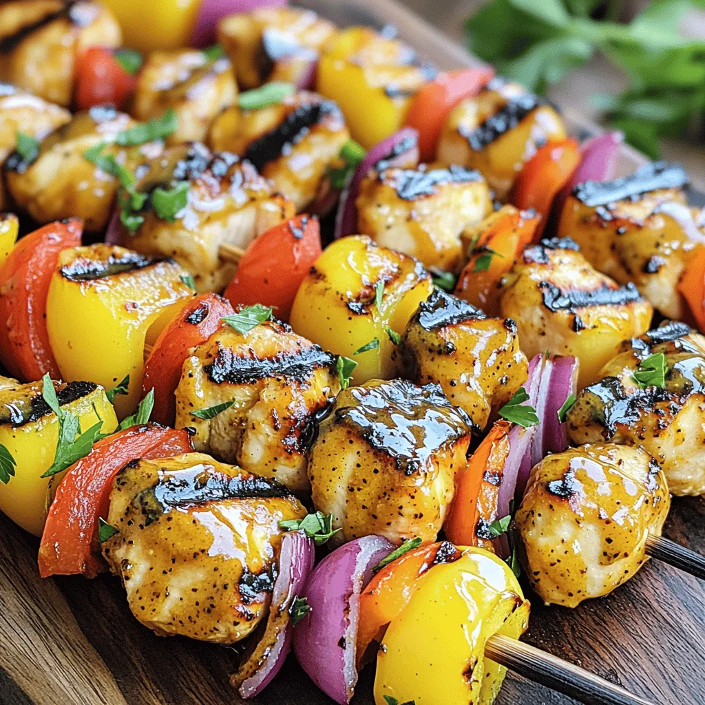To make Honey Mustard Chicken Skewers, you need fresh and tasty ingredients. Here’s what you'll use: - 500g chicken breast, cut into 1-inch cubes - 3 tablespoons honey - 3 tablespoons Dijon mustard - 2 tablespoons olive oil - 1 tablespoon apple cider vinegar - 1 teaspoon garlic powder - 1 teaspoon onion powder - Salt and pepper to taste - 1 bell pepper (any color), cut into 1-inch pieces - 1 medium red onion, cut into wedges These ingredients give the chicken a sweet and tangy flavor that everyone loves. You will need some key items to cook your skewers perfectly: - Marinade bowl - Grill or grill pan - Meat thermometer These will help ensure your chicken is juicy and safe to eat. Lastly, gather the tools for easy cooking: - Skewers (wooden or metal) - Whisk for mixing - Resealable bag or shallow dish for marinating Using these tools makes the cooking process smooth and fun. For the full recipe, check the details above. Enjoy grilling! To make a tasty marinade, you start by mixing ingredients. In a medium bowl, whisk together: - 3 tablespoons honey - 3 tablespoons Dijon mustard - 2 tablespoons olive oil - 1 tablespoon apple cider vinegar - 1 teaspoon garlic powder - 1 teaspoon onion powder - Salt and pepper to taste Mix these until smooth. This creates a sweet and tangy flavor that makes the chicken shine. Next, you prepare the chicken. Cut 500g of chicken breast into 1-inch cubes. Place the chicken in a large resealable bag or shallow dish. Pour the marinade over the chicken. Seal the bag or cover the dish tightly. Refrigerate for at least 30 minutes. If you can wait, marinate for up to 2 hours. This lets the chicken soak up all the yummy flavors. When you’re ready to grill, preheat your grill to medium-high heat. If you use wooden skewers, soak them in water for 30 minutes. This stops them from burning on the grill. Now it’s time to thread the chicken onto the skewers. Alternate the chicken with pieces of bell pepper and red onion. This adds color and taste. Cook the skewers on the grill for about 10-12 minutes. Turn them often. The chicken should be cooked through and reach an internal temperature of 75°C (165°F). After grilling, let the skewers rest for a couple of minutes before serving. For a delightful touch, serve the skewers on a platter with fresh parsley or cilantro. You can also drizzle extra honey mustard sauce on top for more flavor. For the complete recipe, check out the [Full Recipe]. Start by mixing honey and Dijon mustard. This blend gives the chicken a sweet and tangy taste. Use high-quality honey for better flavor. Add olive oil and apple cider vinegar for moisture and zest. For extra depth, sprinkle in garlic powder and onion powder. Taste the marinade; adjust salt and pepper to your liking. A good marinade makes a big difference! Heat your grill to medium-high. This temperature cooks the chicken evenly. If it’s too hot, the outside burns before the inside cooks. Aim for about 10-12 minutes of cooking time. Keep an eye on the chicken. You want it to reach 75°C (165°F). Use a meat thermometer for best results. Let the skewers rest for a bit before serving. This keeps them juicy. When building your skewers, use a mix of chicken and veggies. This adds flavor and color. Soak wooden skewers in water for 30 minutes. This prevents them from burning on the grill. Thread the chicken cubes and veggies tightly but leave space for heat to circulate. Alternate between chicken, bell pepper, and onion for a nice look. This technique makes each bite delicious! For the full recipe, check the previous section. {{image_2}} You can switch the chicken for other meats. Try using shrimp, pork, or beef. Each option brings a new taste. For shrimp, grill just until pink. For pork or beef, cut them into cubes like the chicken. Adjust the marinade time as needed. This way, you can enjoy honey mustard skewers in different styles. Adding veggies makes these skewers even better. Bell peppers are great, but don’t stop there! Try zucchini, cherry tomatoes, or mushrooms. Cut them into similar sizes so they cook evenly. You can mix and match any veggies you like. They add color and flavor, making your dish more exciting. Feel free to change the flavor of the marinade. You can use spicy mustard for a kick. Adding fresh herbs like thyme or rosemary gives a nice aroma. Want a tangy twist? Try adding lemon juice instead of vinegar. Each variation offers a new experience. Explore these ideas to find your favorite taste. Check out the Full Recipe for more tips! After enjoying your honey mustard chicken skewers, you may have some left. Store them in an airtight container. They will stay fresh for up to three days in the fridge. Make sure to let the skewers cool down first. This helps keep them juicy and tasty. When you want to eat your leftovers, reheating is key. You can use a microwave or an oven. For the microwave, heat them in 30-second bursts. Check often to avoid overcooking. If using an oven, preheat it to 180°C (350°F). Place the skewers on a baking sheet and heat for about 10 minutes. This method keeps them crispy. If you want to save your skewers for later, freezing is a great option. Wrap each skewer tightly in plastic wrap. Then, place them in a freezer-safe bag or container. They can last up to three months. When you're ready to eat, thaw them overnight in the fridge before reheating. Enjoy your delicious honey mustard chicken skewers even after a long time! For the full recipe, check out the cooking instructions above. You should marinate the chicken for at least 30 minutes. This gives the chicken time to soak up the flavors. For better taste, marinating it for up to 2 hours works great. Avoid marinating for more than 2 hours. The acid in the marinade can make chicken tough. Yes, you can cook these skewers in the oven. Preheat your oven to 200°C (400°F). Place the skewers on a baking sheet lined with foil. Bake them for about 15-20 minutes. Make sure to turn them halfway through to ensure even cooking. This method is great when grilling isn't an option. These skewers pair well with several sides. Here are a few ideas: - Fresh salad with mixed greens - Grilled vegetables like zucchini and corn - Rice or quinoa for a hearty meal - Garlic bread for a tasty addition - Coleslaw for a crunchy contrast These sides enhance the meal and make it more colorful! For the full recipe, check out the details above. Honey mustard chicken skewers are simple and fun to make. We covered the key ingredients, tools, and step-by-step instructions. You learned how to perfect the marinade and grill the skewers just right. Consider trying different proteins and veggies for new flavors. Proper storage keeps your leftovers fresh and tasty. Remember, cooking should be enjoyable and easy. Now, gather your ingredients and start grilling!