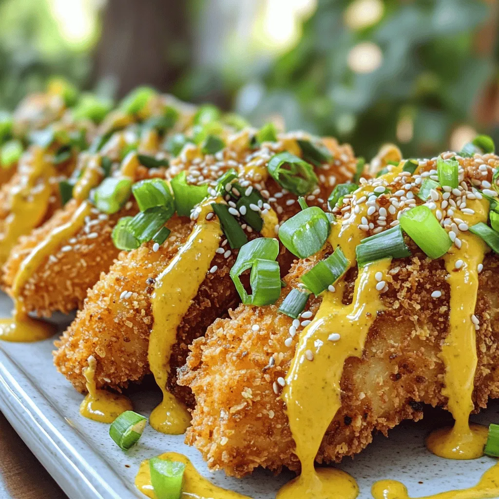 - 1 lb (450g) chicken breast, cut into bite-sized pieces - 1/2 cup cornstarch - 1 cup Panko breadcrumbs - 1/2 teaspoon salt - 1/2 teaspoon black pepper - 1/2 teaspoon garlic powder - 1/2 teaspoon paprika - 1/4 cup mayonnaise - 2 tablespoons sweet chili sauce - 1 tablespoon sriracha - Green onion and sesame seeds for garnish The key to making Bang Bang Chicken lies in selecting quality ingredients. First, the chicken breast should be fresh and cut into evenly sized pieces. This ensures all pieces cook evenly. The cornstarch adds a great crunch, while Panko breadcrumbs give a light, crispy texture. Next, the seasoning mix is vital. The salt, black pepper, garlic powder, and paprika work together to enhance the chicken's flavor. You can tweak these spices to match your taste. For the sauce, mayonnaise forms a creamy base. Sweet chili sauce adds a hint of sweetness, and sriracha brings the heat. Feel free to adjust the amount of sriracha if you like it spicier. Lastly, sprinkling green onions and sesame seeds on top not only adds flavor but also a nice pop of color. You can find the Full Recipe for Bang Bang Chicken at the top of this section. This recipe offers a delightful balance of crispy chicken and a tangy, spicy sauce. To start, gather your chicken breast. Cut it into bite-sized pieces. In a large bowl, mix together the cornstarch, salt, black pepper, garlic powder, and paprika. This mix adds flavor and helps the chicken crisp up. Coat each piece of chicken in the cornstarch mixture. Make sure every piece is coated well. Shake off any extra. Next, dip the chicken into beaten eggs or water. If you prefer a vegan option, water works just fine. After that, roll the chicken in Panko breadcrumbs. Press lightly to ensure they stick well. Now it's time to cook! Heat oil in a frying pan over medium-high heat. Make sure the oil is hot before adding the chicken. This helps achieve that golden brown color. Cook the chicken in small batches, about five pieces at a time. Fry each batch for 4 to 5 minutes. You want them crispy and cooked through. Once done, remove them and let them drain on paper towels. This keeps them crisp. While the chicken cooks, let's whip up the Bang Bang sauce. In a small bowl, combine mayonnaise, sweet chili sauce, and sriracha. Mix until smooth. This sauce adds a creamy and spicy kick to your chicken. Once all the chicken is cooked, toss the pieces in half of the Bang Bang sauce. Make sure they are well coated. For serving, lay the chicken on a platter and drizzle the remaining sauce on top. Garnish with chopped green onions and sesame seeds. This adds flavor and a nice touch to your dish. For the complete recipe, check out the Full Recipe. To make your Bang Bang Chicken perfect, heat the oil well. Oil that is too cool will make your chicken soggy. The right temperature gives you a nice, crispy crust. Use a thermometer to check if needed. Also, avoid overcrowding the pan. If you add too many pieces at once, they steam instead of fry. Fry in small batches for even cooking. This way, you get that golden-brown color and crunch. Want a vegan twist? You can replace eggs with water. This keeps your coating crispy without the eggs. For the sauce, swap mayonnaise with a vegan version or yogurt. If you want it spicier, use more sriracha or a chili paste. Garnishing makes your dish pop. Use chopped green onions and sesame seeds for a fresh look. Drizzle extra Bang Bang sauce on top for color. For serving, consider a side of steamed rice or a fresh salad. This adds balance and makes your meal more filling. Pairing is key for a tasty experience. {{image_2}} To make it more exciting, you can add more sriracha to the sauce. This will boost the heat and flavor. You can also use spicy seasoning blends. Try cayenne pepper or chili powder for a kick. These changes will make your dish stand out. You can serve the Bang Bang chicken over rice or quinoa. This adds a nice base and makes it filling. Adding vegetables like bell peppers or broccoli will give it more color and crunch. It’s a great way to get more nutrients into your meal. If you need a gluten-free meal, swap the Panko breadcrumbs for gluten-free ones. This will keep the crunch without the gluten. Make sure all sauces you use are gluten-free too. This way, everyone can enjoy the dish without worry. For the full recipe, check the Bang Bang Chicken Delight section. To store leftover Bang Bang Chicken, place it in an airtight container. This keeps it fresh and safe. Store it in the fridge for up to three days. Make sure it cools down to room temperature before sealing the container. This helps prevent moisture buildup, which can make the chicken soggy. If you want to keep Bang Bang Chicken for longer, freezing is a great option. Place the chicken in a freezer-safe bag or container. Remove as much air as possible to prevent freezer burn. You can freeze it for up to three months. When you're ready to eat, thaw it overnight in the fridge. You can also use the microwave for quick thawing if needed. To reheat Bang Bang Chicken and keep it crispy, use an oven or an air fryer. Preheat your oven to 375°F (190°C). Place the chicken in a single layer on a baking sheet. Heat for about 10-15 minutes. An air fryer works well too; just set it to 350°F (175°C) for about 5-8 minutes. Avoid using the microwave, as it can make the chicken soggy. Enjoy the crunch! Bang Bang Chicken has roots in Chinese cuisine. It is said to come from the Sichuan region. The dish became popular for its crunchy texture and tasty sauce. In recent years, it gained fame in Western restaurants. People love it for its bold flavors and fun presentation. Yes, you can prepare Bang Bang Chicken in advance. Cook the chicken and store it in the fridge. You can keep it for up to three days. When you're ready to eat, reheat it gently in the oven. This helps keep it crispy. You can also make the sauce ahead of time. Just mix the sauce and store it separately. Bang Bang Chicken can be spicy, but you can adjust the heat. The sauce has sriracha, which adds heat. If you prefer less spice, use less sriracha. You can also swap it for a milder sauce. Taste as you mix and find what you like best. This way, you can make it perfect for your taste! This blog post covers how to make Bang Bang Chicken. We explored the key ingredients, including chicken, cornstarch, and Panko breadcrumbs. You learned how to prepare, cook, and make the tasty sauce. Tips for cooking, ingredient swaps, and presentation ideas were included. In conclusion, Bang Bang Chicken is easy and fun to make. You can customize it to suit your taste. Whether you enjoy it spicy or mild, this dish is sure to impress. Don’t hesitate to try different variations and enjoy your delicious creation!