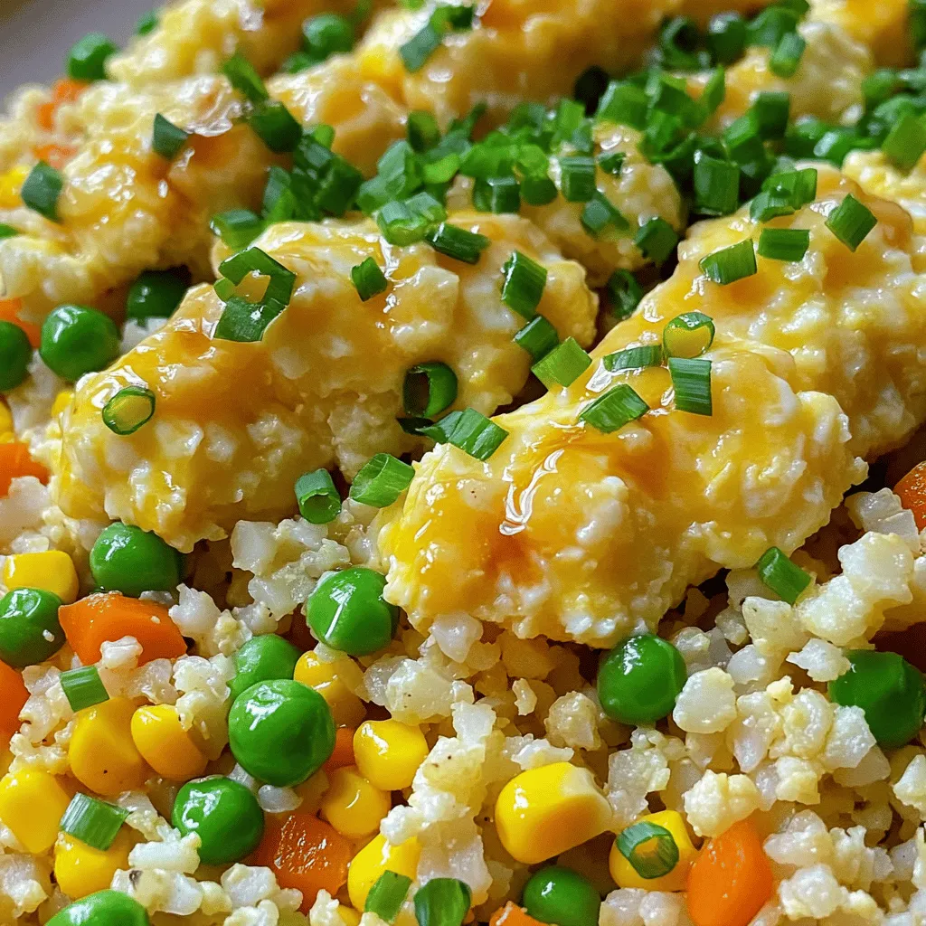 - 1 medium head of cauliflower, grated into rice-sized pieces - 1 cup mixed vegetables (peas, carrots, corn) - 2 large eggs, lightly beaten - 3 cloves garlic, minced - 1 tablespoon fresh ginger, minced - 3 tablespoons soy sauce (or tamari for gluten-free) - 1 tablespoon sesame oil - Salt and pepper to taste - 1/4 cup diced tofu or chicken for added protein - 3 green onions, finely sliced When I make cauliflower fried rice, I love using fresh ingredients. The cauliflower acts as the base, giving a nice, light texture. Grating it into rice-sized pieces is key! It cooks quickly and absorbs flavors well. I add a mix of vegetables. Peas, carrots, and corn bring color and taste. They also provide a fun crunch. Eggs are a must for protein and richness. Whipping them in adds a nice touch, too. For flavor, I use garlic and ginger. These two add a great aroma. They wake up my taste buds! Soy sauce lends a salty depth. If you're gluten-free, tamari works just as well. Sesame oil gives a lovely nutty flavor that ties everything together. You can also add diced tofu or chicken if you want more protein. This makes it heartier. Lastly, I sprinkle green onions on top. They add brightness and make the dish look pretty. This combination of ingredients makes the fried rice quick and satisfying. You can find the full recipe above to create this tasty dish! - Remove leaves and stem from the cauliflower. - Grate it using a box grater or food processor. I love using cauliflower as a rice substitute. It has a mild taste and takes on flavors well. When you grate the cauliflower, it should look like little rice grains. This step is key to making the dish light and fluffy. - Heat sesame oil in a skillet over medium heat. - Sauté minced garlic and ginger until fragrant. Next, heat the sesame oil in a large skillet. This oil adds a nice nutty flavor. After it’s hot, toss in the minced garlic and ginger. Cook them until they smell great, about 30 seconds. The aroma will make you hungry right away! - Add protein (if using) and cook until golden brown. - Stir-fry mixed vegetables until tender, then add eggs and scramble. - Mix grated cauliflower and soy sauce, stir-frying for 5-7 minutes. If you want to add protein like tofu or chicken, do it now. Cook until it turns golden brown. Then, add your mixed vegetables and stir-fry for about 3 to 4 minutes. They should be tender but still crisp. Push them to one side of the skillet. Pour your beaten eggs on the other side and scramble them until fully cooked. Finally, mix in the grated cauliflower and pour in the soy sauce. Stir-fry for 5 to 7 minutes. The cauliflower should be tender now, and all the flavors will blend nicely. For the full recipe, check out the details provided earlier. Enjoy your colorful, tasty meal! To avoid mushy cauliflower, make sure to cook it quickly. I suggest using high heat. This helps the cauliflower rice stay firm and gives it a nice bite. If you cook it on low heat, it releases too much water, making it soggy. So, remember, high heat is key! To boost flavor, consider adding spices like garlic powder or chili flakes. You can also use fresh herbs like cilantro or basil for a pop of freshness. Adding these ingredients at the end keeps their flavor bright and vibrant. A sprinkle of sesame seeds can also add a nice crunch to your dish. Prepare your vegetables and cauliflower the day before. This makes cooking quick and easy. You can also use frozen mixed vegetables. They are ready to go and cut down your prep time. Just toss them in the pan straight from the freezer. It’s a great way to save time while still enjoying a tasty meal. For the full recipe, check out the main article. {{image_2}} You can add protein to your cauliflower fried rice for a heartier meal. Dicing chicken or shrimp works great. Cook them in the pan until golden brown. This adds flavor and makes the dish more filling. If you prefer a vegetarian option, use tofu. Dice the tofu into small cubes and cook until crispy. It absorbs flavors well and adds texture. You can switch up the veggies for variety. Bell peppers and broccoli are great choices. They add color and crunch. You can even use leftover vegetables from your fridge. Cauliflower rice serves as a base for different cuisines. Try adding peas for a classic touch or corn for sweetness. To change the flavor, add spices like curry powder or sriracha. These spices give a unique twist to your dish. You can also experiment with sauces and marinades. Try teriyaki or sweet chili sauce for a different taste. Each choice brings a new experience to your cauliflower fried rice. For the full recipe, check out my guide! To store leftover cauliflower fried rice, let it cool first. Place it in an airtight container. This way, it keeps fresh longer. You can store it in the fridge for up to three days. After that, the texture and flavor may change. Freezing cauliflower fried rice is a great way to save it for later. First, let it cool completely. Then, portion it into freezer bags. Remove as much air as possible before sealing. This method prevents freezer burn. You can freeze it for up to three months. When you want to eat frozen cauliflower fried rice, you have two options. The microwave is fast. Just use the defrost setting. Stir it often to ensure even heating. The stovetop is another choice. Heat it in a skillet over medium heat. Add a splash of water to help steam it. Both methods work well for meal prep. You can make cauliflower fried rice in advance easily. First, cook the cauliflower rice and any added veggies. Let it cool completely. Then, store it in an airtight container in the fridge for up to three days. If you want to freeze it, place the cooled fried rice in a freezer bag. It can last up to three months in the freezer. When you’re ready to eat, just thaw and reheat it in a skillet. This makes meal prep super simple. Yes, cauliflower fried rice is very healthy! It has fewer carbs than regular fried rice. Cauliflower is low in calories and high in fiber. It also provides vitamins C and K. You get nutrients without the heavy rice. Plus, you can load it with vegetables, making it even better for you. This dish helps you feel full and satisfied without extra calories. Absolutely! Frozen cauliflower rice is a great time-saver. It cooks quickly and is usually prepped. Just skip the grating step. When using frozen, heat it in your skillet without thawing. Add it to your dish after sautéing the garlic and ginger. Cook for about 5-7 minutes until everything is hot. This helps keep the texture right. If you want to skip soy sauce, there are many tasty options. You can use coconut aminos for a sweeter taste. Another choice is to use a mix of vinegar and a little honey. You can also try a splash of lemon or lime juice for a fresh twist. Adding fresh herbs, like cilantro or basil, can give great flavor too. Just adjust the amounts to suit your taste. Homemade cauliflower fried rice can last in the fridge for about three days. Keep it in an airtight container to maintain freshness. Look out for signs of spoilage, like an off smell or change in color. If you freeze it, it can last up to three months. Just remember to label your containers so you don’t forget what’s inside. In this blog post, we explored how to make a tasty cauliflower fried rice. We looked at ingredients like cauliflower, mixed veggies, and eggs. I shared clear steps to cook and combine these ingredients effectively. Tips and variations help you make this dish your own. This recipe is a healthy twist on traditional fried rice. It’s easy to prepare and is perfect for meal prep. Enjoy experimenting with flavors and ingredients to suit your taste!