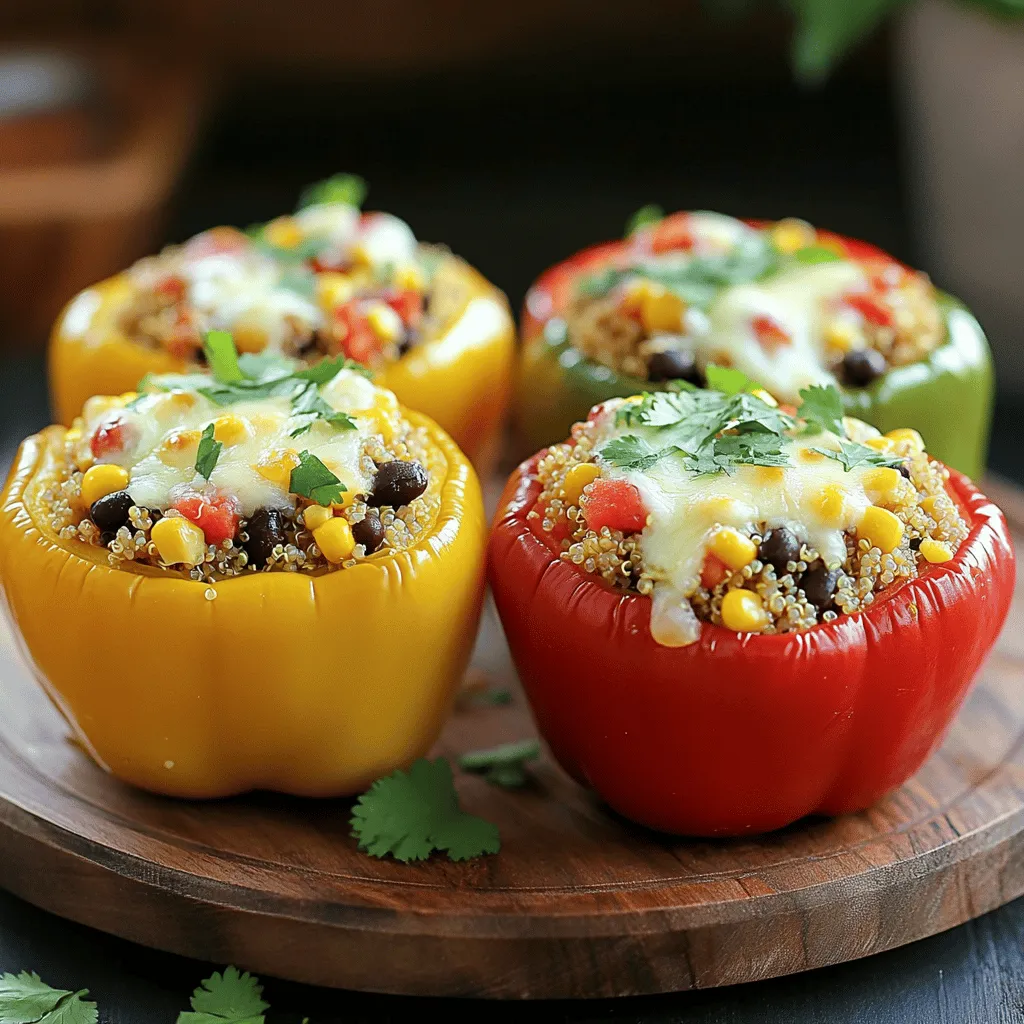 - 4 large bell peppers (any color) - 1 cup quinoa, rinsed - 2 cups vegetable broth - 1 can (15 oz) black beans, drained and rinsed - 1 cup corn (fresh or frozen) - 1 teaspoon cumin - 1 teaspoon smoked paprika - 1 teaspoon garlic powder - 1 teaspoon onion powder - 1 cup diced tomatoes (fresh or canned) - ½ cup shredded cheese (cheddar or a dairy-free alternative) - Salt and pepper to taste - Fresh cilantro for garnish The main ingredients in stuffed bell peppers offer great health benefits. Quinoa is high in protein and fiber. It helps keep you full and supports muscle health. Bell peppers are rich in vitamins A and C. These vitamins boost your immune system and help your skin. Black beans are a good source of fiber and protein. They keep your heart healthy and aid digestion. Corn provides essential nutrients like vitamin B and folate. It also adds a sweet flavor to the dish. Finally, using fresh cilantro adds antioxidants and can help improve digestion. If you have dietary needs, you can change some ingredients. Use brown rice instead of quinoa for a different grain. For a vegan version, skip the cheese or use a dairy-free option. If you are gluten-free, check that your broth is gluten-free. You can add turkey or chicken for extra protein if you like meat. If you can't find bell peppers, zucchini or eggplant can be used instead. These changes keep the dish tasty and healthy for everyone. For the full recipe, check out the earlier section. Start by preheating your oven to 375°F (190°C). Take your four large bell peppers and cut off the tops. Remove the seeds and membranes inside. This step makes room for the tasty filling. Place the peppers upright in a baking dish. Make sure they stand steady so they can hold all the goodness. Next, grab a medium saucepan. Pour in two cups of vegetable broth and bring it to a boil. Once boiling, add one cup of rinsed quinoa. Reduce the heat to low and cover the pan. Let it cook for about 15 minutes. You’ll know it's done when the quinoa is fluffy and absorbs all the broth. This fluffy texture adds great bite to your stuffed peppers. In a large mixing bowl, combine the cooked quinoa, one can of drained black beans, and one cup of corn. Then, add one teaspoon each of cumin, smoked paprika, garlic powder, and onion powder. Toss in one cup of diced tomatoes. Mix everything until well combined. Taste your filling and season with salt and pepper. Now, carefully stuff each bell pepper with this tasty mixture, packing it gently. Now, it’s time to bake! Top each stuffed pepper with half a cup of shredded cheese. Cover your baking dish with foil and bake for 25 minutes. After 25 minutes, remove the foil and bake for another 10 minutes. This step makes the cheese melt and turn golden. Once done, take them out and let them cool for a few minutes. Garnish with fresh cilantro before serving. Enjoy your colorful quinoa-stuffed bell peppers! For the complete process, check the Full Recipe. To make fluffy quinoa, rinse it well before cooking. Rinsing removes the bitter coating called saponin. Use a ratio of 1 cup of quinoa to 2 cups of vegetable broth. This helps it cook perfectly. Bring the broth to a boil before adding the quinoa. Once you add it, reduce the heat to low and cover the pot. Let it simmer for about 15 minutes. When done, remove it from heat and let it sit for 5 minutes. Fluff it with a fork for the best texture. You can boost the flavor of your stuffed peppers in fun ways. Try adding fresh herbs like cilantro or parsley. A squeeze of lime juice adds brightness. You could also mix in some diced jalapeños for heat. If you love cheese, consider using a mix of different cheeses. Feta or goat cheese can add a creamy touch. For an umami kick, add a tablespoon of soy sauce to the filling. Each of these tweaks makes the dish uniquely yours. One mistake is overstuffing the peppers. If you pack them too tightly, they may burst while baking. Another issue is not cooking the quinoa properly. If it is undercooked, the texture won't be right. Don’t forget to season your filling. A little salt and pepper can go a long way. Lastly, avoid leaving the stuffed peppers uncovered while baking. This can cause the cheese to burn and the peppers to dry out. Follow these tips for a tasty meal that impresses! {{image_2}} You can easily make stuffed bell peppers vegetarian or vegan. Simply skip the cheese. You can replace it with a plant-based cheese or nutritional yeast for a cheesy flavor. You can also add more veggies, like zucchini or mushrooms. This makes the dish colorful and tasty. Use vegetable broth instead of chicken broth to keep it plant-based. Want to boost protein? Try adding cooked lentils or chickpeas. These options mix well with quinoa. You can also toss in some diced tofu for extra protein. If you love meat, ground turkey or chicken works great too. Mix these into the quinoa filling for a hearty twist. You can cook stuffed peppers in different ways. The air fryer is a fast method. Preheat it to 370°F (188°C) and cook for about 15-20 minutes. The instant pot is another great choice. Place the stuffed peppers on the trivet and add one cup of water. Cook on high pressure for 8 minutes. Both methods keep the peppers tender and delicious. For the full recipe, check out the detailed steps to create these tasty stuffed peppers! To keep your stuffed peppers fresh, let them cool first. Place them in an airtight container. You can store them in the fridge for up to four days. This way, they will stay tasty and safe to eat. To reheat your peppers, preheat your oven to 350°F (175°C). Place the stuffed peppers in a baking dish. Cover them with foil to keep them moist. Bake for about 20 minutes. You can also use a microwave if you're in a hurry. Just heat them for 2-3 minutes until warm. You can freeze stuffed peppers for later meals. First, let them cool completely. Wrap each pepper tightly in plastic wrap, then place them in a freezer bag. They can last up to three months in the freezer. When you're ready to eat, thaw them in the fridge overnight, then reheat as mentioned above. Enjoy your meal anytime! For the full recipe, check the earlier section. Yes, you can use other grains like rice, farro, or barley. Each grain brings its own taste and texture. Adjust the cooking time based on the grain you choose. For example, brown rice takes longer to cook than quinoa. Quinoa is done when it looks fluffy and the tiny white tails appear. This takes about 15 minutes on low heat. If you see water left, let it cook a bit longer. You can add diced zucchini, mushrooms, or spinach. These veggies add more flavor and nutrition. Just chop them small so they mix well with the quinoa. Yes, you can prep stuffed peppers a day before. Just store them in the fridge after stuffing. When you're ready, bake them as directed. They make a quick, healthy meal when you're busy. For the full recipe, check out the details above. Stuffed bell peppers with quinoa offer a tasty and healthy meal option. We covered key ingredients, their health benefits, and substitutions for diets. I walked you through the step-by-step cooking process, tips to avoid common mistakes, and different cooking methods. Plus, we explored storage and reheating tips. These peppers fit into many diets and work for leftovers too. Enjoy creating your own delicious versions!
