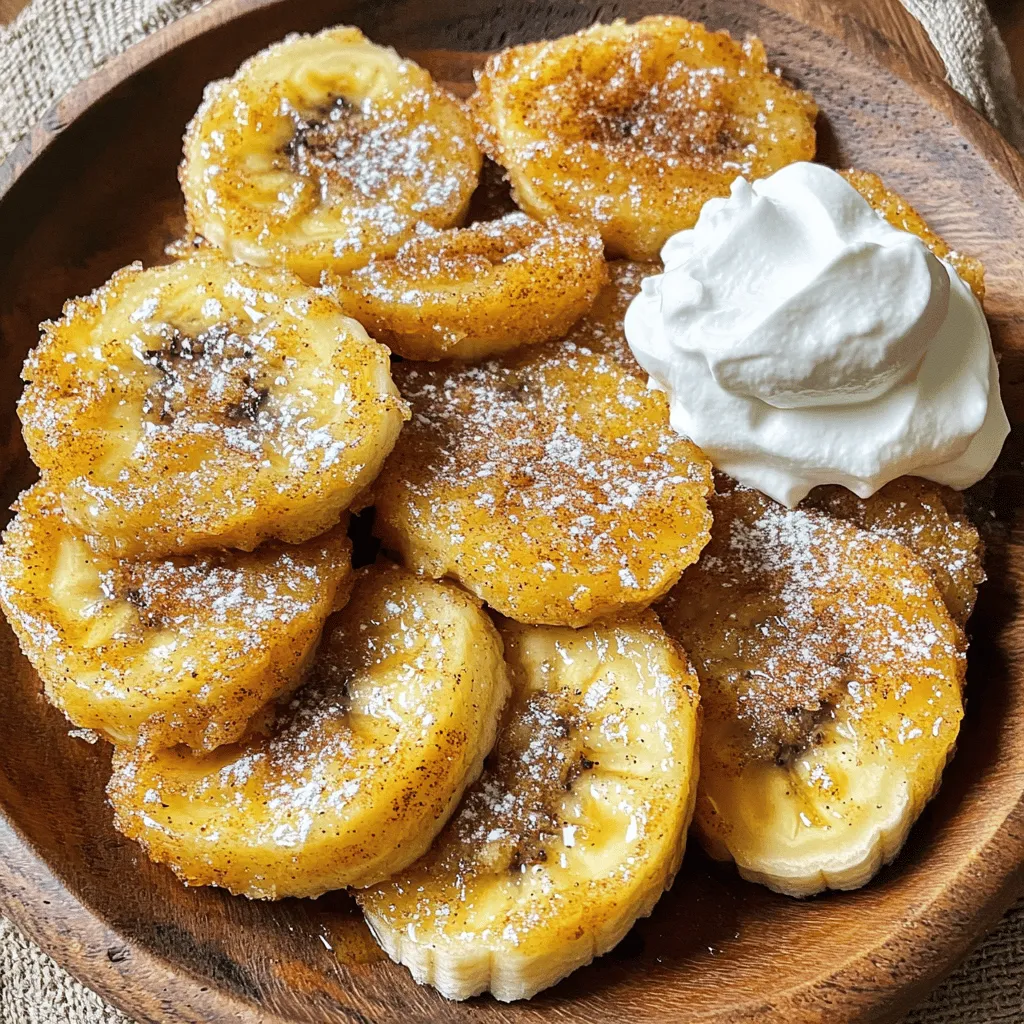 - 2 ripe bananas - 1/4 cup all-purpose flour - 1/4 cup granulated sugar - 1 teaspoon ground cinnamon - 1/2 teaspoon baking powder - 1/4 cup milk (or plant-based alternative) - 1/2 teaspoon vanilla extract - 1/4 cup vegetable oil (for frying) - Optional: whipped cream or vanilla ice cream for serving To make these fried cinnamon bananas, we need a few simple ingredients. Start with 2 ripe bananas. Ripe bananas are sweet and soft, perfect for frying. Next, we need 1/4 cup of all-purpose flour. This helps to create a nice coating. We also need 1/4 cup of granulated sugar to add sweetness. One teaspoon of ground cinnamon gives a warm flavor that pairs well with bananas. You will need 1/2 teaspoon of baking powder to help the batter puff up a bit. For moisture, use 1/4 cup of milk, or you can pick a plant-based option. Add in 1/2 teaspoon of vanilla extract for a hint of extra flavor. Finally, we need 1/4 cup of vegetable oil for frying. This makes our bananas crispy. If you want to make it even more special, consider serving them with whipped cream or a scoop of vanilla ice cream. These toppings add a creamy touch to the sweet treat. With all these ingredients ready, you are set to create a delicious dessert. For the full recipe, follow along as we move to the cooking steps. 1. Peel and slice the bananas: Start by peeling two ripe bananas. Place them on a cutting board. Slice them diagonally into 1/2-inch thick pieces. Set these slices aside for later. 2. Prepare the batter: In a mixing bowl, combine 1/4 cup all-purpose flour, 1/4 cup granulated sugar, 1 teaspoon ground cinnamon, and 1/2 teaspoon baking powder. Mix these dry ingredients well to break up any lumps. Next, add 1/4 cup milk and 1/2 teaspoon vanilla extract. Whisk until smooth. The batter should be thick enough to coat the banana slices nicely. 1. Frying the banana slices: Heat 1/4 cup vegetable oil in a frying pan over medium heat. Test the oil by dropping in a bit of batter. It should sizzle. Once the oil is ready, dip each banana slice into the batter. Let any extra batter drip off. Carefully place the slices into the hot oil. Fry them in batches to avoid crowding the pan. 2. Draining and serving: Cook the banana slices for about 2-3 minutes on each side. They should turn golden brown and crispy. Once cooked, use a slotted spoon to transfer the fried bananas to a paper towel-lined plate. This helps drain excess oil. Serve them warm, and for an extra treat, top with whipped cream or a scoop of vanilla ice cream from the Full Recipe. To make the best fried cinnamon bananas, the batter is key. You want it thick enough to coat the banana slices. Here's how to get it just right: - Mix together 1/4 cup of flour, 1/4 cup of sugar, 1 teaspoon of cinnamon, and 1/2 teaspoon of baking powder. This combo adds great flavor. - Slowly add 1/4 cup of milk and 1/2 teaspoon of vanilla extract. Whisk until smooth. If it's too thin, add a bit more flour. If too thick, add a splash more milk. If you are gluten-free, you can swap the all-purpose flour for almond flour or a gluten-free blend. Both options work well and keep the bananas tasty. Frying is where the magic happens! Getting the oil temperature right is crucial. - Heat the vegetable oil in a pan over medium heat. You want it hot enough to sizzle when you drop in a bit of batter. A good test is to drop a tiny bit of batter into the oil. If it bubbles right away, it’s ready! To avoid soggy bananas, don’t overcrowd the pan. Frying in small batches helps keep the temperature steady. Also, after frying, place the bananas on a paper towel. This helps absorb extra oil and keeps them crispy. With these tips, you’ll serve up fried cinnamon bananas that are delicious and perfectly crispy. For the full recipe, just check above! {{image_2}} You can make fried cinnamon bananas even better with fun toppings. Here are two ideas to try: - Using chocolate sauce: Drizzle warm chocolate sauce over your fried bananas. The sweet and rich flavor of chocolate pairs perfectly with cinnamon. This combo makes each bite a treat. - Adding nuts or sprinkles: Top your bananas with chopped nuts or colorful sprinkles. Nuts add a nice crunch. Sprinkles make your dish look fun and festive. Both toppings give your dessert a new texture and taste. To make your fried cinnamon bananas unique, experiment with flavors. Here are two ways to enhance the taste: - Experimenting with spices: Try adding nutmeg or ginger to the cinnamon. These spices give your dish warmth and depth. A little pinch can change the whole flavor profile. - Using flavored extracts: Instead of vanilla extract, use almond or coconut. These extracts add a new layer of flavor. Just a drop can make your fried bananas stand out. By trying these variations and enhancements, you can create a fried cinnamon banana dish that’s truly special. For the full recipe, check out the details above! Fried cinnamon bananas are best fresh, but you can store leftovers. Place them in an airtight container. Store them in the fridge for up to two days. They may lose some crispness, but they still taste great. To reheat, warm them in a skillet over medium heat. This restores some of their crunch. You can also use an oven. Preheat it to 350°F (175°C). Place the bananas on a baking sheet for about 5–7 minutes. Enjoy them warm again! You can prepare the batter ahead of time. Mix the dry ingredients and store them in a sealed bag. Keep it in the fridge for up to three days. Add milk and vanilla just before frying. If you want to freeze the bananas, slice them and dip them in the batter. Place them on a baking sheet and freeze until solid. Then transfer them to a freezer bag. They can stay in the freezer for up to a month. Just fry them right from frozen when you're ready! Yes, you can try other fruits like apples or peaches. These fruits can add unique tastes. Cut them into slices similar to bananas. Cooking time may change based on the fruit. Apples need a bit more time to get soft. Peaches cook quickly, so watch them closely. Yes, this recipe can fit vegan diets. Use plant-based milk like almond or oat milk. Replace the egg with a bit more flour or use a flax egg. This egg substitute mixes ground flaxseed with water. It gives a similar binding effect in the batter. To achieve crispy fried bananas, ensure your oil is hot enough. The right temperature is key. Dip each banana slice into the batter just before frying. Fry in small batches. Don't overcrowd the pan; it lowers the oil temperature. Cook until golden brown, about 2-3 minutes per side. Following these tips will give you that perfect crunch. In this blog post, we covered a simple and delicious recipe for fried cinnamon bananas. We looked at the key ingredients, detailed preparation and cooking steps, and shared tips to perfect your dish. You learned how to store leftovers and even made tasty variations with different toppings. As you try this recipe, don’t hesitate to get creative with flavors and fruits. With a few easy steps, you can enjoy a sweet treat that warms the heart. Enjoy your cooking adventure!