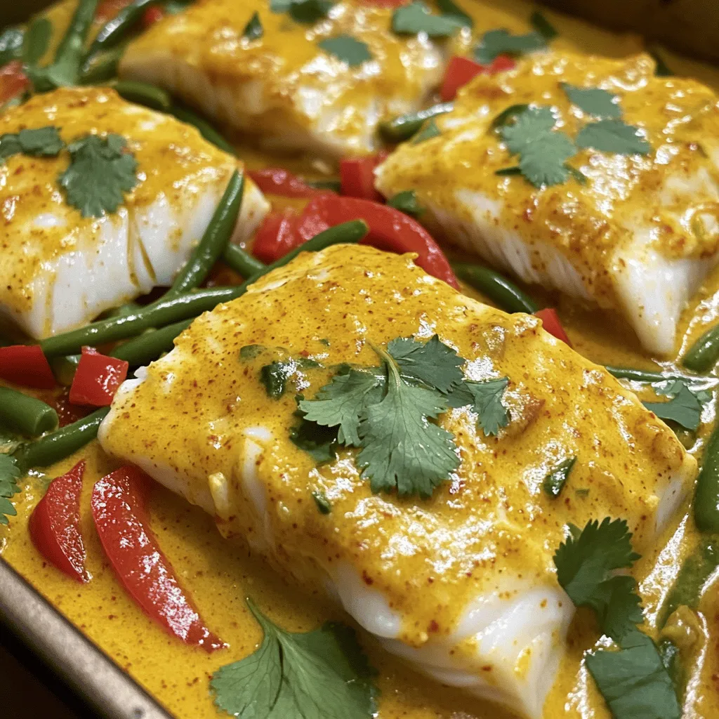 For this dish, you need simple and fresh ingredients. Here’s what you’ll need: - 4 cod fillets (about 6 oz each) - 1 can (14 oz) coconut milk - 2 tablespoons red curry paste - 1 tablespoon fresh ginger, grated - 2 garlic cloves, minced - 1 tablespoon lime juice - 1 tablespoon soy sauce - 1 teaspoon brown sugar - 1 red bell pepper, sliced - 1 cup green beans, trimmed - Fresh cilantro for garnish - Salt and pepper to taste These main ingredients create a creamy curry sauce that pairs perfectly with the cod. Feel free to add extra ingredients for a twist. Here are some optional items you might try: - Chopped scallions for a fresh crunch - A dash of fish sauce for depth - Red pepper flakes for heat - Sliced mushrooms for earthiness Adding these can enhance the flavor and make the dish your own. Coconut Curry Baked Cod is not just tasty; it's healthy too! Here’s a quick look at its nutrition: - Calories: About 300 per serving - Protein: Approximately 28g from cod - Fat: Around 18g from coconut milk - Carbohydrates: Roughly 12g from vegetables - Fiber: 3g from green beans and bell pepper This dish is balanced and nutritious, making it a great choice for dinner. For the full recipe, check out the detailed instructions. Start by gathering all your ingredients. You will need: - 4 cod fillets (about 6 oz each) - 1 can (14 oz) coconut milk - 2 tablespoons red curry paste - 1 tablespoon fresh ginger, grated - 2 garlic cloves, minced - 1 tablespoon lime juice - 1 tablespoon soy sauce - 1 teaspoon brown sugar - 1 red bell pepper, sliced - 1 cup green beans, trimmed - Fresh cilantro for garnish - Salt and pepper to taste Wash the vegetables well. Grate the ginger and mince the garlic. Slice the red bell pepper. Trim the green beans so they cook evenly. This step makes your dish fresh and bright. In a mixing bowl, combine the coconut milk, red curry paste, ginger, garlic, lime juice, soy sauce, and brown sugar. Whisk these together until you have a smooth sauce. The combination gives a rich, creamy flavor. Taste the sauce. Adjust salt and pepper, if needed. This curry sauce is the heart of the dish. Preheat your oven to 375°F (190°C). Take a baking dish and place your seasoned cod fillets inside. Pour half of your coconut curry mixture over the fillets, coating them well. Next, add the sliced red bell pepper and green beans around the cod. Pour the rest of the sauce over the veggies. Cover the dish with aluminum foil. Bake for 20 minutes. This keeps the cod moist. After 20 minutes, remove the foil. Bake for another 10 minutes. The cod should look opaque and flake easily with a fork. When it's done, carefully take it out. Garnish with fresh cilantro. Serve hot, and enjoy the delicious flavors. For the complete method, check the Full Recipe. When picking cod fillets, look for fresh, firm pieces. The color should be white or pale pink. Avoid any fillets that look dull or have brown spots. If possible, buy wild-caught cod. It usually has a better taste and texture. You can also check for a clean ocean scent. This means the fish is fresh and safe to eat. To make your coconut curry taste great, use quality red curry paste. Choose one with a good balance of spices. Don't skip the fresh ginger and garlic; they add depth. Lime juice brightens the dish, so use fresh juice, not bottled. If you like it spicy, you can add more curry paste or even some chili flakes. Taste the sauce before pouring it over the cod. Adjust with a pinch of salt or a bit more sugar if needed. Coconut curry baked cod pairs well with rice or quinoa. These grains soak up the sauce nicely. You can also serve it with a fresh salad for a crunchy texture. I love adding roasted vegetables on the side for more flavor. Fresh cilantro on top gives a nice color and flavor contrast. For drinks, try a chilled white wine or coconut water for a refreshing twist. For more details, check out the Full Recipe. {{image_2}} You can change the veggies in this dish based on what you like. Try using zucchini, spinach, or broccoli. These vegetables cook well with the coconut curry sauce. You can also add sweet potatoes for a sweet twist. Just cut them small so they cook evenly. This gives a new taste while keeping the dish healthy. If cod isn’t your favorite, use other seafood. Salmon or halibut works great too. These fish have a rich flavor that pairs well with curry. You can even use shrimp or scallops. Just adjust the cooking time. Seafood cooks fast, so check it often. This way, you get a tasty meal every time. To make this dish vegetarian or vegan, swap the cod for tofu or chickpeas. Tofu soaks up the curry flavor well. You can also add more vegetables to fill the dish. Use mushrooms or eggplant for extra taste. For the sauce, ensure your curry paste is vegan. This way, you keep all the flavor while making it plant-based. Check the [Full Recipe] for more tips on cooking this dish! After enjoying your Coconut Curry Baked Cod, you may have some leftovers. Store them in an airtight container. Make sure to let the dish cool completely first. This helps keep it fresh. Place the container in the fridge. It will stay good for up to three days. To keep the flavors intact, avoid mixing the vegetables with the cod. When you are ready to eat your leftovers, reheating is simple. Preheat your oven to 350°F (175°C). Place the cod in a baking dish. Cover it with foil to keep it moist. Heat for about 15 minutes, or until warm. You can also use a microwave. Just cover the cod with a damp paper towel. Heat it for one to two minutes, checking often. If you want to save it for later, freezing is a great option. First, let the dish cool down. Then, cut the cod into portions. Wrap each portion tightly in plastic wrap or foil. Place them in a freezer-safe container. This helps prevent freezer burn. You can freeze it for up to two months. When you want to eat it, thaw it in the fridge overnight. Then, reheat as mentioned above. For best taste, consume it sooner than later. For the full recipe, please refer to the main article. Yes, you can use frozen cod. Just ensure you thaw it first. Place it in the fridge overnight or run it under cold water. Frozen cod works well. It may cook a little longer, so check for doneness. You have many tasty options! Here are some ideas: - Steamed jasmine rice - Quinoa for a nutty flavor - Fresh salad with lime dressing - Warm naan bread for dipping - Stir-fried vegetables for extra crunch These sides add great balance to your meal. To spice it up, add more red curry paste. Start with one extra teaspoon. You can also include sliced fresh chilies or red pepper flakes. For a unique twist, try adding a dash of hot sauce. Adjust to your taste, and enjoy the heat! Coconut curry baked cod is a tasty and healthy dish. You learned about key ingredients, step-by-step cooking, and smart tips. Try new veggies or alternate seafood to make it unique. Proper storage keeps your leftovers fresh and delicious. Remember, you can easily adjust spice levels or serve it with many sides. Enjoy making this dish! It’s simple and sure to please. Happy cooking!