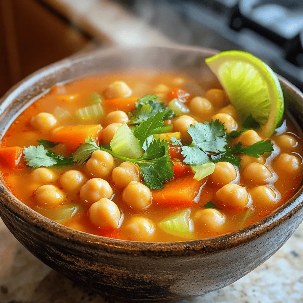 - 1 can (15 oz) chickpeas, drained and rinsed - 1 tablespoon gochujang (Korean chili paste) - 1 medium onion, chopped - 2 cloves garlic, minced - 1 inch ginger, grated - 2 carrots, diced - 1 celery stalk, diced - 1 red bell pepper, diced - 4 cups vegetable broth - 1 cup coconut milk - 2 tablespoons soy sauce - 1 tablespoon sesame oil - Salt and pepper to taste - Fresh cilantro, for garnish - Lime wedges, for serving When selecting ingredients, focus on freshness and quality. Choose chickpeas that are firm and dry. For vegetables, look for vibrant colors and firm textures. Fresh ginger should feel smooth and not shriveled. Gochujang can enhance your soup with its unique heat and flavor. Look for it in Asian markets or the international aisle of your grocery store. This ensures you get the best taste in your dish. Always use low-sodium vegetable broth for a healthier option. It allows you to control the salt level better. Coconut milk should be full-fat for creaminess. This gives the soup a rich texture and flavor. Enjoy making this soup with great ingredients for a delightful meal. You can find the full recipe above. 1. Start by heating sesame oil in a large pot over medium heat. 2. Add the chopped onion and sauté until it turns clear, about 5 minutes. 3. Stir in minced garlic and grated ginger. Cook for 1-2 minutes until you smell the aroma. 4. Next, add diced carrots, celery, and red bell pepper. Cook for 5-7 minutes, stirring often until the veggies soften. 5. Mix in the gochujang and let it cook for one minute to release its flavor. 6. Now, add drained chickpeas, vegetable broth, and soy sauce. Bring it to a boil, then reduce the heat to a simmer. 7. Allow the soup to simmer for 15-20 minutes, letting all the flavors blend. 8. Stir in the coconut milk and season with salt and pepper to your taste. Let it simmer for another 5 minutes until it’s hot. For optimal cooking, keep an eye on the heat. Stir often to avoid burning. This soup cooks well without rushing, so patience is key. This soup shines with fresh toppings. Here are some ideas: - Garnish with fresh cilantro for a burst of flavor. - Serve lime wedges on the side for a zesty kick. Pair the soup with a light drink. A crisp sparkling water or a refreshing iced tea works great. You can find the full recipe at the [Full Recipe] link for more details. To enhance the flavor of your Gochujang chickpea soup, use fresh ingredients. Fresh onions, garlic, and ginger bring depth to your dish. Sauté them until they smell great. This step builds a strong base for your soup. Adding gochujang is key. Mix it in after you soften the veggies. This allows its rich taste to shine. When you add coconut milk, it gives the soup a creamy texture. Stir it in at the end for the best results. For texture, ensure your vegetables are cut evenly. This helps them cook at the same rate. You want soft veggies but not mushy ones. If you like a thicker soup, blend a part of it. This adds creaminess while keeping some whole chickpeas. One common mistake is adding too much gochujang. Start with one tablespoon. You can always add more if you like it spicier. Another mistake is not using enough broth. The soup needs enough liquid to balance the spices. When cooking, avoid high heat. Cooking on medium allows flavors to develop. If you rush, your soup may taste flat. For ingredient swaps, if you don’t have chickpeas, use lentils. They cook faster and still taste great. Remember, fresh herbs like cilantro should be added last. This keeps their flavor bright. Using stale spices can dull your soup, so check your pantry. Follow these tips, and you’ll enjoy a delicious Gochujang chickpea soup. For the full recipe, refer to the recipe section. {{image_2}} If you want to swap chickpeas, try using lentils or white beans. Lentils cook fast and add protein. White beans give a creamy texture. Both options keep the soup hearty and filling. For a spicy kick, consider adding diced jalapeños or crushed red pepper flakes. These ingredients boost heat and enhance the soup's flavor profile. You can also mix in some diced sweet potatoes for a sweet contrast. To make your soup even better, think about herbs and spices. Fresh cilantro adds brightness and freshness. You might also try basil or parsley for a different taste. For more depth, enhance your broth base. You can use mushroom broth instead of vegetable broth. This change adds umami and richness. Another tip is to squeeze fresh lime juice into the soup before serving. It gives a zesty finish that brightens all the flavors. For the full recipe, check out the details above. Store any leftover gochujang chickpea soup in an airtight container. This helps keep it fresh. Allow the soup to cool before sealing the container. It will last in the fridge for about 3 to 4 days. The flavors will deepen as it sits, making it even tastier. To freeze your soup, let it cool completely. Pour it into freezer-safe bags or containers. Leave some space at the top, as the soup will expand when frozen. Your soup can stay good in the freezer for up to 3 months. When you want to reheat, move the soup to the fridge the night before. This will help it thaw slowly. Reheat it on the stove over low heat. Stir often to prevent it from sticking. If it seems too thick, add a splash of vegetable broth or water. Enjoy your meal! For the full recipe, check out the complete guide to making this flavorful dish. Can I make this soup ahead of time? Yes, you can make this soup ahead of time. It tastes even better the next day. Just store it in an airtight container in the fridge. When you are ready to eat, heat it gently on the stove. What is gochujang, and where can I find it? Gochujang is a spicy Korean chili paste. It adds a deep flavor and heat to dishes. You can find it in most grocery stores, usually in the international aisle. You can also find it in Asian markets or online. Overview of calories and macronutrients This soup is not only tasty but also healthy. One serving has about 300 calories. It includes protein, fiber, and healthy fats. Here’s a quick breakdown: - Protein: 10g - Carbohydrates: 40g - Fat: 12g Health benefits of the main ingredients - Chickpeas: High in protein and fiber, great for digestion. - Coconut milk: Provides healthy fats that support heart health. - Vegetables: Packed with vitamins and minerals for overall wellness. - Gochujang: Contains antioxidants and may boost metabolism. This soup is a flavorful healthy delight packed with nutrients. Check out the Full Recipe for a delicious meal! This blog post detailed the key ingredients, cooking steps, and tips to make a delicious soup. We discussed how to choose quality ingredients and avoid common cooking mistakes. You saw variations for dietary needs and learned how to store leftovers for later use. Understanding these steps will help you create tasty meals with ease. Enjoy experimenting and sharing delicious flavors with others. Happy cooking!