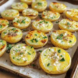 - Baby potatoes - Olive oil - Garlic - Parmesan cheese - Italian herbs - Paprika - Salt and pepper - Fresh parsley For this tasty side dish, you need specific amounts for each ingredient: - 2 pounds baby potatoes, halved - 4 tablespoons olive oil - 6 cloves garlic, minced - 1 cup grated Parmesan cheese - 2 teaspoons dried Italian herbs (like oregano, basil, or thyme) - 1 teaspoon paprika - 1 teaspoon salt - 1/2 teaspoon black pepper - Fresh parsley, chopped for garnish If you need to adjust the serving size, here are some simple conversion tips: - For 2 servings, cut all amounts in half. - For 6 servings, increase each amount by 50%. - Always keep the same ratios for the oil and seasonings to maintain flavor. For the full recipe, refer back to the beginning. Enjoy your cooking! 1. Preheating the oven: Start by setting your oven to 400°F (200°C). This high heat will help achieve that crispy texture we all love. 2. Preparing the baking sheet: Line a large baking sheet with parchment paper. This step makes cleanup easy and prevents sticking. 1. Coating the potatoes with olive oil: In a big bowl, toss the halved baby potatoes with 4 tablespoons of olive oil. Make sure every potato gets a nice coat. 2. Adding seasonings and cheese: Next, mix in 6 cloves of minced garlic, 1 cup of grated Parmesan cheese, 2 teaspoons of dried Italian herbs, 1 teaspoon of paprika, 1 teaspoon of salt, and 1/2 teaspoon of black pepper. Toss well to ensure all potatoes are evenly covered. 1. Cooking times and temperatures: Spread the coated potatoes on the prepared baking sheet in a single layer. Roast them in your preheated oven for about 25-30 minutes. Keep an eye on them! 2. Flipping instructions for even cooking: Halfway through the cooking time, flip the potatoes. This step ensures they roast evenly and get that golden brown color on all sides. For a detailed guide, refer to the Full Recipe. Enjoy the process and the delicious results! To get crispy potatoes, even coating is key. Make sure each potato half gets enough olive oil. This helps them brown nicely. A good technique is to toss the potatoes in a bowl. Mix them well before spreading them on the baking sheet. Flipping them halfway through roasting also helps. This ensures all sides get that golden crunch. To add zest, consider adding lemon juice or zest. You can also use chili flakes for a kick. Fresh herbs like rosemary or thyme work well too. Best combinations include garlic with Italian herbs and a little paprika. These flavors blend perfectly with the cheese. Try mixing in some crushed red pepper for heat or a sprinkle of lemon zest for brightness. For bakeware, a rimmed baking sheet is best. This keeps the oil from spilling. Parchment paper helps with easy cleanup. A good mixing bowl is also helpful for tossing. Use a spatula to spread the potatoes evenly. A good set of measuring spoons makes adding spices easy. These tools make the cooking process smoother and more fun. For the full recipe, check out Garlic Parmesan Bliss Potatoes! {{image_2}} If you need gluten-free or dairy-free options, I have you covered. For a gluten-free version, just check your spices to ensure they are gluten-free. You can also swap the Parmesan cheese for a dairy-free cheese. Nutritional yeast can add a nice cheesy flavor, too. Want to spice things up? Add chili flakes to the mix for a kick. This adds warmth without overpowering the dish. You can also squeeze some lemon juice over the potatoes before serving. It brightens the flavors and adds a fresh twist. Use seasonal veggies to add more color and flavor. Think about adding carrots, bell peppers, or zucchini to the mix. Pairing different cheeses can also enhance the taste. Crumbled feta or sharp cheddar can take these potatoes to the next level. There are many ways to enjoy Garlic Parmesan Roasted Potatoes. Storing leftover Garlic Parmesan roasted potatoes is simple. Place them in an airtight container. This keeps them fresh and tasty. You can store them in the fridge for up to three days. Make sure they are cool before sealing the container. Reheating leftovers can change their texture. The oven gives the best results. Preheat your oven to 350°F (175°C). Spread the potatoes on a baking sheet. Heat them for about 10-15 minutes. This keeps them crispy. If you use the microwave, put them in a bowl with a splash of water. Cover the bowl and heat for 1-2 minutes. This works, but they may be softer. Yes, you can freeze cooked roasted potatoes. This is a great option for meal prep. Let them cool completely first. Then, place them in a freezer-safe bag. Remove as much air as possible before sealing. They can last up to three months in the freezer. To thaw, transfer them to the fridge overnight. For quick thawing, microwave them on defrost. After thawing, reheat them in the oven for the best taste and texture. Enjoy the Garlic Parmesan bliss whenever you want! Garlic Parmesan Roasted Potatoes can last about 3 to 5 days in the fridge. Store them in an airtight container to keep them fresh. If you want to enjoy them later, place them in the coldest part of your fridge. They can lose some crispiness over time, but they will still taste good. Yes, you can prep Garlic Parmesan Roasted Potatoes in advance. Cut the baby potatoes and toss them with the olive oil and seasonings. Place them in the fridge for up to 24 hours before roasting. When you are ready to cook, just take them out and roast as per the instructions. This way, you save time and still get a tasty side dish. These potatoes pair well with many main dishes. Try serving them with grilled chicken, steak, or oven-baked fish. They also go great with a fresh salad. For more ideas, check the Full Recipe. This side dish adds flavor and texture to any meal. Enjoy! In this blog post, we explored how to create delicious Garlic Parmesan Roasted Potatoes. We covered essential ingredients, step-by-step instructions, tips for crispiness, and fun variations. Whether you want to adjust for dietary needs or add seasonal flavors, the options are endless. Proper storage and reheating methods also prolong your leftovers. Enjoy this easy recipe for a tasty side that pairs well with many meals. You now have everything you need to impress family and friends with your cooking skills.