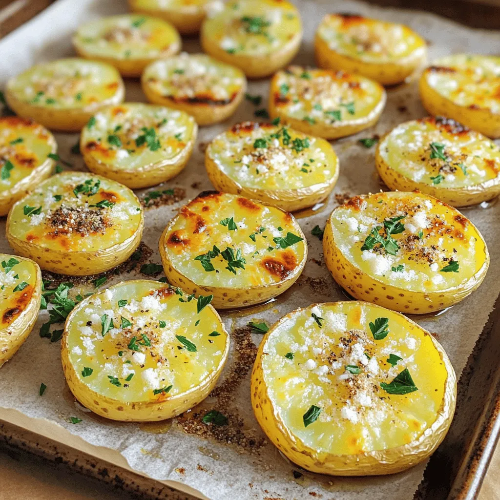 - Baby potatoes - Olive oil - Garlic - Parmesan cheese - Italian herbs - Paprika - Salt and pepper - Fresh parsley For this tasty side dish, you need specific amounts for each ingredient: - 2 pounds baby potatoes, halved - 4 tablespoons olive oil - 6 cloves garlic, minced - 1 cup grated Parmesan cheese - 2 teaspoons dried Italian herbs (like oregano, basil, or thyme) - 1 teaspoon paprika - 1 teaspoon salt - 1/2 teaspoon black pepper - Fresh parsley, chopped for garnish If you need to adjust the serving size, here are some simple conversion tips: - For 2 servings, cut all amounts in half. - For 6 servings, increase each amount by 50%. - Always keep the same ratios for the oil and seasonings to maintain flavor. For the full recipe, refer back to the beginning. Enjoy your cooking! 1. Preheating the oven: Start by setting your oven to 400°F (200°C). This high heat will help achieve that crispy texture we all love. 2. Preparing the baking sheet: Line a large baking sheet with parchment paper. This step makes cleanup easy and prevents sticking. 1. Coating the potatoes with olive oil: In a big bowl, toss the halved baby potatoes with 4 tablespoons of olive oil. Make sure every potato gets a nice coat. 2. Adding seasonings and cheese: Next, mix in 6 cloves of minced garlic, 1 cup of grated Parmesan cheese, 2 teaspoons of dried Italian herbs, 1 teaspoon of paprika, 1 teaspoon of salt, and 1/2 teaspoon of black pepper. Toss well to ensure all potatoes are evenly covered. 1. Cooking times and temperatures: Spread the coated potatoes on the prepared baking sheet in a single layer. Roast them in your preheated oven for about 25-30 minutes. Keep an eye on them! 2. Flipping instructions for even cooking: Halfway through the cooking time, flip the potatoes. This step ensures they roast evenly and get that golden brown color on all sides. For a detailed guide, refer to the Full Recipe. Enjoy the process and the delicious results! To get crispy potatoes, even coating is key. Make sure each potato half gets enough olive oil. This helps them brown nicely. A good technique is to toss the potatoes in a bowl. Mix them well before spreading them on the baking sheet. Flipping them halfway through roasting also helps. This ensures all sides get that golden crunch. To add zest, consider adding lemon juice or zest. You can also use chili flakes for a kick. Fresh herbs like rosemary or thyme work well too. Best combinations include garlic with Italian herbs and a little paprika. These flavors blend perfectly with the cheese. Try mixing in some crushed red pepper for heat or a sprinkle of lemon zest for brightness. For bakeware, a rimmed baking sheet is best. This keeps the oil from spilling. Parchment paper helps with easy cleanup. A good mixing bowl is also helpful for tossing. Use a spatula to spread the potatoes evenly. A good set of measuring spoons makes adding spices easy. These tools make the cooking process smoother and more fun. For the full recipe, check out Garlic Parmesan Bliss Potatoes! {{image_2}} If you need gluten-free or dairy-free options, I have you covered. For a gluten-free version, just check your spices to ensure they are gluten-free. You can also swap the Parmesan cheese for a dairy-free cheese. Nutritional yeast can add a nice cheesy flavor, too. Want to spice things up? Add chili flakes to the mix for a kick. This adds warmth without overpowering the dish. You can also squeeze some lemon juice over the potatoes before serving. It brightens the flavors and adds a fresh twist. Use seasonal veggies to add more color and flavor. Think about adding carrots, bell peppers, or zucchini to the mix. Pairing different cheeses can also enhance the taste. Crumbled feta or sharp cheddar can take these potatoes to the next level. There are many ways to enjoy Garlic Parmesan Roasted Potatoes. Storing leftover Garlic Parmesan roasted potatoes is simple. Place them in an airtight container. This keeps them fresh and tasty. You can store them in the fridge for up to three days. Make sure they are cool before sealing the container. Reheating leftovers can change their texture. The oven gives the best results. Preheat your oven to 350°F (175°C). Spread the potatoes on a baking sheet. Heat them for about 10-15 minutes. This keeps them crispy. If you use the microwave, put them in a bowl with a splash of water. Cover the bowl and heat for 1-2 minutes. This works, but they may be softer. Yes, you can freeze cooked roasted potatoes. This is a great option for meal prep. Let them cool completely first. Then, place them in a freezer-safe bag. Remove as much air as possible before sealing. They can last up to three months in the freezer. To thaw, transfer them to the fridge overnight. For quick thawing, microwave them on defrost. After thawing, reheat them in the oven for the best taste and texture. Enjoy the Garlic Parmesan bliss whenever you want! Garlic Parmesan Roasted Potatoes can last about 3 to 5 days in the fridge. Store them in an airtight container to keep them fresh. If you want to enjoy them later, place them in the coldest part of your fridge. They can lose some crispiness over time, but they will still taste good. Yes, you can prep Garlic Parmesan Roasted Potatoes in advance. Cut the baby potatoes and toss them with the olive oil and seasonings. Place them in the fridge for up to 24 hours before roasting. When you are ready to cook, just take them out and roast as per the instructions. This way, you save time and still get a tasty side dish. These potatoes pair well with many main dishes. Try serving them with grilled chicken, steak, or oven-baked fish. They also go great with a fresh salad. For more ideas, check the Full Recipe. This side dish adds flavor and texture to any meal. Enjoy! In this blog post, we explored how to create delicious Garlic Parmesan Roasted Potatoes. We covered essential ingredients, step-by-step instructions, tips for crispiness, and fun variations. Whether you want to adjust for dietary needs or add seasonal flavors, the options are endless. Proper storage and reheating methods also prolong your leftovers. Enjoy this easy recipe for a tasty side that pairs well with many meals. You now have everything you need to impress family and friends with your cooking skills.