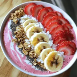 - 1 cup frozen strawberries - 1 ripe banana, sliced - 1/2 cup Greek yogurt - 1/2 cup almond milk - 1 tablespoon honey or maple syrup - 1/4 teaspoon vanilla extract The base of my strawberry banana smoothie bowl is simple yet packed with flavor. I use frozen strawberries. They add a nice chill and sweetness. A ripe banana adds creaminess and natural sweetness. Greek yogurt gives a thick texture and boosts protein. Almond milk keeps it light and creamy. I like to sweeten it with honey or maple syrup. Just a touch of vanilla extract rounds out the flavor. - Sliced fresh strawberries - Banana slices - Granola - Chia seeds - Shredded coconut Toppings make the smoothie bowl fun and colorful. I love using sliced fresh strawberries for a juicy burst. Adding banana slices brings extra sweetness. Granola adds a nice crunch and some fiber. Chia seeds are a great source of omega-3s. I sprinkle shredded coconut for a tropical twist. Each layer adds a new taste and texture. - Protein powder - Spinach or other greens - Nut butter If you want to boost nutrition, consider some add-ins. Protein powder gives you extra protein for energy. Spinach or other greens can sneak in more vitamins without changing the taste. Adding nut butter gives a rich flavor and healthy fats. You can mix and match to fit your needs. For the complete recipe, check out the Full Recipe section. This smoothie bowl is not just healthy; it’s also a treat you can enjoy any time of the day. - Step 1: Blend Ingredients Start by adding frozen strawberries, sliced banana, Greek yogurt, almond milk, honey, and vanilla extract to your blender. Blend on high until smooth and creamy. - Step 2: Adjust Consistency If your smoothie is too thick, add a splash more almond milk. This will help you get the perfect texture that you want. - Step 3: Pour into Bowl Carefully pour the smoothie into a bowl. Use a spatula to smooth the top if you want a nice finish. - Step 4: Creative Presentation For a lovely look, arrange your toppings. Place sliced fresh strawberries and banana on one side. Then sprinkle granola, chia seeds, and shredded coconut on the other side. - Step 5: Drizzle and Serve To add a sweet touch, drizzle honey or maple syrup over the toppings. This makes it even tastier! - Prep Time and Total Time You will need about 10 minutes to make this bowl. That’s all it takes! - Best Time to Serve Enjoy this smoothie bowl for breakfast or a snack. It's a great way to start your day! You can find the Full Recipe in the earlier section of this article. To get a creamy texture, start with frozen strawberries. They help create a thick and smooth blend. Add a ripe banana for natural sweetness and creaminess. Blend everything well, but don't rush. If it seems too thick, add a splash of almond milk. Blend again until it’s just right. If you find it too thin, try adding more frozen fruit. Greek yogurt also helps make it thicker. Just a little can go a long way. Taste is key! If you want it sweeter, add more honey or maple syrup. Start small, then adjust to your liking. For a deeper flavor, consider adding a touch of vanilla extract. You can also mix in a pinch of cinnamon or nutmeg for a warm taste. These options make the smoothie bowl even more delicious. A beautiful bowl makes for a great meal. Use a wide, shallow bowl to show off your work. Arrange your toppings in a fun way. Place sliced strawberries on one side and add banana slices on the other. Sprinkle granola, chia seeds, and shredded coconut for texture. For a special touch, add edible flowers. They make your smoothie bowl pop with color and style. This simple addition makes everything look fancy. {{image_2}} You can change the smoothie bowl by using different fruits. One fun option is a berry medley. Mix frozen strawberries, blueberries, and raspberries for a burst of flavor. This mix adds bright colors and extra nutrients. You can also try a tropical twist. Use ripe mango instead of bananas. Mango adds a sweet and creamy texture, perfect for sunny days. If you need dairy-free options, swap Greek yogurt for coconut yogurt. Almond milk is a great choice too. It keeps the bowl creamy without dairy. For a low-sugar variant, skip the honey or maple syrup. Instead, use ripe bananas for natural sweetness. You can also add a few stevia drops if you want extra sweetness without added sugar. Using fresh fruits makes your smoothie bowl even better. In summer, add fresh strawberries and peaches for a juicy taste. These fruits are ripe and full of flavor. In fall, swap in apples or pears. You can even add a sprinkle of cinnamon for warmth. This way, you enjoy the best flavors of each season in your smoothie bowl. To store your smoothie bowl, place it in a container. Use a lid to keep it fresh. I recommend glass or BPA-free plastic containers. They help avoid spills and keep flavors intact. If you have extra toppings, store them separately to prevent sogginess. If you want to freeze your smoothie bowl, it’s easy. Pour the smoothie mixture into an airtight container. Leave some space at the top, as it may expand when freezing. For best results, freeze toppings separately. To thaw, place the container in the fridge overnight. You can also use a microwave on low. Stir well before serving. In the fridge, your smoothie bowl lasts about one day. The fruits may lose their texture after that. Always check for signs of spoilage. If it smells off or changes color, it’s best to toss it. Fresh strawberries and bananas usually stay good for three to five days. Always choose ripe fruits for the best flavor! Yes, you can make this smoothie bowl ahead of time. Blend the ingredients and store the mixture in the fridge for up to 24 hours. The texture might change a bit, so stir well before serving. You can use regular yogurt, coconut yogurt, or silken tofu. Each option changes the flavor slightly but keeps the bowl creamy and tasty. Absolutely! This smoothie bowl is packed with vitamins, fiber, and protein. The strawberries and bananas provide natural sweetness, while Greek yogurt adds protein and probiotics. It’s a great choice for breakfast or a snack. Yes, adding protein powder is easy! Just mix in your preferred scoop during blending. This boosts the protein content and keeps you full longer. To make this recipe vegan, swap Greek yogurt for coconut yogurt. Use maple syrup instead of honey. This keeps all the yummy flavors while making it plant-based. You can find the Full Recipe for the Strawberry Banana Bliss Smoothie Bowl at the beginning of this article. It has all the details you need to create this delightful treat! In this post, we explored making a delicious strawberry banana smoothie bowl. We covered key ingredients, preparation steps, and tips on texture and flavor. Remember, you can mix fruits and adjust your recipe to fit your taste. Enjoy creative toppings and beautiful presentations to make your bowl even better. This smoothie bowl is not only tasty but also healthy. Whether you enjoy it for breakfast or a snack, it’s a great choice. Now it’s time to get blending and enjoy your tasty creation!