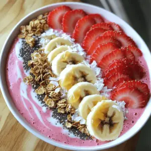 - 1 cup frozen strawberries - 1 ripe banana, sliced - 1/2 cup Greek yogurt - 1/2 cup almond milk - 1 tablespoon honey or maple syrup - 1/4 teaspoon vanilla extract The base of my strawberry banana smoothie bowl is simple yet packed with flavor. I use frozen strawberries. They add a nice chill and sweetness. A ripe banana adds creaminess and natural sweetness. Greek yogurt gives a thick texture and boosts protein. Almond milk keeps it light and creamy. I like to sweeten it with honey or maple syrup. Just a touch of vanilla extract rounds out the flavor. - Sliced fresh strawberries - Banana slices - Granola - Chia seeds - Shredded coconut Toppings make the smoothie bowl fun and colorful. I love using sliced fresh strawberries for a juicy burst. Adding banana slices brings extra sweetness. Granola adds a nice crunch and some fiber. Chia seeds are a great source of omega-3s. I sprinkle shredded coconut for a tropical twist. Each layer adds a new taste and texture. - Protein powder - Spinach or other greens - Nut butter If you want to boost nutrition, consider some add-ins. Protein powder gives you extra protein for energy. Spinach or other greens can sneak in more vitamins without changing the taste. Adding nut butter gives a rich flavor and healthy fats. You can mix and match to fit your needs. For the complete recipe, check out the Full Recipe section. This smoothie bowl is not just healthy; it’s also a treat you can enjoy any time of the day. - Step 1: Blend Ingredients Start by adding frozen strawberries, sliced banana, Greek yogurt, almond milk, honey, and vanilla extract to your blender. Blend on high until smooth and creamy. - Step 2: Adjust Consistency If your smoothie is too thick, add a splash more almond milk. This will help you get the perfect texture that you want. - Step 3: Pour into Bowl Carefully pour the smoothie into a bowl. Use a spatula to smooth the top if you want a nice finish. - Step 4: Creative Presentation For a lovely look, arrange your toppings. Place sliced fresh strawberries and banana on one side. Then sprinkle granola, chia seeds, and shredded coconut on the other side. - Step 5: Drizzle and Serve To add a sweet touch, drizzle honey or maple syrup over the toppings. This makes it even tastier! - Prep Time and Total Time You will need about 10 minutes to make this bowl. That’s all it takes! - Best Time to Serve Enjoy this smoothie bowl for breakfast or a snack. It's a great way to start your day! You can find the Full Recipe in the earlier section of this article. To get a creamy texture, start with frozen strawberries. They help create a thick and smooth blend. Add a ripe banana for natural sweetness and creaminess. Blend everything well, but don't rush. If it seems too thick, add a splash of almond milk. Blend again until it’s just right. If you find it too thin, try adding more frozen fruit. Greek yogurt also helps make it thicker. Just a little can go a long way. Taste is key! If you want it sweeter, add more honey or maple syrup. Start small, then adjust to your liking. For a deeper flavor, consider adding a touch of vanilla extract. You can also mix in a pinch of cinnamon or nutmeg for a warm taste. These options make the smoothie bowl even more delicious. A beautiful bowl makes for a great meal. Use a wide, shallow bowl to show off your work. Arrange your toppings in a fun way. Place sliced strawberries on one side and add banana slices on the other. Sprinkle granola, chia seeds, and shredded coconut for texture. For a special touch, add edible flowers. They make your smoothie bowl pop with color and style. This simple addition makes everything look fancy. {{image_2}} You can change the smoothie bowl by using different fruits. One fun option is a berry medley. Mix frozen strawberries, blueberries, and raspberries for a burst of flavor. This mix adds bright colors and extra nutrients. You can also try a tropical twist. Use ripe mango instead of bananas. Mango adds a sweet and creamy texture, perfect for sunny days. If you need dairy-free options, swap Greek yogurt for coconut yogurt. Almond milk is a great choice too. It keeps the bowl creamy without dairy. For a low-sugar variant, skip the honey or maple syrup. Instead, use ripe bananas for natural sweetness. You can also add a few stevia drops if you want extra sweetness without added sugar. Using fresh fruits makes your smoothie bowl even better. In summer, add fresh strawberries and peaches for a juicy taste. These fruits are ripe and full of flavor. In fall, swap in apples or pears. You can even add a sprinkle of cinnamon for warmth. This way, you enjoy the best flavors of each season in your smoothie bowl. To store your smoothie bowl, place it in a container. Use a lid to keep it fresh. I recommend glass or BPA-free plastic containers. They help avoid spills and keep flavors intact. If you have extra toppings, store them separately to prevent sogginess. If you want to freeze your smoothie bowl, it’s easy. Pour the smoothie mixture into an airtight container. Leave some space at the top, as it may expand when freezing. For best results, freeze toppings separately. To thaw, place the container in the fridge overnight. You can also use a microwave on low. Stir well before serving. In the fridge, your smoothie bowl lasts about one day. The fruits may lose their texture after that. Always check for signs of spoilage. If it smells off or changes color, it’s best to toss it. Fresh strawberries and bananas usually stay good for three to five days. Always choose ripe fruits for the best flavor! Yes, you can make this smoothie bowl ahead of time. Blend the ingredients and store the mixture in the fridge for up to 24 hours. The texture might change a bit, so stir well before serving. You can use regular yogurt, coconut yogurt, or silken tofu. Each option changes the flavor slightly but keeps the bowl creamy and tasty. Absolutely! This smoothie bowl is packed with vitamins, fiber, and protein. The strawberries and bananas provide natural sweetness, while Greek yogurt adds protein and probiotics. It’s a great choice for breakfast or a snack. Yes, adding protein powder is easy! Just mix in your preferred scoop during blending. This boosts the protein content and keeps you full longer. To make this recipe vegan, swap Greek yogurt for coconut yogurt. Use maple syrup instead of honey. This keeps all the yummy flavors while making it plant-based. You can find the Full Recipe for the Strawberry Banana Bliss Smoothie Bowl at the beginning of this article. It has all the details you need to create this delightful treat! In this post, we explored making a delicious strawberry banana smoothie bowl. We covered key ingredients, preparation steps, and tips on texture and flavor. Remember, you can mix fruits and adjust your recipe to fit your taste. Enjoy creative toppings and beautiful presentations to make your bowl even better. This smoothie bowl is not only tasty but also healthy. Whether you enjoy it for breakfast or a snack, it’s a great choice. Now it’s time to get blending and enjoy your tasty creation!