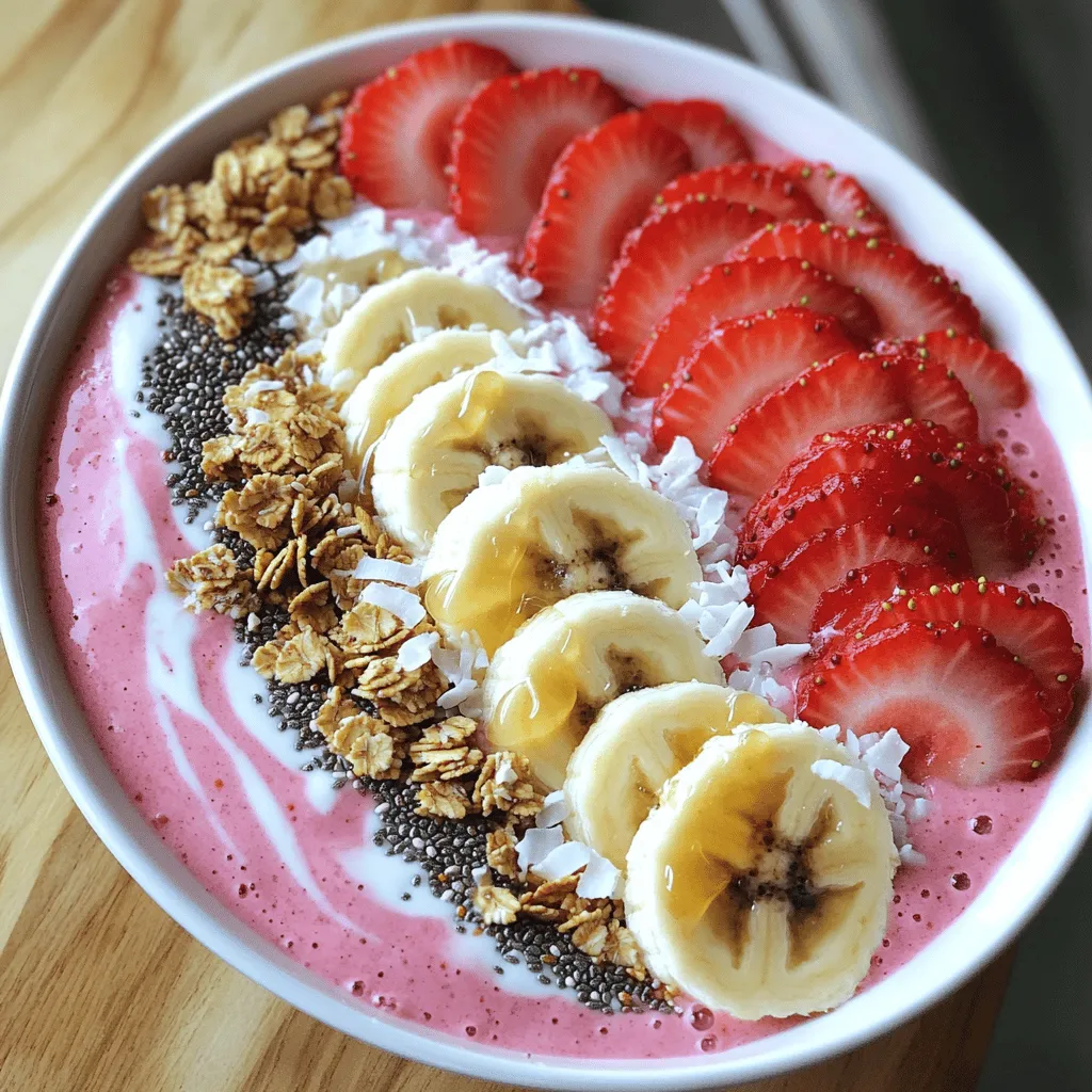 - 1 cup frozen strawberries - 1 ripe banana, sliced - 1/2 cup Greek yogurt - 1/2 cup almond milk - 1 tablespoon honey or maple syrup - 1/4 teaspoon vanilla extract The base of my strawberry banana smoothie bowl is simple yet packed with flavor. I use frozen strawberries. They add a nice chill and sweetness. A ripe banana adds creaminess and natural sweetness. Greek yogurt gives a thick texture and boosts protein. Almond milk keeps it light and creamy. I like to sweeten it with honey or maple syrup. Just a touch of vanilla extract rounds out the flavor. - Sliced fresh strawberries - Banana slices - Granola - Chia seeds - Shredded coconut Toppings make the smoothie bowl fun and colorful. I love using sliced fresh strawberries for a juicy burst. Adding banana slices brings extra sweetness. Granola adds a nice crunch and some fiber. Chia seeds are a great source of omega-3s. I sprinkle shredded coconut for a tropical twist. Each layer adds a new taste and texture. - Protein powder - Spinach or other greens - Nut butter If you want to boost nutrition, consider some add-ins. Protein powder gives you extra protein for energy. Spinach or other greens can sneak in more vitamins without changing the taste. Adding nut butter gives a rich flavor and healthy fats. You can mix and match to fit your needs. For the complete recipe, check out the Full Recipe section. This smoothie bowl is not just healthy; it’s also a treat you can enjoy any time of the day. - Step 1: Blend Ingredients Start by adding frozen strawberries, sliced banana, Greek yogurt, almond milk, honey, and vanilla extract to your blender. Blend on high until smooth and creamy. - Step 2: Adjust Consistency If your smoothie is too thick, add a splash more almond milk. This will help you get the perfect texture that you want. - Step 3: Pour into Bowl Carefully pour the smoothie into a bowl. Use a spatula to smooth the top if you want a nice finish. - Step 4: Creative Presentation For a lovely look, arrange your toppings. Place sliced fresh strawberries and banana on one side. Then sprinkle granola, chia seeds, and shredded coconut on the other side. - Step 5: Drizzle and Serve To add a sweet touch, drizzle honey or maple syrup over the toppings. This makes it even tastier! - Prep Time and Total Time You will need about 10 minutes to make this bowl. That’s all it takes! - Best Time to Serve Enjoy this smoothie bowl for breakfast or a snack. It's a great way to start your day! You can find the Full Recipe in the earlier section of this article. To get a creamy texture, start with frozen strawberries. They help create a thick and smooth blend. Add a ripe banana for natural sweetness and creaminess. Blend everything well, but don't rush. If it seems too thick, add a splash of almond milk. Blend again until it’s just right. If you find it too thin, try adding more frozen fruit. Greek yogurt also helps make it thicker. Just a little can go a long way. Taste is key! If you want it sweeter, add more honey or maple syrup. Start small, then adjust to your liking. For a deeper flavor, consider adding a touch of vanilla extract. You can also mix in a pinch of cinnamon or nutmeg for a warm taste. These options make the smoothie bowl even more delicious. A beautiful bowl makes for a great meal. Use a wide, shallow bowl to show off your work. Arrange your toppings in a fun way. Place sliced strawberries on one side and add banana slices on the other. Sprinkle granola, chia seeds, and shredded coconut for texture. For a special touch, add edible flowers. They make your smoothie bowl pop with color and style. This simple addition makes everything look fancy. {{image_2}} You can change the smoothie bowl by using different fruits. One fun option is a berry medley. Mix frozen strawberries, blueberries, and raspberries for a burst of flavor. This mix adds bright colors and extra nutrients. You can also try a tropical twist. Use ripe mango instead of bananas. Mango adds a sweet and creamy texture, perfect for sunny days. If you need dairy-free options, swap Greek yogurt for coconut yogurt. Almond milk is a great choice too. It keeps the bowl creamy without dairy. For a low-sugar variant, skip the honey or maple syrup. Instead, use ripe bananas for natural sweetness. You can also add a few stevia drops if you want extra sweetness without added sugar. Using fresh fruits makes your smoothie bowl even better. In summer, add fresh strawberries and peaches for a juicy taste. These fruits are ripe and full of flavor. In fall, swap in apples or pears. You can even add a sprinkle of cinnamon for warmth. This way, you enjoy the best flavors of each season in your smoothie bowl. To store your smoothie bowl, place it in a container. Use a lid to keep it fresh. I recommend glass or BPA-free plastic containers. They help avoid spills and keep flavors intact. If you have extra toppings, store them separately to prevent sogginess. If you want to freeze your smoothie bowl, it’s easy. Pour the smoothie mixture into an airtight container. Leave some space at the top, as it may expand when freezing. For best results, freeze toppings separately. To thaw, place the container in the fridge overnight. You can also use a microwave on low. Stir well before serving. In the fridge, your smoothie bowl lasts about one day. The fruits may lose their texture after that. Always check for signs of spoilage. If it smells off or changes color, it’s best to toss it. Fresh strawberries and bananas usually stay good for three to five days. Always choose ripe fruits for the best flavor! Yes, you can make this smoothie bowl ahead of time. Blend the ingredients and store the mixture in the fridge for up to 24 hours. The texture might change a bit, so stir well before serving. You can use regular yogurt, coconut yogurt, or silken tofu. Each option changes the flavor slightly but keeps the bowl creamy and tasty. Absolutely! This smoothie bowl is packed with vitamins, fiber, and protein. The strawberries and bananas provide natural sweetness, while Greek yogurt adds protein and probiotics. It’s a great choice for breakfast or a snack. Yes, adding protein powder is easy! Just mix in your preferred scoop during blending. This boosts the protein content and keeps you full longer. To make this recipe vegan, swap Greek yogurt for coconut yogurt. Use maple syrup instead of honey. This keeps all the yummy flavors while making it plant-based. You can find the Full Recipe for the Strawberry Banana Bliss Smoothie Bowl at the beginning of this article. It has all the details you need to create this delightful treat! In this post, we explored making a delicious strawberry banana smoothie bowl. We covered key ingredients, preparation steps, and tips on texture and flavor. Remember, you can mix fruits and adjust your recipe to fit your taste. Enjoy creative toppings and beautiful presentations to make your bowl even better. This smoothie bowl is not only tasty but also healthy. Whether you enjoy it for breakfast or a snack, it’s a great choice. Now it’s time to get blending and enjoy your tasty creation!