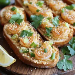 For this recipe, you need 12 oz of shrimp, peeled and deveined. Fresh shrimp works best, but frozen shrimp is fine too. Just make sure to thaw them before cooking. Shrimp cooks quickly and adds a nice flavor to the toast. They should be tender and juicy when baked. Choose your bread wisely. You can use 4 slices of crusty bread, like sourdough or a baguette. A thicker bread holds the shrimp mix better. It helps create a crunchy base. You can also try whole grain or gluten-free bread for a twist. This mix needs some zing! Use 2 tablespoons of mayonnaise for creaminess. Add 1 tablespoon of fresh lemon juice for a bright taste. 1 teaspoon of garlic powder gives it a warm flavor, while 1 teaspoon of ginger paste adds a nice kick. Don't forget 2 green onions, chopped, and 1 tablespoon of fresh cilantro, chopped, for freshness. Finally, add salt and pepper to taste. For crunch, sprinkle 1/4 cup of breadcrumbs and 1 tablespoon of sesame seeds on top. These will give the toast a perfect finish when baked. Don't forget a light spray of olive oil to help everything brown nicely. For the full recipe, check the details earlier. To make the best shrimp mixture, start with the shrimp. Chop the peeled and deveined shrimp into small pieces. Then, add these to a food processor. Include mayonnaise, lemon juice, garlic powder, ginger paste, green onions, cilantro, salt, and pepper. Blend until it is smooth but still has some texture. This mix gives the toast its rich flavor. Next, take your slices of crusty bread. Sourdough or baguette works well. Spread the shrimp mixture generously on each slice. Make sure to cover every corner for great taste. The shrimp mix should be about half an inch thick on the bread. This step builds a great base for the toast. Preheat your oven to 400°F (200°C) and line a baking sheet with parchment paper. After spreading the shrimp mix, combine breadcrumbs and sesame seeds in a small bowl. Sprinkle this mix over the shrimp on each slice. This adds a nice crunch. Place the toast on the baking sheet and spray lightly with olive oil. Bake them for 12–15 minutes. Watch for the shrimp to cook through and the bread to turn golden brown. Let the toast cool for a few minutes before slicing. Serve warm for the best flavor. For the full recipe, check out the details above. To get the best texture, follow my tips. Use crusty bread like sourdough. This type holds up well. Spread the shrimp mix evenly. A thick layer keeps it moist. Bake at 400°F for 12 to 15 minutes. Watch for golden edges. You want a crisp outside and soft inside. Garnishes add flair to your dish. I suggest fresh cilantro on top for color. Squeeze lemon juice before serving for brightness. You can also add thin slices of chili for heat. This will make your shrimp toast even more appealing. If your bread is thicker, adjust cooking time. A few more minutes helps it cook through. If you bake in batches, check the first batch closely. Each oven is different, so keep an eye on it. You want that lovely golden color, not burnt edges. For the full recipe, check out the previous section! {{image_2}} Want a kick in your shrimp toast? Add heat! Mix in some chopped jalapeños or red pepper flakes. A teaspoon of sriracha in your shrimp mixture can also work wonders. The spice will give your dish a bold twist. Keep tasting as you go to find your ideal spice level. Not in the mood for shrimp? No problem! You can use mashed avocado or white beans instead. For a seafood-like flavor, add a bit of seaweed or kelp. Mix in some garlic and lemon juice for flavor. Spread this mixture on your bread just like the shrimp version. You can easily swap some ingredients in this recipe. Use Greek yogurt instead of mayonnaise for a lighter option. If you prefer whole grain bread, go for it! You can also replace sesame seeds with crushed nuts for added crunch. These simple swaps keep the dish tasty while adapting to your needs. For the full recipe, check out the details above. After you enjoy your baked shrimp toast, store any leftovers in an airtight container. Keep the shrimp toast in the fridge for up to three days. This keeps the flavors fresh and safe to eat. If you have extra shrimp mix, store that separately. It lasts longer when not on the bread. To reheat your leftovers, preheat your oven to 350°F (175°C). Place the shrimp toast on a baking sheet. Heat for about 10 minutes, or until warm. This gives you a nice, crispy texture again. You can also use a microwave, but the toast may get a bit soft. You can freeze baked shrimp toast for a quick meal later. Wrap each piece in plastic wrap, then put them in a freezer bag. They last about one month in the freezer. To cook from frozen, place them directly in a preheated oven at 400°F (200°C) for about 15–20 minutes. This will help keep the bread crispy and the shrimp cooked through. For the best flavor, try to eat them within a month. For the full recipe, check the details above. Enjoy your cooking! You can serve baked shrimp toast with a fresh salad or some soup. A simple green salad with lemon vinaigrette adds crunch. Tomato soup pairs nicely too. You can also add some pickled vegetables for a tangy bite. Yes, you can prepare baked shrimp toast ahead of time. Make the shrimp mixture and spread it on the bread. Wrap the toast in plastic wrap and store it in the fridge. Bake it when you are ready to eat. This saves time on busy nights. Shrimp cook quickly. They turn pink and opaque when done. You can also check the internal temperature. It should reach 120°F (49°C). If you are unsure, cut one open. The flesh should be firm and not translucent. For the complete recipe, check out the Full Recipe section. In this blog post, we explored how to make baked shrimp toast. We discussed the key ingredients, step-by-step instructions, and tips for perfecting your dish. You learned about variations, storage tips, and answers to common questions. Baked shrimp toast is fun and easy to make. Enjoy trying different flavors and toppings. Happy cooking!