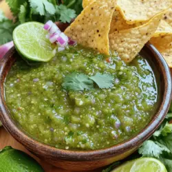 To make the perfect salsa verde, gather these fresh ingredients: - 6 tomatillos, husked and rinsed - 1 jalapeño pepper, stemmed (seeds removed for less heat) - 1/2 cup fresh cilantro, chopped - 1/4 cup red onion, chopped - 1 garlic clove, minced - 2 tablespoons lime juice - 1 tablespoon olive oil - Salt to taste Each ingredient plays a key role. You can adjust these amounts to fit your taste. If you want a milder salsa, use half a jalapeño. For more depth, try red onion instead of white. You can also swap lime juice for lemon juice if needed. Fresh herbs are best, but dried cilantro works too in a pinch. Just use less, about one tablespoon. Quality matters in salsa verde. Choose firm, green tomatillos. They should feel heavy for their size. Look for a jalapeño that is smooth and bright. Fresh cilantro should smell great and have vibrant green leaves. When it comes to onions, pick ones that feel solid and have no soft spots. Always taste your ingredients before using them. Freshness makes your salsa shine! For the full recipe, check out the details above. To start, gather your ingredients. You need: - 6 tomatillos, husked and rinsed - 1 jalapeño pepper, stemmed (seeds removed for less heat) - 1/2 cup fresh cilantro, chopped - 1/4 cup red onion, chopped - 1 garlic clove, minced - 2 tablespoons lime juice - 1 tablespoon olive oil - Salt to taste First, preheat your oven to 425°F (220°C). Next, place the tomatillos and jalapeño on a baking sheet. Roast them for about 10-15 minutes. They should char slightly and soften. Turn them halfway through for even cooking. Once they are done, take them out and let them cool a bit. Now it’s time to blend! In a blender or food processor, combine the roasted tomatillos, jalapeño, cilantro, red onion, garlic, lime juice, and olive oil. Blend until the mixture is smooth. If the salsa is too thick, add a little water to reach your desired consistency. Taste it, then add salt as needed for flavor. After blending, transfer the salsa to a bowl. To make the flavors pop, refrigerate it for at least 30 minutes. This time allows all the flavors to meld together. The salsa verde gets even better as it cools! When ready to serve, enjoy it with tortilla chips or on your favorite dishes. For more details, check the Full Recipe. To get the best flavor, mix and taste. Start with the roasted tomatillos and jalapeño. Add lime juice for brightness. Cilantro adds freshness, while salt enhances all the flavors. If it tastes dull, add more lime or salt. Always adjust to your liking. Roasting gives the salsa a smoky flavor. Preheat your oven to 425°F (220°C). Place tomatillos and jalapeño on a baking sheet. Roast for 10-15 minutes until you see a little char. Flip them halfway for even cooking. This step makes a big difference! Serve salsa verde in a rustic bowl. Add tortilla chips on the side for dipping. Top with extra cilantro leaves for a fresh look. For color, place lime wedges around the bowl. This makes the dish inviting and fun! {{image_2}} If you like heat, you can try different peppers. A serrano pepper adds more spice. You can use a habanero for a real kick. Just remember to remove the seeds for less heat. Start with a small amount. You can always add more if you want it spicier. This salsa verde fits most diets. It is naturally vegan and gluten-free. If you want to make it creamy, add avocado. This gives a nice texture and flavor. You can also use lime juice for a citrus twist. For a low-sodium option, skip the salt or use a salt substitute. Don’t be afraid to mix in other herbs. Fresh basil or parsley can give a new flavor. Try adding a bit of mint for a fresh taste. You can also include fruits like mango for a sweet twist. Each change can create a unique salsa. This is the joy of cooking—experimenting with flavors! For the full recipe, check the section above. Once you make your salsa verde, store it in a tight container. Keep it in the fridge. It stays fresh for about one week. Make sure to cover it well to avoid air exposure. This helps keep the flavor and color bright. Before serving, give it a good stir. The ingredients may separate a little while sitting. If you want to keep it longer, freezing is a great option. Use a freezer-safe container or a zip-top bag. Leave some space for expansion as it freezes. Salsa verde can last for up to three months in the freezer. When ready to use, thaw it in the fridge overnight. You can also use it straight from the freezer in soups or stews. Check your salsa verde for signs of spoilage. If you see mold or an off smell, it’s best to toss it. Changes in color or texture can also signal spoilage. If it tastes sour or strange, don’t eat it. Always trust your senses when it comes to food safety. Homemade salsa verde lasts about 4 to 7 days in the fridge. Store it in an airtight jar for best results. The flavors get better as it sits. If you see any mold or off smells, it's time to toss it. Yes, you can easily adjust the heat. Use less jalapeño for a milder salsa. If you like heat, add more jalapeño or use a spicier pepper. Remember, the seeds hold most of the heat, so remove them for less spice. Salsa verde is very versatile. It goes great with tacos, grilled chicken, or fish. You can also use it as a dip for chips or veggies. Drizzle it over roasted vegetables for a fresh kick. Absolutely! Making salsa verde a day ahead helps the flavors blend nicely. Just store it in the fridge until you are ready to serve it. Yes, salsa verde is gluten-free. It contains no wheat or gluten-based ingredients. It's a great choice for those with gluten sensitivities. You can use canned tomatillos if fresh ones are not available. Drain and rinse them before using. The flavor may be slightly different but still tasty. Serve salsa verde chilled or at room temperature. A rustic bowl with tortilla chips makes a lovely presentation. You can also pair it with grilled meats or as a topping for nachos. Yes, you can freeze salsa verde. Place it in a freezer-safe container and leave some space for expansion. It can last for about 3 months in the freezer. Just thaw it in the fridge when you're ready to use it. Salsa verde is low in calories and packed with vitamins. Tomatillos are rich in vitamin C and antioxidants. It's a healthy way to add flavor to your meals without extra calories. We covered the key ingredients for salsa verde, how to prepare it, and tips for great flavor. You learned to select the best ingredients and store your salsa well. Remember, you can customize your salsa to fit any taste with heat and herbs. Experimenting is part of the fun. Now, you have the skills to make delicious salsa verde at home. With practice, your salsa will impress everyone. Enjoy every bite and share with others!