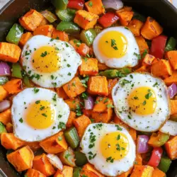 To make a delicious sweet potato hash, you'll need a few key ingredients. Each one plays a role in making this dish flavorful and nutritious. - Sweet Potatoes: Use 2 large sweet potatoes. They add sweetness and fiber. - Bell Peppers: A mix of red and green bell peppers adds color and crunch. - Aromatics and Seasonings: You need garlic, onion, smoked paprika, cumin, salt, and pepper. These give the hash depth and aroma. - Optional Add-ins: Eggs are a great choice for added protein. Fresh parsley acts as a bright garnish. For the full recipe, check out the Sweet Potato Hash Bonanza. This recipe will guide you in creating a satisfying meal that everyone will love. Each ingredient is easy to find and adds to the dish's charm. Enjoy making your sweet potato hash! Prepping the Veggies Start by peeling and dicing the sweet potatoes. You want them in small cubes, about half an inch. Next, dice the red and green bell peppers, and the red onion. Mince the garlic, too. This mix of colors makes the dish bright and fun. Cooking the Sweet Potatoes Heat two tablespoons of olive oil in a large skillet over medium heat. Once hot, add the diced sweet potatoes. Sprinkle salt, pepper, smoked paprika, and cumin on top. Stir well to coat them evenly. Cook for about ten minutes, stirring every few minutes. You want them to soften and get a nice caramel color. Adding Additional Vegetables After the sweet potatoes start to soften, it’s time to add the bell peppers and red onion. Stir them in and cook for another five to seven minutes. The veggies should be tender and look vibrant. Finally, add the minced garlic and cook for one to two more minutes until you smell its great aroma. Cooking the Eggs (Optional) If you want to add eggs, make four small wells in the hash. Crack one egg into each well. Cover the skillet with a lid and let it cook for four to six minutes. This way, the eggs will cook just right. Once done, drizzle with the remaining olive oil. Taste and adjust the seasoning if needed. Finally, sprinkle fresh parsley on top for a pop of color before serving. For the full recipe, check out the details above and enjoy this delicious dish! To cook sweet potatoes, start by peeling and dicing them into small cubes. This helps them cook faster and evenly. Use a large skillet for the best results. Heat the skillet over medium heat and add olive oil. Once hot, toss in the sweet potatoes. Stir them often to avoid burning. Cook until they soften and turn golden. This usually takes about 10 minutes. The best skillet for sweet potato hash is a cast-iron skillet. It holds heat well and gives the potatoes a nice crisp. If you don’t have one, a non-stick skillet works too. Just be careful not to let the potatoes stick. Use enough oil to coat the bottom, and keep the heat at medium. Seasoning is key to great flavor. I recommend using smoked paprika and cumin for a warm, smoky taste. Adjust salt and pepper to your liking. If you love spice, add a pinch of cayenne. Fresh herbs can brighten the dish. Try adding chopped parsley or cilantro at the end for a pop of color and flavor. For the full recipe, check out Sweet Potato Hash Bonanza! {{image_2}} Alternative Vegetables You can switch up the sweet potatoes. Try using regular potatoes, butternut squash, or even zucchini. Each choice brings a different taste and texture. You can mix and match too! Carrots or parsnips can also add a nice touch. Vegan and Vegetarian Options For a vegan version, skip the eggs. You can add beans or tofu for protein. Chickpeas work great and add a nice crunch. If you want to keep it vegetarian, you can still use eggs, and they will make the meal hearty. Flavor Customizations You can easily change the flavors. Instead of smoked paprika, try chili powder for a kick. You can also add fresh herbs like thyme or rosemary for a new taste. If you love cheese, sprinkle some feta or cheddar on top right before serving. For the full recipe, check out Sweet Potato Hash Bonanza. To store your sweet potato hash, wait until it cools down. Place leftovers in an airtight container. This keeps the flavors fresh. You can store it in the fridge for up to four days. When reheating, you have a few options. You can use a skillet for even heat. Just add a splash of olive oil to prevent sticking. Heat on medium until warmed through. Alternatively, you can use a microwave. Place a portion in a microwave-safe dish, cover it, and heat for one to two minutes. Stir halfway through for even warming. If you want to enjoy the hash later, consider freezing it. Portion it into freezer-safe bags or containers. Label with the date. It can last up to three months in the freezer. When ready to eat, thaw it in the fridge overnight before reheating. This way, you can enjoy your sweet potato hash whenever you like! For the full recipe, check out the details above. Sweet potato hash pairs well with many sides. I enjoy fresh avocado slices for creaminess. You can also serve it with a side of scrambled eggs. A simple green salad adds crunch and freshness. Try some hot sauce for a spicy kick. Yes, you can make sweet potato hash ahead of time. Cook it fully, then cool it down. Store it in an airtight container in the fridge. It keeps well for about three days. Reheat it in a skillet for best results. This sweet potato hash is naturally gluten-free. Just ensure all your ingredients are gluten-free. Most fresh veggies and spices fit this need. Always check labels on packaged items to be safe. - Full Recipe Reference: Check out the Full Recipe for a step-by-step guide! In this article, we explored how to create a delicious sweet potato hash. We started with essential ingredients, including sweet potatoes and bell peppers. I shared step-by-step instructions for prepping and cooking. You learned cooking tips to make your dish perfect, along with variations for special diets. Finally, we discussed how to store leftovers and answered common questions. Now you can enjoy a tasty, customizable meal anytime. Embrace your cooking journey, and have fun with your sweet potato hash creations!