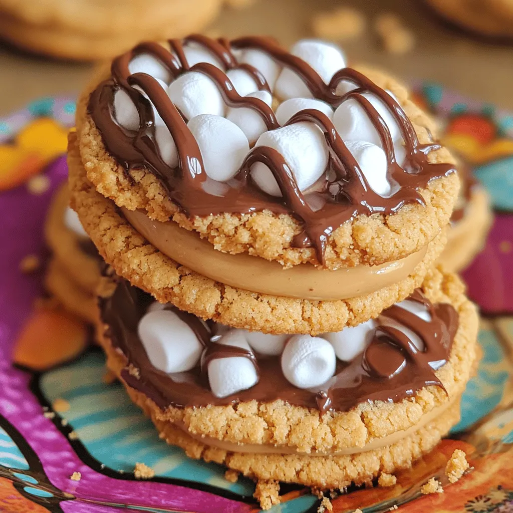 To make these Peanut Butter Smores Sandwich Cookies, you will need the following tasty ingredients: - 1 cup creamy peanut butter - 1/2 cup granulated sugar - 1/2 cup brown sugar, packed - 1 large egg - 1 teaspoon vanilla extract - 1 cup all-purpose flour - 1/2 teaspoon baking soda - 1/4 teaspoon salt - 1 cup mini marshmallows - 1/2 cup chocolate chips - 1 cup graham cracker crumbs These ingredients work together to create a sweet, gooey treat. The creamy peanut butter gives these cookies a rich flavor. The sugars add sweetness and help with texture. The egg binds everything, while vanilla adds warmth. The all-purpose flour gives structure, and baking soda provides lift. Salt balances sweetness and enhances flavor. Mini marshmallows and chocolate chips bring joy in every bite. Finally, graham cracker crumbs create a crunchy, tasty coating. Once you gather these ingredients, you’re ready to create a delicious treat. The full recipe will guide you through the process step by step. Enjoy making these delightful cookies! - Preheat the oven to 350°F (175°C). - Line the baking sheet with parchment paper. - In a large bowl, combine the peanut butter, granulated sugar, and brown sugar. Mix well. - Add the egg and vanilla extract. Stir until it is smooth. - In another bowl, mix the flour, baking soda, and salt. Slowly add this dry mix to the peanut butter mix. - Fold in the mini marshmallows and chocolate chips. Make sure they are evenly spread in the dough. - Scoop out the dough with a tablespoon. Roll each scoop into a ball. Then, coat each ball in graham cracker crumbs. - Place the dough balls on the lined baking sheet. Leave space between them; they will spread. - Bake for 10-12 minutes. The edges should be golden, and the centers should be soft. - Allow the cookies to cool on the sheet for 5 minutes. Then, move them to a wire rack to cool completely. - Take two cookies and spread marshmallow and chocolate filling between them. Enjoy your delicious treat! - Use room temperature ingredients for better mixing. This helps your dough blend smoothly. - Ensure even distribution of marshmallows and chocolate chips. This way, every bite is a delight. - Overmixing the dough can lead to tough cookies. Mix just until combined for a soft texture. - Not spacing cookies correctly can result in them sticking together. Leave enough room on the baking sheet. - Stack cookies and drizzle with melted chocolate. This makes them look extra special. - Serve warm for optimal gooey texture. A warm cookie is hard to resist! {{image_2}} You can switch the peanut butter for almond or cashew butter. This change gives a new taste. Each nut butter brings its own flavor. Try adding spices like cinnamon or nutmeg for a unique twist. These spices enhance the cookie's warmth and depth. If you need a gluten-free option, use gluten-free flour. This swap keeps the cookies tasty while meeting dietary needs. For a vegan version, replace regular chocolate chips with dairy-free ones. This small change makes the cookies friendly for all diets. Consider using dark chocolate instead of semi-sweet chips. Dark chocolate adds richness and pairs well with peanut butter. You can also use honey or maple syrup as a natural sweetener. These options add distinct flavors and sweetness to your cookies. Store your cookies in an airtight container to keep them fresh. This helps them stay soft and tasty longer. Layer the cookies with parchment paper to prevent them from sticking together. This small step makes a big difference in keeping your treats intact. You can freeze unbaked dough for later use. Just scoop the dough and place it in the freezer. When you want to bake, thaw it before putting it in the oven. For baked cookies, you can also freeze them. This keeps them fresh even longer. Just make sure to wrap them well. Enjoy your Peanut Butter S'mores Sandwich Cookies within one week for the best flavor. After a few days, the texture may change, especially in humid weather. They might get a bit chewy or hard, but they will still taste good! Typically, these cookies last about 5-7 days in an airtight container at room temperature. They stay soft and chewy, making them a great treat to enjoy all week. Yes, you can use flax eggs or applesauce as a substitute for egg-free cookies. This swap keeps the texture nice while making them suitable for everyone. You can use leftover crumbs in other desserts. They work well for cheesecake crusts or as a topping for ice cream. Get creative with your leftovers! Absolutely! These cookies store well. You can make them a few days ahead of time. Just keep them in an airtight container to maintain freshness. To get softer cookies, bake for a shorter time. Also, let them cool on the baking sheet for soft centers. This helps create that perfect gooey texture. The full recipe for Peanut Butter Smores Sandwich Cookies is detailed in the ingredients and instructions sections above. Check it out for all the steps! These Peanut Butter Smores Sandwich Cookies are a fun treat. We combined peanut butter, sugars, and chocolate for a delicious snack. Follow the easy steps and avoid common mistakes to get perfect cookies. Feel free to try variations for different flavors or special diets. Remember to store them well for the best taste. Enjoy them warm for a yummy experience. Whether sharing or savoring alone, these cookies won't disappoint. Happy baking!