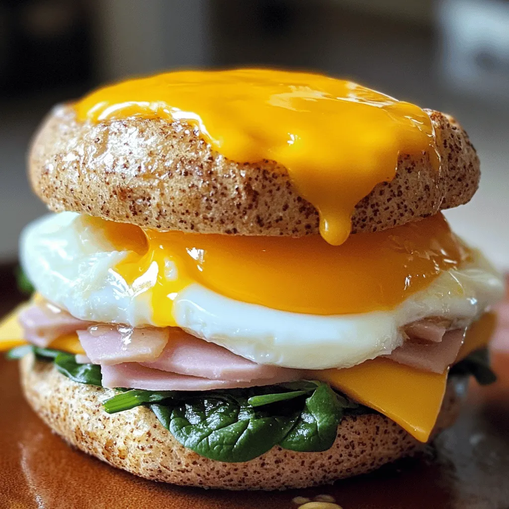 - 2 large eggs - 2 slices of ham - 2 slices of sharp cheddar cheese - 1 whole-grain English muffin, split and toasted - 1 tablespoon unsalted butter - Salt and pepper to taste - Fresh spinach or arugula for added greens Gather these ingredients to create a delightful breakfast sandwich. The eggs bring richness. The ham adds savory notes. The sharp cheddar melts beautifully, making each bite creamy. A toasted English muffin gives a satisfying crunch. Use fresh spinach or arugula for extra color and nutrients. With these fresh and key ingredients, you set the stage for a breakfast that’s both simple and delicious. For the full recipe, check out the Cheesy Sunrise Delight. - Melt the butter in a non-stick skillet over medium heat. - Crack the eggs into the skillet, making sure not to break the yolks. - Cook the eggs until the whites are set. Season with salt and pepper. - Warm the slices of ham in a separate pan over low heat until heated through. - Place a slice of cheddar cheese on each cooked egg. - Toast the English muffin halves until golden brown, then assemble your sandwich. To make it even more special, you can add fresh spinach or arugula for extra flavor. This recipe, known as the full recipe, gives you a delightful breakfast in just 15 minutes! Enjoy the melty cheese and savory ham, all wrapped in a warm muffin. To get the best eggs, start with a non-stick skillet and medium heat. This helps cook evenly. Crack your eggs gently into the skillet. Season them with salt and pepper. Cook until the whites are set but the yolks stay runny. This usually takes about 3-4 minutes. If you like firmer yolks, cook them a bit longer. To melt the cheese well, place a slice of cheddar on each egg during the last minute of cooking. Cover the skillet with a lid. This traps heat and helps the cheese melt nicely. You want it to be gooey and delicious. When building your sandwich, layer the ingredients for the best taste. Start with a slice of ham on the bottom half of the toasted muffin. Next, add the cheesy egg on top. If you're using spinach or arugula, add that now. Top it all with the other half of the muffin. Keep the sandwich warm while you prepare it. You can place it on a warm plate or cover it with foil. This keeps everything hot until you're ready to eat. Pair your Egg & Ham Breakfast Sandwich with fruit for a complete meal. Fresh berries or a banana work well. You can also serve it with a side of yogurt. For extra crunch, try adding potato chips or a small salad. These sides balance the rich flavors of the sandwich. Enjoy your meal! {{image_2}} You can switch up the cheese in this sandwich. Try pepper jack for a spicy kick. Swiss or gouda also work well if you want a different flavor. You can also use turkey or chicken instead of ham. For a lighter option, look for deli meats that are low in fat. If you need gluten-free options, use a gluten-free muffin. Many stores sell these, so you can still enjoy this meal. To boost flavor, add herbs and spices. Fresh chives or parsley add a nice touch. A pinch of smoked paprika can bring a warm, smoky flavor. You can also sneak in some veggies for added nutrition. Spinach or arugula gives a fresh taste and extra vitamins. Sauté some bell peppers or onions to add even more depth. If you’re feeling creative, turn this sandwich into a breakfast burrito. Use a tortilla instead of an English muffin. Simply fill it with the cheesy egg and ham, then roll it up. You can also cook the sandwich in the microwave for speed. Just microwave the muffin and warm the ham, then layer all the ingredients. This saves time but still gives you a tasty breakfast. To store leftovers, wrap the sandwich tightly in foil or plastic wrap. You can also place it in an airtight container. This helps keep the flavors fresh. You should eat the leftovers within 3 days for the best taste. The best way to reheat the sandwich is in a skillet over low heat. This keeps the bread crispy. You can also use a microwave, but it may make the bread soft. Cover the sandwich with a damp paper towel to keep it moist while reheating. Heat it for about 30 seconds or until warm. Yes, you can freeze the components for future use. It's best to freeze the ham and cheese separately from the eggs and muffin. To freeze, wrap each item tightly in plastic wrap and place them in a freezer bag. For the best quality, use them within 2 months. When ready to use, thaw in the fridge before reheating. How do I keep the sandwich from getting soggy? To prevent sogginess, toast the English muffin well. Use a non-stick skillet for cooking. Also, avoid adding too many wet ingredients. If you add greens, use them sparingly or dry them first. Can I prepare the ingredients ahead of time? Yes, you can prep the ingredients ahead. Cook the eggs and ham, then store them in the fridge. Toast the muffin just before serving for the best taste. What is the calorie count for this sandwich? This sandwich has about 400 calories. The count may change based on portion sizes and extras. If you add greens, it will stay roughly the same. Any healthy substitutions for weight management? You can use egg whites instead of whole eggs. Choose lean ham or turkey ham for fewer calories. Whole-grain muffins are a great choice for fiber. Can this recipe be doubled for more servings? Absolutely! You can double the recipe easily. Just cook the eggs and ham in batches. How to adjust ingredients for meal prep? For meal prep, use more eggs and muffins. Prepare several sandwiches and store them. Keep the components separate until you are ready to eat. This keeps them fresh and tasty. This blog post detailed how to make a delicious egg and ham breakfast sandwich. We explored fresh ingredients, preparation steps, and tips for perfect cooking. I shared options for variations and storage, ensuring you can adapt and enjoy this meal anytime. Breakfast can be fun and tasty with the right approach. Now, you have all the tools to create a scrumptious sandwich that fits your taste. Enjoy your cooking and delight in every bite!