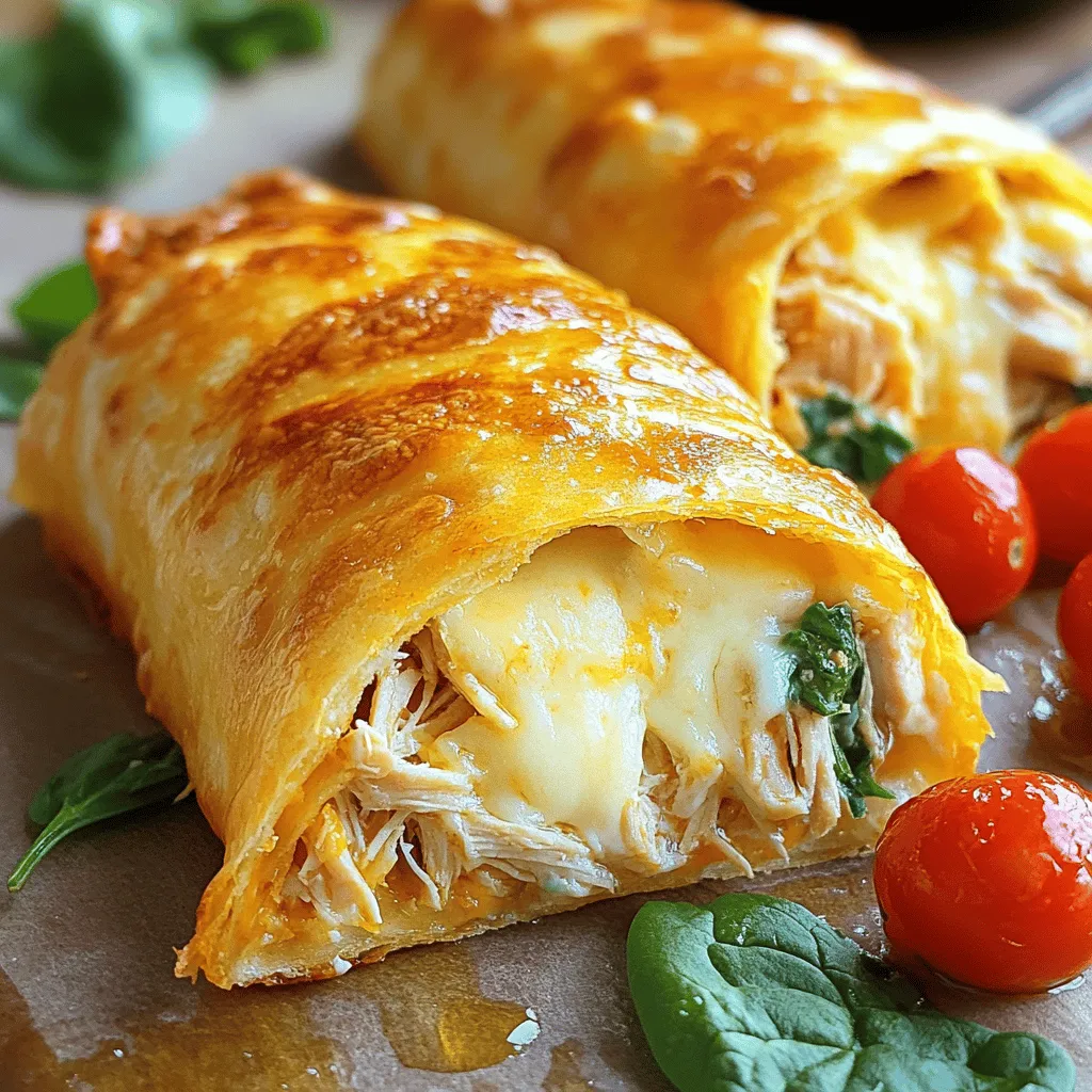 To make Cheesy Chicken Garlic Wraps, gather these simple ingredients. Each one adds flavor and makes the dish special. - 2 cups cooked chicken, shredded - 1 cup cream cheese, softened - 1 cup shredded mozzarella cheese - 2 cloves garlic, minced - 1 teaspoon onion powder - 1 teaspoon Italian seasoning - Salt and pepper to taste - 4 large flour tortillas - 1 cup spinach leaves - ½ cup cherry tomatoes, halved - Olive oil for brushing These items are easy to find and work together to create a tasty meal. The chicken gives you protein, while the cheeses add creaminess. Garlic brings a nice kick, and the spinach adds freshness. The cherry tomatoes give a pop of color and sweetness. You can find the full recipe at the end. To start, gather the ingredients. You need 2 cups of cooked chicken, shredded. Next, take 1 cup of softened cream cheese and 1 cup of shredded mozzarella cheese. Add 2 cloves of minced garlic, 1 teaspoon of onion powder, and 1 teaspoon of Italian seasoning. Don't forget to sprinkle in some salt and pepper to taste. Mix all these in a large bowl. Use a fork or spatula to blend them well. You want a smooth and creamy mixture. Now, lay out 4 large flour tortillas on a flat surface. Take your chicken filling and divide it evenly. Place the filling in the center of each tortilla. Next, add a handful of spinach leaves and a few halved cherry tomatoes on top. This gives a nice crunch and flavor. Fold the sides of the tortillas inward. Then, roll them from the bottom up. Make sure the filling stays inside. Preheat a frying pan on medium heat. Brush a little olive oil in the pan. Place the wraps seam side down in the pan. Cook them for about 3-4 minutes on each side. You want them to be golden brown and crispy. Once done, take them out and let them cool for a minute. Then, slice each wrap in half. Enjoy your tasty Cheesy Chicken Garlic Wraps! For more details, check out the Full Recipe. To get the best results, use cooked chicken. Shredded chicken is easy to mix. You can use leftover roast chicken or store-bought rotisserie chicken. Make sure not to overcook the wraps. Cook them until they are golden brown and crispy. This gives a nice texture. Keep the heat at medium. If the heat is too high, the wraps may burn outside and stay cold inside. For a tasty wrap, mozzarella cheese works well. It melts nicely and adds a creamy texture. You can also use cheddar for a sharper taste. Cream cheese adds richness and helps bind the filling. Feel free to mix different cheeses for more flavor. Experimenting with cheese can lead to new favorites. After cooking, let the wraps cool for a minute. This makes slicing easier. Cut each wrap in half on a diagonal. This way, you get pretty shapes and can see the filling. Serve with a side of salsa or ranch dressing for dipping. You can also add a fresh salad on the side for a nice crunch. For the full recipe, click here. {{image_2}} You can easily swap some ingredients in this recipe. If you don’t have cooked chicken, use turkey or even canned chicken. For a lighter option, try Greek yogurt in place of cream cheese. You can also use cheddar cheese instead of mozzarella for a different flavor. If you want more veggies, add bell peppers or zucchini. To make a vegetarian version, skip the chicken. Use grilled vegetables like zucchini, bell peppers, and mushrooms. You can also add more spinach or kale for extra greens. Cream cheese can stay, or you can use a vegan cream cheese. This option tastes great and keeps the wraps filling and tasty. If you love spice, add chopped jalapeños or red pepper flakes to the filling. You can also include hot sauce for extra heat. For a smoky flavor, try adding smoked paprika. These spicy additions will make your wraps kick up the flavor and thrill your taste buds. After you enjoy your cheesy chicken garlic wraps, store any leftovers in an airtight container. This keeps them fresh and tasty. Let the wraps cool to room temperature first. Then, place them in the fridge. They stay good for up to three days. Always label your container with the date. This way, you won't forget how long they have been there. When you're ready to eat your leftovers, reheating is easy. I recommend using a skillet for the best results. Heat the skillet over medium heat. Place the wraps seam side down in the pan. Cook for about 3-4 minutes on each side. This makes them crispy again. You can also use a microwave, but it may make them soft. If you choose the microwave, cover the wraps with a damp paper towel. This keeps them from drying out. If you want to save wraps for later, freezing is a great option. Wrap each cheesy chicken garlic wrap in plastic wrap. Then, place them in a freezer-safe bag. Squeeze out the air before sealing. They can last for up to three months in the freezer. When you're ready to eat them, thaw in the fridge overnight. After that, reheat as mentioned above. Enjoy your tasty meal anytime! For the full recipe, check out the details above. You can prepare the filling in advance. Mix the chicken, cream cheese, mozzarella, garlic, onion powder, Italian seasoning, salt, and pepper. Store this mix in the fridge for up to two days. When ready to eat, just assemble the wraps. This saves time and makes dinner easy. You can also wrap the assembled wraps in foil and keep them in the fridge. Just cook them when you're ready. Yes, you can! Feel free to switch cheeses to your liking. Cheddar cheese adds a nice sharp flavor. Pepper jack offers a spicy kick. You can also try gouda for a smoky taste. Mixing cheeses can create a fun flavor twist. Just remember to keep the cheese creamy and meltable for the best results. Cheesy Chicken Garlic Wraps pair well with many sides. A fresh salad with a light dressing adds crunch. You can serve crunchy veggie sticks with hummus for a healthy snack. Potato wedges or sweet potato fries are also tasty choices. For a simple option, try serving them with salsa or guacamole for dipping. These sides enhance the meal and bring out the wrap's flavors. This blog post covered how to make Cheesy Chicken Garlic Wraps. We discussed the key ingredients, like chicken, cream cheese, and spices. I shared step-by-step instructions for preparing, assembling, and cooking the wraps. You also learned helpful tips and variations, like vegetarian options and storage methods. In summary, these wraps are easy to make and delicious. Try different ingredients to make it your own! Enjoy your tasty meals!
