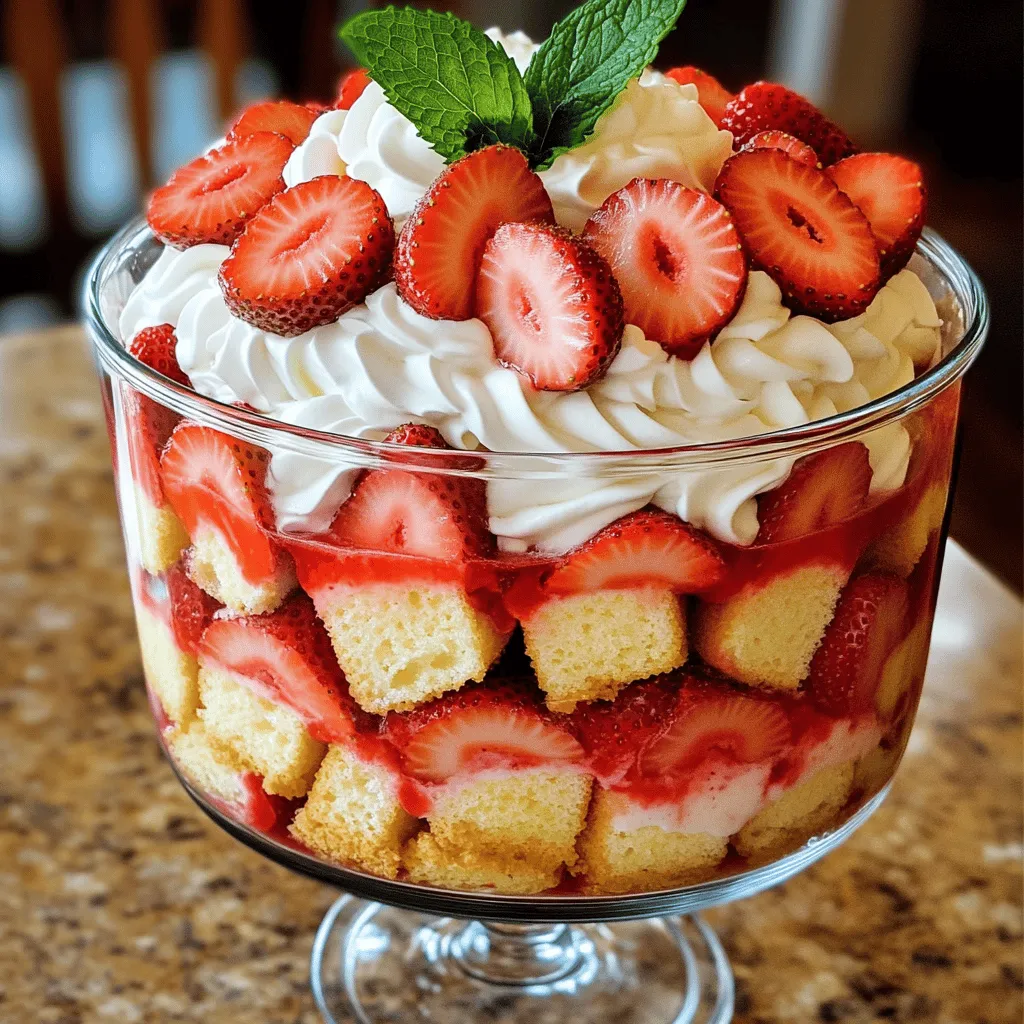 - Fresh strawberries - Granulated sugar - Heavy whipping cream - Powdered sugar - Vanilla extract - Angel food cake - Vanilla pudding - Fresh mint leaves The main ingredients for a Strawberry Shortcake Trifle are simple and fresh. I love using ripe, juicy strawberries because they bring a bright flavor. The granulated sugar helps to sweeten and draw out the juices from the strawberries. This makes them even tastier. You need heavy whipping cream to create that light, fluffy layer of whipped cream. Powdered sugar adds sweetness and helps the cream hold its shape. Vanilla extract gives the trifle a warm, sweet flavor. I use store-bought angel food cake for ease, but you can make your own if you prefer. Vanilla pudding adds a creamy texture that complements the other layers well. Finally, fresh mint leaves can add a pop of color and flavor on top. - Alternatives for strawberries: You can use raspberries, blueberries, or peaches instead. - Non-dairy options for whipped cream: Use coconut cream or a non-dairy whipped topping. - Other cake options: Pound cake or sponge cake can work well instead of angel food cake. These substitutions allow you to mix things up. If strawberries are out of season, use other fruits for a fresh taste. Non-dairy options let everyone enjoy the trifle, even those with dietary needs. If you want a denser cake, try using pound cake for a richer flavor. Macerating strawberries To start, you need fresh strawberries. Cut them into slices and place them in a mixing bowl. Add granulated sugar to the berries. Toss them gently to coat. Let them sit for about 15 minutes. This allows the sugar to draw out the juices. The result will be sweet, juicy strawberries that add flavor. Whipping the cream Next, take another bowl and pour in the heavy cream. Use a hand mixer or stand mixer. Whip the cream until soft peaks form. Once you reach that point, add the powdered sugar and vanilla extract. Continue to whip until you see stiff peaks. This whipped cream will be light and fluffy, perfect for your trifle. Layering the trifle Now it’s time to build your trifle. Start with a layer of angel food cake cubes at the bottom of a large trifle bowl or individual cups. This base will soak up the strawberry juices. Layering order details For the layering, add a spoonful of macerated strawberries over the cake cubes. Make sure to include some of the sweet juice. Then, spread a layer of vanilla pudding on top of the strawberries. Use a spatula to smooth it out. Next, pipe or spoon the whipped cream over the pudding. Tips for even layering Repeat the layering process. Alternate between cake, strawberries, pudding, and whipped cream. Ensure each layer is even for a nice look. Finish the top with whipped cream, creating a beautiful final layer. Importance of garnishing Garnishing is key to making your trifle stand out. Add a few fresh strawberry slices on top. Place some mint leaves for a pop of color. This small step makes a big difference in presentation. Suggestions for presentation For the best look, use clear glasses or a trifle bowl. This way, you can see the lovely layers. Serve your trifle chilled for a refreshing treat. Your guests will love its beauty and taste. Enjoy your Strawberry Shortcake Trifle Delight with family and friends! For the full recipe, check out the instructions provided above. To make the best whipped cream, start with cold cream. Whip it until you see soft peaks. Then, add the powdered sugar slowly. This gives you a sweet cream that holds its shape. When you reach stiff peaks, it’s ready. This cream makes each layer light and fluffy. The key to a great trifle is balance. You want soft cake, juicy strawberries, and creamy pudding. Layer them in a clear bowl. This way, you can see all the colors and textures. Each bite should have a bit of everything. To serve, use clear glasses or a trifle bowl. This shows off the beautiful layers. Chill the trifle before serving. It tastes best cold. For drinks, consider iced tea or lemonade. These pair well with the sweet dessert. Prep your strawberries ahead of time. Slice and toss them with sugar a few hours before. This gives them time to get juicy. You can also whip the cream and pudding ahead. Store them in the fridge until you’re ready to layer. Using store-bought angel food cake saves time. It’s light and airy, perfect for this dessert. With these tips, you can make a stunning trifle with less stress. For the full recipe, check above. {{image_2}} You can change up your trifle's taste in fun ways. Adding different fruits can make this dessert fresh. Try blueberries, raspberries, or peaches. Each fruit brings a new twist. You can also mix in chocolate or caramel. Drizzle some chocolate sauce between layers or add caramel pudding. This adds richness and makes each bite exciting. If you have dietary needs, you can still enjoy this treat. For gluten-free options, swap the angel food cake for a gluten-free cake. There are many great recipes online. For vegan adaptations, use coconut cream for the whipped cream. You can also use almond or soy milk for pudding. These swaps still keep your dessert delicious. Making themed trifles can be a lot of fun. For holiday-inspired trifles, use colors that match the season. For example, add red and green fruits for Christmas. For summer, use bright berries and tropical fruits. Seasonal variations keep your dessert fresh. You can change the flavors based on what is in season. This makes your trifle special all year round. For the full recipe of Strawberry Shortcake Trifle, check the recipe section above. To keep your trifle fresh, cover it tightly with plastic wrap or a lid. Place it in the fridge. It will stay good for about 2 to 3 days. As it sits, the cake may absorb the juices from the strawberries. This can make the texture different over time. You cannot freeze the trifle. Freezing changes the texture and flavor of the cream and strawberries. If you want to refresh it before serving, take it out of the fridge. Let it sit for a few minutes at room temperature. This helps restore some of the cream's fluffiness. For best results, serve it chilled. Enjoy the layers and flavors as they were meant to be! How do you keep the trifle from getting soggy? To prevent sogginess, layer the cake and cream carefully. Use fresh strawberries instead of letting them sit too long. The juice from the berries can soak into the cake. If you worry about sogginess, add a layer of whipped cream between the cake and strawberries. This barrier helps keep the cake dry. Can I use frozen strawberries? Yes, you can use frozen strawberries. Thaw them before using. Drain any excess liquid to avoid sogginess. Frozen strawberries may be softer but still work well. They also have great flavor, especially when sweetened. Calorie count per serving One serving of strawberry shortcake trifle has about 300 calories. This can vary based on how much whipped cream and cake you use. Breakdown of macronutrients - Carbohydrates: 40g - Protein: 5g - Fat: 15g These numbers help you know what you eat and how to balance your meals. Adjusting for larger gatherings If you host a big party, double the recipe. This way, everyone gets a taste. Use a large trifle bowl for easy serving. Making mini trifles for parties Mini trifles are fun and cute! Use small cups or jars. This allows guests to enjoy their own servings. It also makes it easy for you to serve. This blog post covered how to make a delicious strawberry shortcake trifle. We explored ingredients that make it tasty, plus substitutions to fit your needs. I’ve shared step-by-step instructions and tips for perfect layers. Variations allow you to customize flavors and meet dietary needs. Don’t forget storage tips for leftovers. Making this trifle is fun and easy. You can enjoy it at any gathering. Now, get creative and impress your friends with your amazing trifle skills!