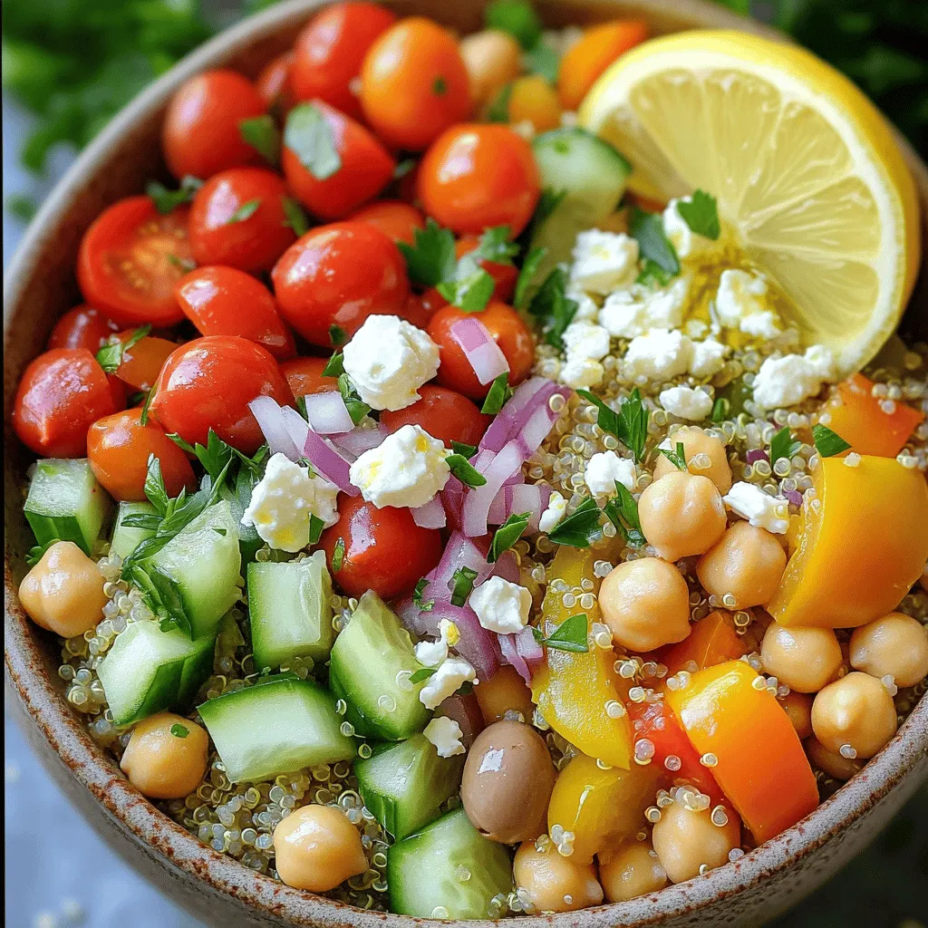 - 1 can (15 oz) chickpeas, drained and rinsed - 1 cup quinoa, rinsed - 2 cups vegetable broth - 1 cup cherry tomatoes, halved - 1 cucumber, diced - 1/2 red onion, finely chopped - 1 bell pepper (any color), diced - 1/4 cup Kalamata olives, pitted and halved - 1/4 cup feta cheese, crumbled (or vegan feta) - Juice of 1 lemon - 3 tablespoons olive oil - 1 teaspoon dried oregano - Salt and pepper to taste The Mediterranean Chickpea Bowl is simple yet full of flavor. You start with the main ingredients. The chickpeas bring protein and fiber. Quinoa adds a nice texture. Together with fresh tomatoes and cucumbers, they create a bright base. Next, we have additional ingredients. Red onion gives a sweet crunch. A bell pepper adds color and sweetness. Kalamata olives bring a salty bite. Feta cheese, or vegan feta, adds creaminess and depth. For the dressing, lemon juice brightens the bowl. Olive oil adds richness. Dried oregano gives an earthy flavor. Salt and pepper balance everything. This combination of ingredients makes the bowl both nourishing and satisfying. Check out the Full Recipe for step-by-step instructions to create this delightful dish! - First, combine 1 cup of quinoa and 2 cups of vegetable broth in a medium saucepan. - Next, bring the mixture to a boil over high heat. - Once boiling, reduce the heat to low. Cover the pan and let it simmer until fluffy. This usually takes about 15 minutes. - Once done, remove it from heat and let it cool slightly. - In a large bowl, combine the chickpeas, cherry tomatoes, cucumber, red onion, bell pepper, and olives. - For the dressing, whisk together the juice of 1 lemon, 3 tablespoons of olive oil, 1 teaspoon of dried oregano, and some salt and pepper. - Pour the dressing over the chickpea mixture and toss gently. Make sure every piece is well-coated. - To start, place a base of quinoa in a bowl. - Top it with the chickpea mixture. - Finally, sprinkle with crumbled feta cheese and chopped parsley. - For an extra touch, drizzle a bit more olive oil on top if you like. Enjoy this nourishing and simple dish, inspired by the rich flavors of the Mediterranean! To get perfectly fluffy quinoa, start by rinsing it. Rinsing removes the bitter coating. Use a fine mesh strainer to wash it under cool water. This step makes a big difference. When cooking quinoa, use two cups of vegetable broth for one cup of quinoa. Bring the broth to a boil first. Then, lower the heat, cover, and let it simmer for about 15 minutes. This method helps absorb all the liquid. Once done, let it sit for five minutes before fluffing it with a fork. For rinsing chickpeas, always use cold water. If using canned chickpeas, drain them first. Rinse them well to remove the canning liquid. This step enhances their flavor and texture in your Mediterranean Chickpea Bowl. Garnishing your bowl can elevate its look and taste. Try adding a sprinkle of fresh parsley for color. A slice of lemon on the side adds brightness. You can also use diced avocado for creaminess. Pair your Mediterranean Chickpea Bowl with warm pita bread. It’s great for scooping up the mix. You can also serve it with a side of hummus for extra flavor. You can easily make this bowl vegan by using vegan feta. For a gluten-free option, ensure you use gluten-free grains. Quinoa is naturally gluten-free, which makes it a great choice. Chickpeas and quinoa are packed with nutrition. They are high in protein and fiber. This makes them filling and healthy. Chickpeas also contain essential vitamins and minerals, like iron and magnesium, which support overall health. {{image_2}} You can change up your Mediterranean chickpea bowl with more veggies. Try adding spinach, shredded carrots, or roasted zucchini. These add color and crunch. You can also switch your cheese! Use goat cheese, ricotta, or a vegan cheese for a twist. If you want more protein, add grilled chicken, shrimp, or tofu. Each option brings its own taste and texture. Let’s talk dressings. While the lemon and olive oil dressing is fresh, you can try tahini for a nutty flavor. A yogurt-based dressing adds creaminess. Mix in garlic or dill for a fun twist. You can also spice it up! Add paprika, cumin, or a pinch of chili flakes to kick up the heat. Get creative with your herbs, too! Fresh mint or cilantro can change the whole vibe. You can create a whole new bowl theme. Instead of quinoa, use brown rice or farro as a base. These grains offer different textures and flavors. Swap out chickpeas for lentils or black beans for variety. Each legume has unique tastes and benefits. Just remember to balance your flavors and textures. This keeps every bite exciting! To keep your Mediterranean Chickpea Bowl fresh, place leftovers in an airtight container. Store it in the fridge. This dish stays good for about three days. Keep the dressing separate if you can. This helps prevent sogginess. Yes, you can freeze this dish! To freeze, pack the chickpea mixture and quinoa in freezer-safe bags. Remove as much air as possible. This helps prevent freezer burn. It stays fresh for up to three months. When you're ready to eat, thaw it in the fridge overnight. Reheat in a pan on low heat. You can also microwave it. Just add a splash of water to keep it moist. Preparing ingredients ahead saves time. You can cook the quinoa and chickpeas in advance. Chop the veggies and store them in separate containers. This keeps everything fresh and ready. For meal prep, I suggest using glass containers. They are sturdy and help keep flavors. Label each container with the date. This way, you know when to use them. Enjoy your easy meals throughout the week! A Mediterranean Chickpea Bowl is a colorful dish filled with healthy ingredients. It typically includes chickpeas, quinoa, fresh veggies, and a zesty dressing. This bowl draws inspiration from Mediterranean cuisine, which is known for its vibrant flavors and healthy fats. It celebrates the use of fresh, local ingredients, and is both nourishing and satisfying. You can easily customize your chickpea bowl! Add different veggies like spinach, zucchini, or roasted red peppers. You can also swap chickpeas for other legumes like black beans or lentils. If you want a protein boost, try adding grilled chicken or shrimp. For a creamy element, consider using avocado or a dollop of hummus. The options are endless! Chickpeas are packed with nutrients. They are high in protein, fiber, and vitamins. This makes them great for digestion and heart health. Plus, they can help keep you full for longer. Chickpeas also contain essential minerals like iron and magnesium. This makes them a smart choice for a balanced diet. Yes, you can use canned chickpeas instead of dried. Canned chickpeas are a great time-saver and are just as nutritious. Just be sure to drain and rinse them before use. Dried chickpeas require soaking and cooking, which takes more time. If you’re in a hurry, canned chickpeas are a perfect choice. A good serving size for the Mediterranean Chickpea Bowl is about 1 cup. This amount provides a balanced meal with protein, carbs, and healthy fats. Adjust the portion based on your dietary needs or preferences. If you feel extra hungry, add more veggies or grains to your bowl. This Mediterranean Chickpea Bowl is simple and fun to make. You learned how to prepare fluffy quinoa and mix fresh veggies with chickpeas. Don't forget the lemon dressing that ties it all together. You also saw tips for customizing, storing, and meal prepping this dish. Now, you have the tools to create a healthy, tasty meal. Explore with different ingredients and make it your own. Enjoy your cooking!