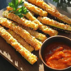 To make baked zucchini fries, you will need: - 2 medium zucchinis, cut into thick strips - 1 cup whole wheat breadcrumbs - 1/2 cup grated Parmesan cheese - 1 teaspoon garlic powder - 1 teaspoon onion powder - 1/2 teaspoon smoked paprika - 2 large eggs - Salt and pepper to taste - Olive oil spray When choosing zucchini, look for firm ones. The skin should be shiny and smooth. Avoid zucchinis with soft spots or wrinkles. Smaller zucchinis tend to be sweeter and less bitter. Always check for freshness at the store or market. If you can, buy organic zucchinis for better taste and less pesticide use. You can make some easy swaps in this recipe. If you're gluten-free, use gluten-free breadcrumbs instead of whole wheat. For a dairy-free option, you can skip the Parmesan cheese or use a vegan alternative. If you want a lower-carb option, try using almond flour or crushed nuts instead of breadcrumbs. These changes keep the recipe tasty while meeting your needs. Start by washing the zucchinis. Make sure to scrub them well to remove any dirt. Next, cut each zucchini into thick strips. Aim for about 1/4 inch thick. This size helps them cook evenly and stay crisp. If you like, you can remove the skin, but I keep it for color and nutrients. Once sliced, place the zucchini strips on a paper towel. This step helps draw out moisture, which is key for crispiness. Now, let’s coat those zucchini strips. In one bowl, beat the two large eggs. This will help the breadcrumbs stick. In another bowl, mix together the whole wheat breadcrumbs, grated Parmesan cheese, garlic powder, onion powder, smoked paprika, salt, and pepper. Make sure to mix well. Take a zucchini strip, dip it in the egg first. Let any extra egg drip off. Then, roll it in the breadcrumb mix until it's fully covered. Place the coated strips on your baking sheet. Repeat for all the zucchini. Preheat your oven to 425°F (220°C). This high heat is crucial for achieving that golden brown color. Before baking, lightly spray the tops of the zucchini fries with olive oil spray. This helps them crisp up nicely. Bake for 20-25 minutes. Flip them halfway through to ensure even browning. Watch them closely; you want them crispy but not burnt. Once they are golden and crisp, take them out. Let them cool for a few minutes before serving. Try serving with marinara sauce or garlic aioli for a tasty dip. Enjoy your crispy snack! For the full recipe, check out the earlier section. To get that nice crunch on your zucchini fries, follow a few simple steps. First, choose firm zucchinis. Soft ones will not hold up well. Cut them into thick strips to help them stay crisp. When you dip them in the egg, make sure they are fully coated. This helps the breadcrumbs stick better. After coating with breadcrumbs, spray a little olive oil on top. This will help them crisp up in the oven. For an extra crunch, bake them on a wire rack set over the baking sheet. The hot air can circulate all around. Adding flavor to your zucchini fries is easy. Start with the basic garlic powder, onion powder, and smoked paprika. These spices bring a nice taste. You can also add Italian seasoning for a twist. If you like heat, try adding cayenne pepper or red pepper flakes. For a cheesy kick, add more grated Parmesan to the breadcrumbs. Always taste your seasoning mix before coating the fries. This way, you know the flavor is just right. The right tools make cooking easier. Use a sharp knife to cut the zucchinis. A shallow bowl works best for the egg and breadcrumb mixtures. A baking sheet lined with parchment paper makes cleanup easy. If you have a wire rack, place it on top of the baking sheet. This helps the fries cook evenly. Use an oven mitt when taking the fries out, as the baking sheet will be hot. For serving, a nice platter will show off your crispy baked zucchini fries. For the full recipe, check out the details above. {{image_2}} You can change the flavor of your baked zucchini fries easily. Try adding herbs like oregano, basil, or thyme to the breadcrumb mix. You can also use spices like cayenne pepper for some heat or curry powder for a warm taste. Each option gives a new twist to this tasty snack. If you want gluten-free zucchini fries, use almond flour or gluten-free breadcrumbs. They will still be crispy and delicious. For a vegan version, skip the eggs. Instead, use unsweetened plant milk with a bit of flour to help the coating stick. You will enjoy these options just as much! Zucchini fries taste great with dips. Marinara sauce is a classic choice. You can also make a creamy garlic aioli by mixing vegan mayo with garlic and lemon. For something zesty, try a spicy sriracha sauce. Each dip adds fun and flavor to your fries. You can find the full recipe above for more delicious ideas! To keep your leftover zucchini fries fresh, place them in an airtight container. Make sure they cool down first. Store them in the fridge for up to three days. This helps maintain their flavor and texture. To reheat your zucchini fries, use an oven for the best results. Preheat your oven to 400°F (200°C). Lay the fries on a baking sheet. Heat them for about 10 minutes. This keeps them crispy and delicious. You can also use a toaster oven if you prefer. If you want to save zucchini fries for later, freezing is a great option. First, let them cool completely. Then, spread them out on a baking sheet and freeze for about an hour. After that, transfer them to a freezer bag. Squeeze out as much air as you can. They will last up to three months in the freezer. When you're ready to enjoy them, bake directly from frozen. This method keeps them tasty and crisp. For the full recipe, check out the earlier section on ingredients and instructions. Yes, you can use other veggies. Carrots, eggplant, and sweet potatoes work great. Cut them in similar sizes to ensure even cooking. This way, you get crispy bites every time. Experiment with your favorite vegetables for new flavors. To make your zucchini fries extra crispy, follow these tips: - Remove moisture: Pat the zucchini strips dry with a paper towel. This helps reduce steam during baking. - Use a wire rack: Place the zucchini fries on a wire rack on top of the baking sheet. Air can flow around the fries, making them crispier. - Spray oil: Lightly spray the fries with olive oil. This helps them brown nicely in the oven. By using these methods, you can achieve a crunch that everyone will love. Baked zucchini fries pair well with many dishes. Here are some tasty options: - Burgers: Serve them alongside your favorite burger for a fun meal. - Salads: Add them to a fresh salad for a nice crunch. - Dips: They go great with marinara sauce, ranch, or garlic aioli. These pairings add variety and make your meal more exciting. For the full recipe, check the earlier section. To recap, we explored the key ingredients for zucchini fries, including tips for selection and dietary substitutions. I shared step-by-step instructions to prepare and bake them perfectly. I also offered tips for a crunchy texture, seasoning ideas, and recommended cooking tools. Variations for flavoring and coatings added more options, while storage and reheating tips simplified leftovers. Zucchini fries are versatile and tasty snacks. With these insights, you can create your own delicious version. Enjoy experimenting and sharing them with friends!