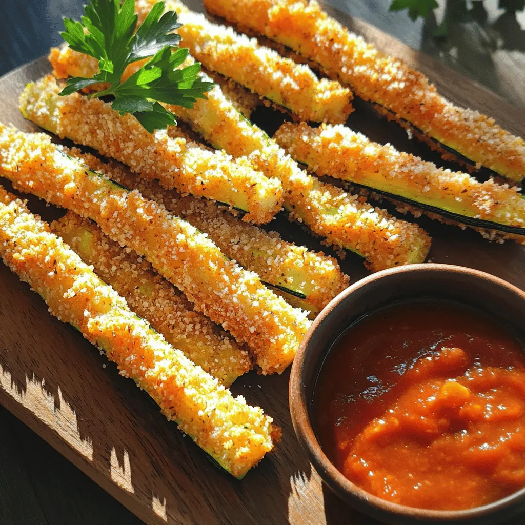 To make baked zucchini fries, you will need: - 2 medium zucchinis, cut into thick strips - 1 cup whole wheat breadcrumbs - 1/2 cup grated Parmesan cheese - 1 teaspoon garlic powder - 1 teaspoon onion powder - 1/2 teaspoon smoked paprika - 2 large eggs - Salt and pepper to taste - Olive oil spray When choosing zucchini, look for firm ones. The skin should be shiny and smooth. Avoid zucchinis with soft spots or wrinkles. Smaller zucchinis tend to be sweeter and less bitter. Always check for freshness at the store or market. If you can, buy organic zucchinis for better taste and less pesticide use. You can make some easy swaps in this recipe. If you're gluten-free, use gluten-free breadcrumbs instead of whole wheat. For a dairy-free option, you can skip the Parmesan cheese or use a vegan alternative. If you want a lower-carb option, try using almond flour or crushed nuts instead of breadcrumbs. These changes keep the recipe tasty while meeting your needs. Start by washing the zucchinis. Make sure to scrub them well to remove any dirt. Next, cut each zucchini into thick strips. Aim for about 1/4 inch thick. This size helps them cook evenly and stay crisp. If you like, you can remove the skin, but I keep it for color and nutrients. Once sliced, place the zucchini strips on a paper towel. This step helps draw out moisture, which is key for crispiness. Now, let’s coat those zucchini strips. In one bowl, beat the two large eggs. This will help the breadcrumbs stick. In another bowl, mix together the whole wheat breadcrumbs, grated Parmesan cheese, garlic powder, onion powder, smoked paprika, salt, and pepper. Make sure to mix well. Take a zucchini strip, dip it in the egg first. Let any extra egg drip off. Then, roll it in the breadcrumb mix until it's fully covered. Place the coated strips on your baking sheet. Repeat for all the zucchini. Preheat your oven to 425°F (220°C). This high heat is crucial for achieving that golden brown color. Before baking, lightly spray the tops of the zucchini fries with olive oil spray. This helps them crisp up nicely. Bake for 20-25 minutes. Flip them halfway through to ensure even browning. Watch them closely; you want them crispy but not burnt. Once they are golden and crisp, take them out. Let them cool for a few minutes before serving. Try serving with marinara sauce or garlic aioli for a tasty dip. Enjoy your crispy snack! For the full recipe, check out the earlier section. To get that nice crunch on your zucchini fries, follow a few simple steps. First, choose firm zucchinis. Soft ones will not hold up well. Cut them into thick strips to help them stay crisp. When you dip them in the egg, make sure they are fully coated. This helps the breadcrumbs stick better. After coating with breadcrumbs, spray a little olive oil on top. This will help them crisp up in the oven. For an extra crunch, bake them on a wire rack set over the baking sheet. The hot air can circulate all around. Adding flavor to your zucchini fries is easy. Start with the basic garlic powder, onion powder, and smoked paprika. These spices bring a nice taste. You can also add Italian seasoning for a twist. If you like heat, try adding cayenne pepper or red pepper flakes. For a cheesy kick, add more grated Parmesan to the breadcrumbs. Always taste your seasoning mix before coating the fries. This way, you know the flavor is just right. The right tools make cooking easier. Use a sharp knife to cut the zucchinis. A shallow bowl works best for the egg and breadcrumb mixtures. A baking sheet lined with parchment paper makes cleanup easy. If you have a wire rack, place it on top of the baking sheet. This helps the fries cook evenly. Use an oven mitt when taking the fries out, as the baking sheet will be hot. For serving, a nice platter will show off your crispy baked zucchini fries. For the full recipe, check out the details above. {{image_2}} You can change the flavor of your baked zucchini fries easily. Try adding herbs like oregano, basil, or thyme to the breadcrumb mix. You can also use spices like cayenne pepper for some heat or curry powder for a warm taste. Each option gives a new twist to this tasty snack. If you want gluten-free zucchini fries, use almond flour or gluten-free breadcrumbs. They will still be crispy and delicious. For a vegan version, skip the eggs. Instead, use unsweetened plant milk with a bit of flour to help the coating stick. You will enjoy these options just as much! Zucchini fries taste great with dips. Marinara sauce is a classic choice. You can also make a creamy garlic aioli by mixing vegan mayo with garlic and lemon. For something zesty, try a spicy sriracha sauce. Each dip adds fun and flavor to your fries. You can find the full recipe above for more delicious ideas! To keep your leftover zucchini fries fresh, place them in an airtight container. Make sure they cool down first. Store them in the fridge for up to three days. This helps maintain their flavor and texture. To reheat your zucchini fries, use an oven for the best results. Preheat your oven to 400°F (200°C). Lay the fries on a baking sheet. Heat them for about 10 minutes. This keeps them crispy and delicious. You can also use a toaster oven if you prefer. If you want to save zucchini fries for later, freezing is a great option. First, let them cool completely. Then, spread them out on a baking sheet and freeze for about an hour. After that, transfer them to a freezer bag. Squeeze out as much air as you can. They will last up to three months in the freezer. When you're ready to enjoy them, bake directly from frozen. This method keeps them tasty and crisp. For the full recipe, check out the earlier section on ingredients and instructions. Yes, you can use other veggies. Carrots, eggplant, and sweet potatoes work great. Cut them in similar sizes to ensure even cooking. This way, you get crispy bites every time. Experiment with your favorite vegetables for new flavors. To make your zucchini fries extra crispy, follow these tips: - Remove moisture: Pat the zucchini strips dry with a paper towel. This helps reduce steam during baking. - Use a wire rack: Place the zucchini fries on a wire rack on top of the baking sheet. Air can flow around the fries, making them crispier. - Spray oil: Lightly spray the fries with olive oil. This helps them brown nicely in the oven. By using these methods, you can achieve a crunch that everyone will love. Baked zucchini fries pair well with many dishes. Here are some tasty options: - Burgers: Serve them alongside your favorite burger for a fun meal. - Salads: Add them to a fresh salad for a nice crunch. - Dips: They go great with marinara sauce, ranch, or garlic aioli. These pairings add variety and make your meal more exciting. For the full recipe, check the earlier section. To recap, we explored the key ingredients for zucchini fries, including tips for selection and dietary substitutions. I shared step-by-step instructions to prepare and bake them perfectly. I also offered tips for a crunchy texture, seasoning ideas, and recommended cooking tools. Variations for flavoring and coatings added more options, while storage and reheating tips simplified leftovers. Zucchini fries are versatile and tasty snacks. With these insights, you can create your own delicious version. Enjoy experimenting and sharing them with friends!