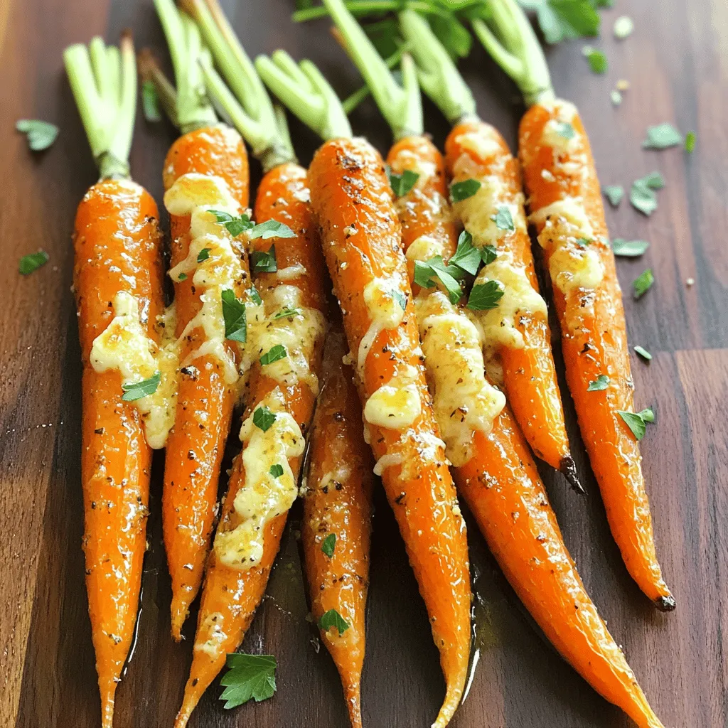 - 1 pound baby carrots - 4 cloves of garlic, minced - 2 tablespoons olive oil To make roasted garlic Parmesan carrots, you need fresh baby carrots. They are sweet and tender. If you can't find baby carrots, use regular carrots. Just peel and slice them into sticks. Minced garlic adds a rich flavor. Olive oil helps the carrots roast well. - 1/2 cup grated Parmesan cheese - 1 teaspoon dried Italian herbs (oregano, thyme, or basil) - Salt and pepper to taste Grated Parmesan cheese gives a creamy taste. You can add Italian herbs for more depth. They boost the flavor and aroma. Salt and pepper balance the dish. Adjust them to your taste. - Fresh parsley, chopped - Alternative cheese options Chopped fresh parsley adds color and freshness. It makes your dish look nice. If you want different cheese, try feta or nutritional yeast. These can change the taste and suit various diets. For the complete preparation, check out the Full Recipe. First, you need to preheat your oven. Set it to 425°F (220°C). This hot oven helps the carrots roast well and become tender. Next, gather your ingredients in a large mixing bowl. Add the baby carrots, minced garlic, olive oil, dried herbs, salt, and pepper. Toss everything together. Make sure the carrots get well coated. Now, spread the carrots out on a baking sheet. Line it with parchment paper. This keeps them from sticking and helps with cleanup. Roast the carrots in the preheated oven for 20 minutes. Halfway through, stir them to cook evenly. After 20 minutes, take the baking sheet out of the oven. Sprinkle the grated Parmesan cheese on top of the carrots. Return the baking sheet to the oven. Roast for an additional 5 to 7 minutes. The cheese should melt and turn slightly golden. Once done, let the carrots cool for a few minutes. Then, transfer them to a serving dish and garnish with fresh parsley. You now have a tasty side dish! For the full recipe, check out the complete instructions. To get the best flavor, choose fresh carrots. They should feel firm, not soft. Cut them into even pieces. This helps them cook at the same rate. For great caramelization, use high heat. Preheat your oven to 425°F (220°C). This will give the carrots a nice golden color. For even cooking, stir the carrots halfway. This ensures every piece gets that tasty roast. If you want a deeper flavor, roast the garlic with the carrots. This adds a sweet, rich taste that blends well with Parmesan. You can make these carrots even better by adding spices. Try a pinch of paprika or some chili flakes for heat. Adding fresh herbs like thyme or rosemary can also boost the taste. For a twist, use different cheese. Goat cheese or feta offers a tangy flavor that contrasts well with the sweetness of the carrots. Presentation matters! Arrange the roasted garlic Parmesan carrots in a circle on a platter. Sprinkle fresh parsley on top for a pop of color. You can serve them with grilled chicken or fish for a complete meal. They also pair nicely with a fresh salad. For more ideas, check out the Full Recipe for Roasted Garlic Parmesan Carrots. {{image_2}} You can swap the carrots for other seasonal veggies. Try using baby potatoes, zucchini, or bell peppers. Each vegetable brings its own taste and texture to the dish. For example, roasted bell peppers add a sweet, smoky flavor. Simply adjust the cooking time based on the vegetable you choose. Thicker veggies may need longer roasting, while softer ones may cook faster. To make this dish gluten-free, just check your Parmesan cheese label. Most brands are gluten-free, but it’s good to be sure. For a dairy-free option, use a vegan cheese or nutritional yeast. This option will still give you a savory taste. You can also replace Parmesan with crushed nuts for a crunchy topping. It adds a new texture while keeping it dairy-free. You can boost the flavor by adding different herbs or spices. Try thyme, rosemary, or even a pinch of chili flakes for heat. Each herb brings a unique taste that can change the dish’s vibe. For a fresh twist, add lemon zest or a splash of balsamic vinegar. These options make the roasted garlic Parmesan carrots feel new and exciting. Want the full experience? Check out the Full Recipe for more details! To keep your roasted garlic Parmesan carrots fresh, store them in an airtight container. Make sure the carrots cool completely before sealing. This keeps moisture out and helps them last longer. In the fridge, they can last up to four days. If you notice any signs of spoilage, such as a sour smell or slimy texture, throw them away. You can freeze roasted carrots if you want to save some for later. First, let the carrots cool completely. Then, place them in a single layer on a baking sheet and freeze for one to two hours. Once frozen, transfer them to a freezer-safe bag or container. They will stay good for up to three months. Remember to label your bags with the date for easy tracking. When you are ready to enjoy your frozen or refrigerated carrots, reheating is simple. For best results, use an oven. Preheat it to 350°F (175°C). Spread the carrots on a baking sheet. Heat them for about 10-15 minutes, or until hot. If you want to restore some crispness, broil them for a couple of minutes at the end. You can also reheat them in the microwave, but this may make them softer. Enjoy your flavorful side dish! For the full recipe, check the earlier sections. Roasted carrots last about 3 to 5 days in the fridge. Store them in a sealed container. This helps keep them fresh. If you want to enjoy them later, try to use them within this timeframe. You can use frozen carrots, but the texture may change. Frozen carrots often become soft when cooked. If you choose to use them, reduce the cooking time. You may need to roast them longer to get the right flavor. If you want a cheeseless option, try nutritional yeast. It gives a cheesy flavor without dairy. For a lower-calorie choice, use reduced-fat cheese. You can also use pecorino cheese for a similar taste. Just remember, using different cheeses may change the dish's flavor slightly. Yes, you can make this recipe ahead of time. Roast the carrots and store them in the fridge. When you're ready to eat, simply reheat them in the oven. This keeps them warm and tasty. For best results, heat them at a low temperature to avoid drying them out. Check out the Full Recipe for detailed steps! Roasted garlic Parmesan carrots are simple yet tasty. You only need a few main ingredients and steps. Start by tossing baby carrots with olive oil and minced garlic. Roast them until tender, then add Parmesan for extra flavor. Remember, you can change this recipe to fit your needs. Use other vegetables, herbs, or cheeses. Enjoy your delicious dish alongside your favorite meals. These tips help you make the best roasted carrots every time. Try them out, and you’ll love the results!