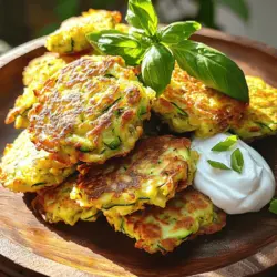 To make tasty zucchini fritters, gather these key ingredients: - 2 medium zucchini, grated - 1 teaspoon salt - 1 cup all-purpose flour - 1/2 cup grated Parmesan cheese - 2 large eggs - 1/4 cup fresh basil, chopped - 1/4 cup green onions, chopped - 1/2 teaspoon garlic powder - 1/2 teaspoon onion powder - 1/4 teaspoon black pepper - Vegetable oil for frying These ingredients work together to create a flavorful and crispy fritter. The grated zucchini brings moisture, while the cheese adds a rich, savory flavor. The eggs help bind everything together. You can enhance your fritters with these optional ingredients: - Greek yogurt - Sour cream These toppings add a creamy touch and balance the fritters' crunch. They also bring a fresh flavor that complements the zucchini. If you have dietary needs, here are some easy swaps you can make: - Use gluten-free flour instead of all-purpose flour for a gluten-free version. - Replace eggs with flaxseed meal mixed with water for a vegan option. - Try nutritional yeast instead of Parmesan for a dairy-free taste. These substitutions keep the essence of the fritters while catering to your dietary choices. You can enjoy this delicious dish no matter your needs. For the full recipe, check out the earlier sections! To start making zucchini fritters, you need to prepare the zucchini. Grate two medium zucchinis using a box grater. Place the grated zucchini in a clean kitchen towel. Squeeze out the extra moisture. This step is very important for making crispy fritters. After squeezing, mix the zucchini with one teaspoon of salt. Let it sit for ten minutes. This helps draw out even more moisture. Next, it’s time to mix the fritter batter. In a large bowl, add the squeezed zucchini. Then, combine it with one cup of all-purpose flour and half a cup of grated Parmesan cheese. Crack in two large eggs. Add a quarter cup of chopped fresh basil and green onions. Sprinkle in half a teaspoon of garlic powder, half a teaspoon of onion powder, and a quarter teaspoon of black pepper. Mix all the ingredients well until they come together. The batter should feel thick and hold together well. Now, let’s cook the fritters. Heat about a quarter inch of vegetable oil in a large skillet over medium heat. To check if the oil is ready, drop a small spoonful of batter into the oil. If it sizzles, you are good to go. Use a spoon to drop rounded tablespoons of the batter into the hot oil. Flatten each fritter slightly with a spatula. Cook them for about three minutes on each side. You want them golden brown and crispy. Once cooked, transfer the fritters to a plate lined with paper towels. This step helps drain extra oil. Repeat this until you finish the batter. Serve the fritters warm, and you can add a dollop of Greek yogurt or sour cream for extra flavor. For the full recipe, check out Zesty Zucchini Fritters with a Twist. To achieve crispy zucchini fritters, moisture control is key. Start by grating the zucchini. Then, squeeze it dry using a clean kitchen towel. This removes extra water. Letting the zucchini sit with salt for 10 minutes helps, too. The salt draws out even more moisture. After that, mix in your dry ingredients. The flour binds everything. The right amount of oil in the pan also helps. Make sure it’s hot before adding the batter. This will give you a nice, crunchy outside. When cooking the fritters, don’t overcrowd the pan. This keeps the oil hot. If the pan is too full, the fritters will steam instead of fry. Cook in batches if needed. Flip the fritters gently to keep them intact. They should be golden brown on both sides. Once cooked, let them rest on paper towels. This step absorbs extra oil, keeping them crispy. Zucchini fritters shine when served hot. I love adding a dollop of Greek yogurt or sour cream. This adds a creamy layer that balances the crunch. Fresh herbs or a sprinkle of cheese on top makes them even better. You can pair these fritters with a side salad for a full meal. For a fun twist, serve them with a spicy dipping sauce. Explore your options and enjoy! For the full recipe, check out the details above. {{image_2}} To make gluten-free zucchini fritters, swap the all-purpose flour for a gluten-free blend. Use 1 cup of your favorite gluten-free flour mix. This keeps the fritters light and crispy. You can also add a bit of cornstarch for extra crunch. Just follow the same steps in the full recipe. For vegan zucchini fritters, replace the eggs with a flaxseed meal. Mix 1 tablespoon of flaxseed meal with 3 tablespoons of water. Let it sit for a few minutes until it thickens. This will bind the fritters well. Use chickpea flour instead of all-purpose flour for a nice flavor. You can add many tasty ingredients to your zucchini fritters. Try mixing in shredded carrots for sweetness. Add corn for a fun crunch. Fresh herbs like dill or parsley can enhance the taste. Spices like cumin or smoked paprika can give a nice twist. Mix and match these add-ins to find your favorite flavor! To store your leftover fritters, let them cool first. Place them in an airtight container. You can stack them, but use parchment paper between layers. This keeps them from sticking. Store the container in the fridge. They will last for about 3 days. When you’re ready to eat the leftovers, heat a skillet over medium heat. Add a little oil to the pan. Place the fritters in the skillet and heat for about 2-3 minutes on each side. This will make them warm and crispy again. You can also use an oven. Preheat it to 350°F and bake the fritters for 10-15 minutes. To freeze the fritters, first cool them completely. Lay them on a baking sheet in a single layer. Freeze them for about 1 hour. Once frozen, transfer them to a freezer bag. Remove as much air as possible before sealing. They can last up to 3 months in the freezer. When you want to eat them, thaw in the fridge overnight. Cook them in a skillet or oven as described above. You’ll enjoy that fresh taste again! For the Full Recipe, check the main article. You can enjoy zucchini fritters with many tasty sides. A fresh salad pairs well. I love a simple mixed green salad with a light vinaigrette. You can also serve them with a dip. Greek yogurt or sour cream adds creaminess and tang. A dollop of tzatziki can bring a nice twist. For a fun twist, try adding salsa or guacamole. These toppings make every bite unique and fun. To bake zucchini fritters, preheat your oven to 400°F (200°C). Line a baking sheet with parchment paper. Use a spoon to drop the fritter batter onto the sheet. Flatten each fritter gently with a spatula. Brush the tops with a little oil for crispiness. Bake for about 20 minutes, flipping halfway through. This method is healthier and still delicious, plus it's easier to make a larger batch. Yes, you can prepare the batter ahead of time. Mix all the ingredients in a bowl and cover it well. Store it in the fridge for up to 24 hours. This makes it easy to cook when you're ready. Just keep in mind that the longer it sits, the more moisture the zucchini will release. You may need to add a little more flour if it becomes too wet. For the best texture, use it fresh! For the full recipe, see the earlier section. Zucchini fritters are quick and fun to make. We covered the key ingredients, from essential to optional ones. I shared step-by-step cooking instructions and tips for crispness. You saw how to adapt the recipe for different diets and flavors. Plus, I included storage tips and answers to common questions. Enjoy experimenting with your fritters. With practice, you can make them perfect every time. Happy cooking!