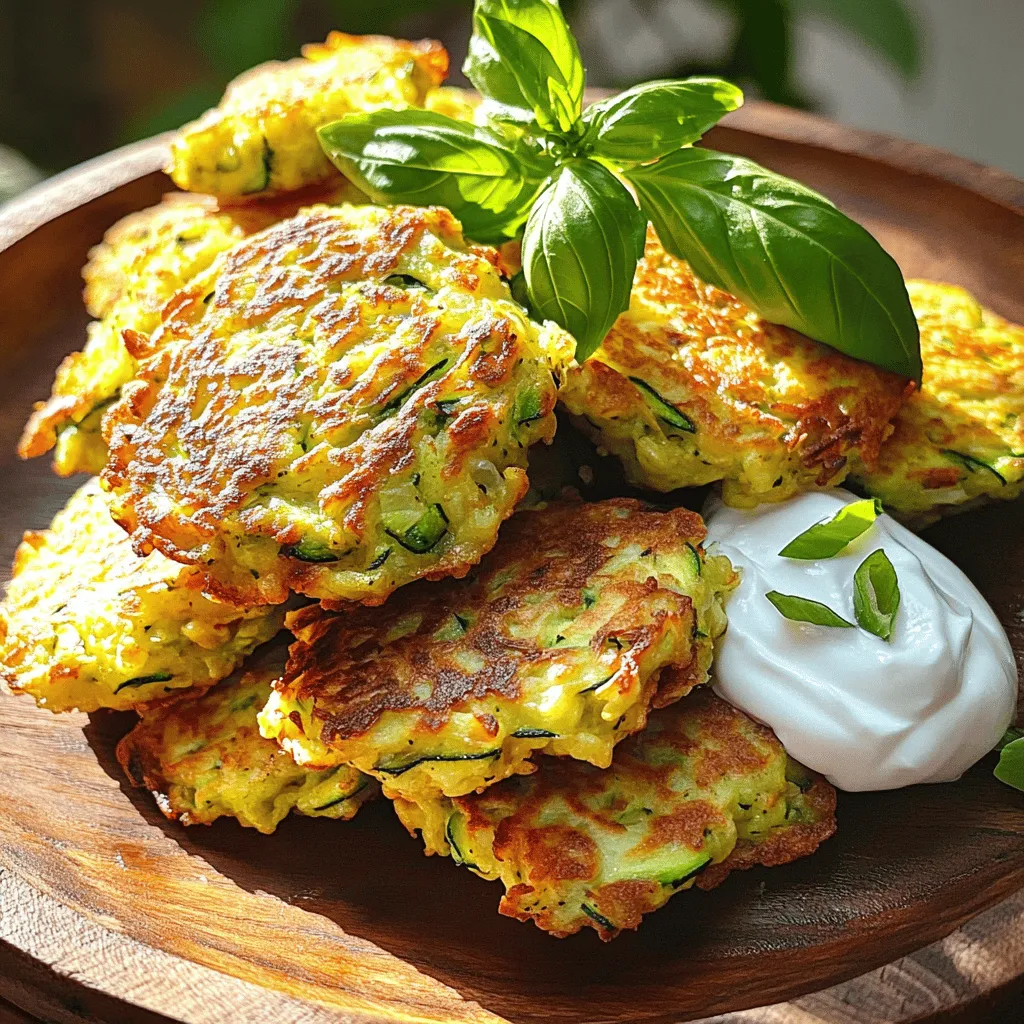 To make tasty zucchini fritters, gather these key ingredients: - 2 medium zucchini, grated - 1 teaspoon salt - 1 cup all-purpose flour - 1/2 cup grated Parmesan cheese - 2 large eggs - 1/4 cup fresh basil, chopped - 1/4 cup green onions, chopped - 1/2 teaspoon garlic powder - 1/2 teaspoon onion powder - 1/4 teaspoon black pepper - Vegetable oil for frying These ingredients work together to create a flavorful and crispy fritter. The grated zucchini brings moisture, while the cheese adds a rich, savory flavor. The eggs help bind everything together. You can enhance your fritters with these optional ingredients: - Greek yogurt - Sour cream These toppings add a creamy touch and balance the fritters' crunch. They also bring a fresh flavor that complements the zucchini. If you have dietary needs, here are some easy swaps you can make: - Use gluten-free flour instead of all-purpose flour for a gluten-free version. - Replace eggs with flaxseed meal mixed with water for a vegan option. - Try nutritional yeast instead of Parmesan for a dairy-free taste. These substitutions keep the essence of the fritters while catering to your dietary choices. You can enjoy this delicious dish no matter your needs. For the full recipe, check out the earlier sections! To start making zucchini fritters, you need to prepare the zucchini. Grate two medium zucchinis using a box grater. Place the grated zucchini in a clean kitchen towel. Squeeze out the extra moisture. This step is very important for making crispy fritters. After squeezing, mix the zucchini with one teaspoon of salt. Let it sit for ten minutes. This helps draw out even more moisture. Next, it’s time to mix the fritter batter. In a large bowl, add the squeezed zucchini. Then, combine it with one cup of all-purpose flour and half a cup of grated Parmesan cheese. Crack in two large eggs. Add a quarter cup of chopped fresh basil and green onions. Sprinkle in half a teaspoon of garlic powder, half a teaspoon of onion powder, and a quarter teaspoon of black pepper. Mix all the ingredients well until they come together. The batter should feel thick and hold together well. Now, let’s cook the fritters. Heat about a quarter inch of vegetable oil in a large skillet over medium heat. To check if the oil is ready, drop a small spoonful of batter into the oil. If it sizzles, you are good to go. Use a spoon to drop rounded tablespoons of the batter into the hot oil. Flatten each fritter slightly with a spatula. Cook them for about three minutes on each side. You want them golden brown and crispy. Once cooked, transfer the fritters to a plate lined with paper towels. This step helps drain extra oil. Repeat this until you finish the batter. Serve the fritters warm, and you can add a dollop of Greek yogurt or sour cream for extra flavor. For the full recipe, check out Zesty Zucchini Fritters with a Twist. To achieve crispy zucchini fritters, moisture control is key. Start by grating the zucchini. Then, squeeze it dry using a clean kitchen towel. This removes extra water. Letting the zucchini sit with salt for 10 minutes helps, too. The salt draws out even more moisture. After that, mix in your dry ingredients. The flour binds everything. The right amount of oil in the pan also helps. Make sure it’s hot before adding the batter. This will give you a nice, crunchy outside. When cooking the fritters, don’t overcrowd the pan. This keeps the oil hot. If the pan is too full, the fritters will steam instead of fry. Cook in batches if needed. Flip the fritters gently to keep them intact. They should be golden brown on both sides. Once cooked, let them rest on paper towels. This step absorbs extra oil, keeping them crispy. Zucchini fritters shine when served hot. I love adding a dollop of Greek yogurt or sour cream. This adds a creamy layer that balances the crunch. Fresh herbs or a sprinkle of cheese on top makes them even better. You can pair these fritters with a side salad for a full meal. For a fun twist, serve them with a spicy dipping sauce. Explore your options and enjoy! For the full recipe, check out the details above. {{image_2}} To make gluten-free zucchini fritters, swap the all-purpose flour for a gluten-free blend. Use 1 cup of your favorite gluten-free flour mix. This keeps the fritters light and crispy. You can also add a bit of cornstarch for extra crunch. Just follow the same steps in the full recipe. For vegan zucchini fritters, replace the eggs with a flaxseed meal. Mix 1 tablespoon of flaxseed meal with 3 tablespoons of water. Let it sit for a few minutes until it thickens. This will bind the fritters well. Use chickpea flour instead of all-purpose flour for a nice flavor. You can add many tasty ingredients to your zucchini fritters. Try mixing in shredded carrots for sweetness. Add corn for a fun crunch. Fresh herbs like dill or parsley can enhance the taste. Spices like cumin or smoked paprika can give a nice twist. Mix and match these add-ins to find your favorite flavor! To store your leftover fritters, let them cool first. Place them in an airtight container. You can stack them, but use parchment paper between layers. This keeps them from sticking. Store the container in the fridge. They will last for about 3 days. When you’re ready to eat the leftovers, heat a skillet over medium heat. Add a little oil to the pan. Place the fritters in the skillet and heat for about 2-3 minutes on each side. This will make them warm and crispy again. You can also use an oven. Preheat it to 350°F and bake the fritters for 10-15 minutes. To freeze the fritters, first cool them completely. Lay them on a baking sheet in a single layer. Freeze them for about 1 hour. Once frozen, transfer them to a freezer bag. Remove as much air as possible before sealing. They can last up to 3 months in the freezer. When you want to eat them, thaw in the fridge overnight. Cook them in a skillet or oven as described above. You’ll enjoy that fresh taste again! For the Full Recipe, check the main article. You can enjoy zucchini fritters with many tasty sides. A fresh salad pairs well. I love a simple mixed green salad with a light vinaigrette. You can also serve them with a dip. Greek yogurt or sour cream adds creaminess and tang. A dollop of tzatziki can bring a nice twist. For a fun twist, try adding salsa or guacamole. These toppings make every bite unique and fun. To bake zucchini fritters, preheat your oven to 400°F (200°C). Line a baking sheet with parchment paper. Use a spoon to drop the fritter batter onto the sheet. Flatten each fritter gently with a spatula. Brush the tops with a little oil for crispiness. Bake for about 20 minutes, flipping halfway through. This method is healthier and still delicious, plus it's easier to make a larger batch. Yes, you can prepare the batter ahead of time. Mix all the ingredients in a bowl and cover it well. Store it in the fridge for up to 24 hours. This makes it easy to cook when you're ready. Just keep in mind that the longer it sits, the more moisture the zucchini will release. You may need to add a little more flour if it becomes too wet. For the best texture, use it fresh! For the full recipe, see the earlier section. Zucchini fritters are quick and fun to make. We covered the key ingredients, from essential to optional ones. I shared step-by-step cooking instructions and tips for crispness. You saw how to adapt the recipe for different diets and flavors. Plus, I included storage tips and answers to common questions. Enjoy experimenting with your fritters. With practice, you can make them perfect every time. Happy cooking!