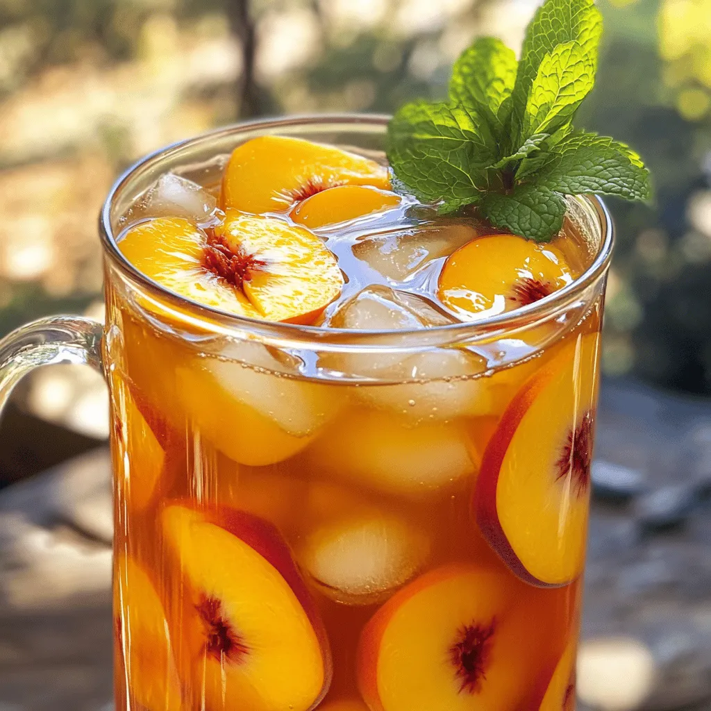 To make Sweet Peach Iced Tea, you need simple, fresh ingredients. Here’s what you'll need: - 4 black tea bags - 4 cups water - 2 ripe peaches, sliced - 1/2 cup sugar (or to taste) - 1 tablespoon fresh lemon juice - Fresh mint leaves for garnish - Ice cubes These ingredients come together to create a refreshing drink perfect for summer. You can twist this recipe to fit your tastes. Here are some fun ideas: - Tea Base: Use green tea or herbal tea instead of black tea for a lighter taste. - Fruits: Swap peaches for nectarines or apricots. You can mix different fruits too. - Sweeteners: Try honey or agave syrup instead of sugar for a different sweetness. - Herbs: Add basil instead of mint for a unique flavor. Feel free to play with these options to find what you love! Peaches and tea are more than just tasty. They also offer health perks: - Peaches: These fruits are full of vitamins A and C. They help keep your skin healthy and boost your immune system. - Tea: Black tea contains antioxidants. These can help fight free radicals in your body. - Hydration: This iced tea is hydrating, making it a great choice on hot days. Enjoying Sweet Peach Iced Tea means treating yourself to a drink that tastes good and is good for you! For the full recipe, check out the details above. First, we need to make the tea. Grab a medium saucepan. Pour in 4 cups of water and bring it to a boil. When the water is bubbling, take it off the heat. Add 4 black tea bags to the hot water. Let them steep for 5-7 minutes. This makes the tea strong and flavorful. If you like it lighter, steep for less time. After steeping, remove the tea bags. Next, let’s prepare the peach syrup. Take a small saucepan and place it on medium heat. Add 2 sliced peaches and 1/2 cup of sugar. Stir the mix. You want the peaches to release their juices. This will take about 5-10 minutes. Once it looks syrupy, remove it from the heat. Use a strainer to separate the syrup from the peach slices. Now, you have a sweet syrup ready to use! Now it's time to combine everything. In a large pitcher, pour in the brewed tea. Add the peach syrup and 1 tablespoon of fresh lemon juice. Stir well to mix all the flavors. Taste it to see if you want more sugar. If it’s good, let it cool at room temperature for about 20 minutes. Then, place it in the fridge for at least 1 hour. This chilling step makes it super refreshing. Once chilled, it’s time to serve! Fill glasses with ice cubes. Pour the Sweet Peach Iced Tea over the ice. You can garnish with fresh mint leaves and a slice of peach if you wish. Enjoy your drink! For the best flavor, use fresh, high-quality black tea bags. Heat your water to a boil, then steep the tea bags for 5-7 minutes. Be careful not to steep too long. Over-steeping makes the tea bitter. If you prefer a stronger flavor, try using more tea bags. Taste your tea after mixing in the peach syrup. If it is not sweet enough, add more sugar. You can also use honey or agave syrup for a different flavor. Mix well until the sweetener dissolves. Remember, you can always add more, but you can't take it out. Serve Sweet Peach Iced Tea over ice for a refreshing drink. Add fresh mint leaves for a pop of color and flavor. You can also slice extra peaches to float on top. This makes the drink look fancy and fun. For a twist, try a splash of sparkling water. It adds fizz and makes the drink even more special. Enjoy! {{image_2}} You can mix other fruits with peach for fun. Try adding raspberries or strawberries. Their tartness pairs well with the sweet peach. You can also add a splash of pineapple juice for a tropical twist. Lime juice can add a zesty kick, making your drink more exciting. You can enjoy sweet peach tea hot or cold. For hot tea, steep the black tea bags in boiling water. Add the peach syrup right after steeping. This method creates a cozy drink perfect for chilly days. However, iced peach tea is a summer favorite. Chill it in the fridge and serve over ice. This keeps it refreshing and cool. Sugar is a common choice, but you can try other sweeteners too. Honey adds a floral note that enhances the peach flavor. If you want a low-calorie option, try stevia or agave syrup. Each sweetener gives a unique taste, so feel free to experiment. Adjust the amount based on your preference for sweetness. For the full recipe, check the Sweet Peach Iced Tea section. To store leftover Sweet Peach Iced Tea, pour it into a clean pitcher. Make sure to cover the pitcher with a lid or plastic wrap. This keeps the tea fresh and prevents it from absorbing other smells in the fridge. Keep your iced tea in the coldest part of the fridge. The back of the shelf is usually the best spot. Avoid placing it in the door. The door often gets warmer when you open it. Your Sweet Peach Iced Tea stays fresh for about 3 to 5 days. After that, the flavor fades. If you see any signs of mold or changes in smell, throw it away. Enjoy your refreshing drink while it’s at its best! You can skip the sugar by using natural sweeteners. Try honey or agave syrup. You can also use ripe peaches, as they add sweetness. Just blend them into a puree and mix with the tea. This keeps the drink refreshing and tasty without added sugar. Yes, frozen peaches work well in this recipe. They can add a nice chill to your drink. Just thaw the peaches before use. You can mash them for more flavor in the syrup. This is a great option when fresh peaches are out of season. You can find Sweet Peach Iced Tea at many grocery stores. Look in the beverage aisle or tea section. Some cafes and restaurants also serve this flavor. For the best taste, consider making it at home with the full recipe. We covered how to make Sweet Peach Iced Tea from scratch. You learned about key ingredients, how to prepare the peach syrup, and the best ways to chill your drink. We explored helpful tips for brewing and adjusting sweetness. I also shared fun variations to try and how to store any leftovers. Enjoy making this refreshing drink that not only tastes great but also offers health benefits. Experiment with flavors, and find what delights your taste buds. Your perfect summer drink awaits!