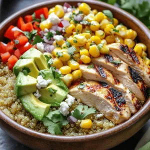 - Overview of Main Ingredients To make a Street Corn Chicken Bowl, you need a few key items. The main ingredients are: - 2 cups cooked quinoa - 2 grilled chicken breasts, sliced - 1 cup corn (fresh, frozen, or canned) - 1 red bell pepper, diced - 1 avocado, diced - 1/4 cup red onion, finely chopped - 1/2 cup crumbled feta cheese - 1/4 cup fresh cilantro, chopped - 1 lime, juiced - 2 tablespoons olive oil - 1 teaspoon chili powder - 1 teaspoon smoked paprika - Salt and pepper to taste These ingredients work together to create a tasty and filling meal. The quinoa serves as a hearty base, while the chicken adds protein. Fresh veggies give crunch and color. - Optional Add-ins and Substitutes You can change things up based on your taste. Here are some ideas: - Swap chicken for grilled shrimp or tofu for a different protein. - Add black beans for extra fiber. - Use corn salsa instead of plain corn for a zesty kick. - Substitute feta with goat cheese or omit it for a dairy-free option. Feel free to get creative! The Street Corn Chicken Bowl is flexible and fun to make. For the full recipe with step-by-step instructions, check out the recipe guide. Mixing the Quinoa Start by cooking 2 cups of quinoa. Use a rice cooker or stovetop. Once cooked, let it cool. In a large bowl, mix the quinoa with lime juice and olive oil. This adds flavor and moisture. Seasoning Components Next, add chili powder, smoked paprika, and a pinch of salt and pepper. Toss everything well. This step makes the quinoa tasty and vibrant. Choosing Fresh vs. Frozen You can use fresh or frozen corn. Fresh corn gives a sweet crunch. Frozen corn is quick and easy. Both work well for this dish. Sautéing Techniques If using fresh or frozen corn, heat a skillet over medium heat. Add a splash of olive oil. Sauté the corn for about 5-7 minutes. Look for a golden color and slight char. Set it aside to cool. Marinade Tips Use 2 chicken breasts for this dish. Season with salt, pepper, and a sprinkle of chili powder. This gives the chicken a nice kick. Cooking Time and Temp Grill the chicken on medium-high heat for 5-7 minutes on each side. Make sure it's fully cooked. Let it rest a few minutes before slicing. Gently Tossing Components In the bowl with seasoned quinoa, add the sautéed corn. Then, add diced red bell pepper, avocado, red onion, and chopped cilantro. Gently toss to mix everything well. This step ensures all flavors blend together. Ensuring the Right Texture Aim for a mix that is not too mushy. Each ingredient should keep its shape. The quinoa should be fluffy, and veggies should add crunch. Bowl Presentation Tips Divide the quinoa mixture into serving bowls. Top each bowl with slices of grilled chicken. This makes the dish look inviting and colorful. Optional Garnishes Sprinkle crumbled feta cheese on top for a creamy touch. You can also add a wedge of lime for extra zest. Enjoy your Street Corn Chicken Bowl right away! For the full recipe, check the details above. - Maximizing Spices and Herbs: Use spices wisely. Chili powder and smoked paprika give warmth and depth. Fresh herbs, like cilantro, brighten flavors. Add them at the end to keep them vibrant. A squeeze of lime juice lifts the taste too. - Achieving Perfectly Grilled Chicken: Start with marinated chicken. A mix of olive oil, salt, and pepper works well. Grill on medium-high heat for 5-7 minutes each side. The chicken should be golden brown and juicy. Let it rest before slicing for the best texture. - Overcooking vs. Undercooking: Overcooking makes chicken dry. Use a meat thermometer to check doneness. Aim for 165°F (75°C). Undercooking is unsafe, so always verify. - Ingredient Ratios and Balance: Too much corn can overpower the bowl. Keep a balanced mix of quinoa, chicken, and veggies. Each bite should have a bit of everything for the best taste. - Storage Tips: Store each ingredient separately in airtight containers. This keeps the chicken and veggies fresh longer. Quinoa can last up to a week in the fridge. - Reheating Guidelines: For a quick meal, use the microwave. Heat in 30-second bursts to avoid drying out. You can also reheat in a skillet over low heat, adding a splash of water for moisture. For the full recipe, check out the Street Corn Chicken Bowl! {{image_2}} Replacing Chicken with Plant-Based Proteins You can easily swap chicken for plant-based proteins. Use grilled tofu or tempeh for a great texture. Another option is black beans, which add protein and fiber. You can even try chickpeas for a nutty flavor. Ideas for Adding More Veggies Want to boost your veggie intake? Add roasted zucchini or grilled asparagus for more color. Fresh spinach or kale can also add nutrients. Try adding cherry tomatoes for a burst of sweetness. The more colorful your bowl, the better it looks and tastes! Experimenting with Different Spices Spice it up! Try adding cumin or coriander for a warm flavor. You can also use cayenne if you like heat. For a smoky taste, consider adding chipotle powder. Each spice brings a new twist to your dish. Regional Variations Every region has its own flavors. For a Mexican twist, add jalapeños or salsa. If you like Asian flavors, consider using soy sauce and sesame oil. You can even go Mediterranean with olives and artichokes. Explore and find what you love! Pairing with Sides This bowl is filling but pairs well with sides. Serve it with tortilla chips and salsa for crunch. A fresh salad can also balance the meal. You could even serve it with a light soup for a warm touch. Drinks that Complement the Dish What to drink? Lemonade or iced tea are great choices. A light beer can also work nicely. If you prefer something non-alcoholic, try sparkling water with lime. These drinks enhance the flavors of your bowl. For the full recipe, check the detailed instructions above! To keep your Street Corn Chicken Bowl fresh, you should store it quickly. Place leftovers in airtight containers. This helps prevent moisture loss and keeps flavors intact. - Refrigeration Guidelines: Store in the fridge for up to 3 days. Ensure the bowl is cool before sealing. - Freezing Options: You can freeze it for up to 2 months. To freeze, separate the chicken from the quinoa mix. This keeps each part at its best. Wrap them tightly in plastic wrap and place in a freezer-safe bag. Knowing how long each ingredient lasts helps you plan meals. Here’s a quick look at the shelf life for key items: - Cooked quinoa: Lasts about 4-6 days in the fridge. - Grilled chicken: Good for 3-4 days when stored properly. - Corn: Fresh corn can last up to 3 days, while frozen corn stays good for several months. - Avocado: Best when used fresh, but can last in the fridge for 1-2 days once cut. - Feta cheese: Lasts for about 5 days after opening, if stored well. When reheating, you want to keep the meal tasty and safe. Here are the best methods: - Microwave: Place a serving in a bowl. Cover with a damp paper towel. Heat for 1-2 minutes until warm. Stir halfway for even heating. - Stovetop: Heat a skillet over medium heat. Add a splash of olive oil. Warm the chicken and quinoa mix for about 5-7 minutes. Stir often to avoid burning. - Oven: Preheat the oven to 350°F. Place the food in an oven-safe dish. Cover with foil and heat for about 15-20 minutes. This method works well for larger portions. With these tips, you can enjoy your Street Corn Chicken Bowl later without losing flavor or quality. For the complete recipe, check out the Full Recipe. To make a Street Corn Chicken Bowl gluten-free, choose gluten-free grains. Use quinoa as your base. Quinoa is naturally gluten-free and rich in protein. Make sure any sauces or seasonings do not contain gluten. Double-check labels when buying corn and chicken products. Yes, you can prepare the chicken ahead of time. Cook it and then store it in the fridge. Keep it in an airtight container. It will stay fresh for about three days. When ready to use, simply slice it and add it to your bowl. A Street Corn Chicken Bowl is packed with nutrition. Each serving offers about: - 25 grams of protein from chicken and quinoa - 30 grams of carbs from quinoa and corn - Healthy fats from avocado and feta cheese This bowl is high in fiber, vitamins, and minerals. It makes a well-rounded meal for any day. Yes, you can adjust the spice level to your liking. For mild, skip the chili powder. Add a pinch of paprika for flavor without heat. For a spicy kick, add more chili powder or use hot sauce. This dish is flexible to suit your taste. This blog post covered how to create a delicious Street Corn Chicken Bowl. We looked at key ingredients, steps to prepare, and tips for success. Remember to choose fresh ingredients and avoid common mistakes. You can customize your bowl to suit your taste. Explore vegetarian options and adjust spices for new flavors. With the right storage and reheating tips, leftovers can stay fresh and tasty. Enjoy your cooking, and have fun making this meal!