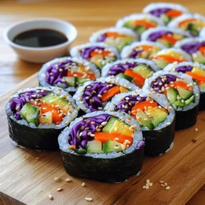 To make Rainbow Veggie Sushi Rolls, you need some key ingredients. Here’s what you will need: - 1 cup sushi rice - 1 1/4 cups water - 4 sheets nori (seaweed) - 1/2 cup cucumber, julienned - 1/2 cup bell peppers (red, yellow, green), thinly sliced - 1/2 cup carrots, julienned - 1/2 avocado, sliced - 1/4 cup purple cabbage, shredded - 2 tablespoons rice vinegar - 1 tablespoon sugar - Salt to taste - Soy sauce, for dipping - Sesame seeds, for garnish These ingredients create a colorful and fresh sushi roll. Each veggie adds a unique flavor and crunch. You can boost the taste and texture of your sushi rolls with a few optional ingredients: - Pickled ginger for a tangy kick - Creamy hummus for added richness - Spicy mayo for some heat - Fresh herbs like cilantro or mint for freshness These extras take your sushi experience to the next level. If you can't find specific ingredients, don’t worry! Here are some easy swaps: - Use brown rice instead of sushi rice for a healthier option. - Substitute nori with soy paper for a different taste. - Try zucchini or radish instead of cucumber for a twist. - Replace avocado with a spreadable cheese for creaminess. Feel free to mix and match based on what you have at home. Cooking should be fun and creative! For the full recipe, refer to the above list. To start, rinse the sushi rice. Use a fine mesh strainer and cold water. Rinse until the water runs clear. This step removes extra starch, which helps the rice stick better. Next, combine the rinsed rice and water in a pot. Bring it to a boil. Then, lower the heat and cover it. Let it simmer for 18-20 minutes. You want the water to be fully absorbed. After cooking, remove it from heat and let it sit for 10 minutes. Now, it’s time to season the rice. In a small bowl, mix rice vinegar, sugar, and a pinch of salt. Stir until it dissolves. Gently fold this mixture into the rice. Be careful not to mash it. Let the rice cool to room temperature. Once the rice is cool, prepare your veggies. Julienne the cucumber and carrots. Thinly slice the bell peppers and avocado. Shred the purple cabbage. Now, let’s assemble the rolls. Place a sheet of nori on a bamboo sushi mat or a clean surface. Wet your hands to keep the rice from sticking. Spread a thin layer of rice over the nori, leaving a one-inch border at the top. Next, it’s time to add your colorful veggies. Lay out the rainbow of vegetables horizontally in the center of the rice-covered nori. Start with purple cabbage, then add carrot, bell peppers, cucumber, and avocado. Now comes the fun part—rolling! Starting from the bottom, lift the mat. Roll the nori tightly away from you. Press gently but firmly as you go. This helps keep the roll tight. When you reach the edge, seal it with a little water. To finish, use a sharp knife to slice the roll into 6-8 pieces. Wipe the knife blade between cuts for clean edges. Repeat this process with the remaining nori sheets and fillings. Finally, sprinkle sesame seeds on the rolls for added texture. Serve with soy sauce for dipping. Enjoy your colorful and healthy sushi! For the full recipe, check the details above. Cutting veggies for sushi can be fun. Start with a sharp knife. It helps make clean cuts. Use a cutting board that won’t slip. For cucumbers and carrots, slice them into thin strips, about 1/4 inch wide. Keep the pieces uniform for even rolling. For bell peppers, cut them into thin strips too. Start with the top and bottom, then remove the seeds. Slice the flesh into thin pieces. Purple cabbage should be shredded thinly. Here’s a quick recap: - Use a sharp knife. - Keep cuts even and thin. - Practice makes perfect! Freshness is key for great sushi. Wrap your rolls in plastic wrap if you’re not eating them right away. This keeps the rolls moist. Store them in the fridge, but not for too long. Sushi is best eaten fresh. If you have leftover sushi rice, keep it in an airtight container. Rice can dry out quickly. Add a little water before reheating. Heat it just enough to warm it up. Quick tips: - Wrap rolls in plastic wrap. - Store in the fridge. - Keep rice in an airtight container. A beautiful sushi roll is a feast for the eyes. Use a clean, white plate to show off the colors. Slice the rolls at an angle for a fancy look. Arrange them in a circle or line on the plate. Sprinkle sesame seeds on top for a nice touch. You can also add a small bowl of soy sauce for dipping. Consider adding a slice of lime or a sprig of cilantro for color. Simple presentation ideas: - Use a white plate for contrast. - Slice rolls at an angle. - Add garnishes like sesame seeds or herbs. For the full recipe, you can check out the Rainbow Veggie Sushi Rolls section above. {{image_2}} You can mix and match your veggies for fun flavors. Try using different colors and textures. Instead of cucumber, use zucchini or radishes. Swap bell peppers for sweet corn or snap peas. For a crunch, add jicama or green beans. You can also use seasonal vegetables to change things up. This keeps your sushi fresh and exciting. Adding protein makes your sushi even tastier. You can use cooked shrimp or crab for a seafood twist. If you like chicken, try shredded rotisserie chicken. For a plant-based option, toss in tofu or tempeh. Marinate your protein in soy sauce or teriyaki for extra flavor. This variation makes your rolls more filling and satisfying. Rainbow veggie sushi rolls can be both vegan and non-vegan. If you want a vegan roll, stick with veggies and rice. Use avocado for creaminess and flavor. For a non-vegan option, add fish or seafood. You can also use egg for a unique touch. Just remember to check labels for vegan-friendly sauces. Both options are delicious and fun to make. Check the Full Recipe for more details on making your own! Storing leftover sushi rolls is simple. First, wrap each roll in plastic wrap. This helps keep the rolls moist. Place the wrapped rolls in an airtight container. Store them in the fridge. Eat the leftovers within 24 hours for the best taste. To keep your sushi ingredients fresh, store them correctly. Place vegetables in a sealed bag with a damp paper towel. This keeps them crisp. Store sushi rice in an airtight container in a cool, dry place. For nori, keep it in its original packaging or in a sealed bag. Reheating sushi is not usually recommended. Sushi is best enjoyed fresh. If you must reheat it, do so gently. Use a microwave on low power for a few seconds. This helps avoid making the rice tough. Always check for freshness before eating leftover sushi. The best rice for sushi is short-grain sushi rice. This rice is sticky and holds together well. It helps the rolls maintain their shape. You can find sushi rice at most grocery stores. Make sure to rinse it before cooking to remove excess starch. This step is key for great texture. Yes, you can make sushi rolls without nori. Many people use thin slices of cucumber or bell pepper instead. These options add crunch and flavor. You can also use a rice paper wrapper for a different texture. Be creative and use what you like! Homemade sushi is best eaten fresh. You can store it in the fridge for up to 24 hours. Wrap it tightly in plastic wrap to keep it fresh. If you leave it out too long, the rice can dry out. Always check for taste and smell before eating leftovers. For a full guide on making these delightful rolls, check out the Full Recipe. Rainbow veggie sushi rolls offer a fun and tasty way to enjoy veggies. You learned about essential and optional ingredients, as well as substitutes for your rolls. I shared step-by-step instructions to help you prepare sushi rice and roll it perfectly. Plus, tips for cutting veggies and keeping sushi fresh make this easy. Explore different flavors by mixing vegetables and proteins. Remember, store leftovers carefully to keep them fresh. With practice, you’ll create beautiful sushi rolls full of flavor and color. Enjoy making this vibrant dish!