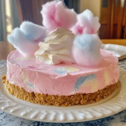 For this cotton candy cheesecake, you need a few key ingredients. Here’s what you will use: - 1 ½ cups graham cracker crumbs - ½ cup unsalted butter, melted - 2 cups cream cheese, softened - 1 cup granulated sugar - 1 teaspoon vanilla extract - 3 large eggs - 1 cup cotton candy - ½ cup sour cream - 2 tablespoons all-purpose flour - Pinch of salt - Whipped cream for topping - Extra cotton candy for garnish Each ingredient plays an important role. The graham cracker crumbs give a sweet and crunchy base. The cream cheese creates a smooth and creamy filling. Cotton candy adds a fun and sweet flavor that makes this cheesecake special. You can add some optional ingredients to make your cheesecake even more fun. Here are a few ideas: - Food coloring for a vibrant look - Different flavored extracts for unique twists - Mini chocolate chips for extra richness These options let you customize the cheesecake to your taste. You can match it to a party theme or just make it more special. If you need to substitute some ingredients, don’t worry! Here are some good swaps: - Use whole wheat graham cracker crumbs for a healthier crust. - Swap out cream cheese with mascarpone for a richer taste. - Substitute sour cream with Greek yogurt for a thicker texture. These substitutions can help create the cheesecake you want. Feel free to experiment! For the full recipe, follow the steps and enjoy making this delightful treat. First, we need to make the crust. In a medium bowl, mix 1 ½ cups of graham cracker crumbs with ½ cup of melted unsalted butter. Stir until the crumbs are all coated. This mixture should be moist but crumbly. Next, press this mixture firmly into the bottom of a 9-inch springform pan. Make sure it is even and compact. This step gives your cheesecake a solid base. Now, let’s make the filling. In a large mixing bowl, beat 2 cups of softened cream cheese with 1 cup of granulated sugar. Mix until it’s smooth and creamy. Then, add 1 teaspoon of vanilla extract, 2 tablespoons of all-purpose flour, and a pinch of salt. Mix until everything is well combined. Next, add 3 large eggs one at a time. Keep the mixer on low speed to avoid overmixing. Finally, gently fold in ½ cup of sour cream and 1 cup of cotton candy. This adds that fun flavor! Pour the cheesecake batter over the crust in the springform pan. Smooth the top with a spatula. Bake the cheesecake at 325°F (160°C) for about 55 to 60 minutes. The center should be set but still slightly jiggly. When it’s done, turn off the oven and crack the door open. Let the cheesecake cool in the oven for about 1 hour. After that, let it cool to room temperature. It’s best to refrigerate the cheesecake for at least 4 hours or overnight. This helps achieve the perfect texture. Before serving, add whipped cream on top and sprinkle extra cotton candy for fun! To get that creamy texture, mix the cream cheese well. Use room temperature cream cheese for best results. This helps avoid lumps in your cheesecake. When you add eggs, mix on low speed. This keeps air out and helps the cheesecake stay dense. After baking, let it cool slowly. Cracking the oven door keeps it from cooling too fast. One common mistake is overmixing the batter. This adds too much air and causes cracks. Another mistake is not cooling the cheesecake properly. If you take it out too soon, it won't set well. Always chill it for at least 4 hours before serving. Also, don’t skip the sour cream; it adds creaminess and tang. Serve your cheesecake with whipped cream on top. Add extra cotton candy for fun. You can also pair it with fresh fruit or a berry sauce. This adds color and flavor. For a party, cut it into small squares and serve them on a colorful platter. You can find the Full Recipe for more detailed steps! {{image_2}} You can change the flavor of your cotton candy cheesecake. Try adding fruit flavors like strawberry or raspberry. This can add a nice twist to the sweet taste. You can also mix in flavored extracts like almond or lemon. Each flavor gives you a new cheesecake experience. Just replace a bit of the vanilla extract in the full recipe. Toppings can make your cheesecake even more fun! Besides whipped cream, try adding sprinkles. They add color and texture. You can also use crushed candy or chocolate chips for a crunch. Fresh fruits like strawberries or blueberries can add freshness too. Try to match your toppings with the flavor you choose. This keeps the look and taste balanced. Mini cheesecakes are perfect for parties or gifts. You can use muffin tins to make them. Just divide the crust and filling into smaller portions. Bake for about 20-25 minutes, checking for doneness. Once cooled, top each mini cheesecake with cotton candy or whipped cream. They look cute and are easy to eat! To store your cotton candy cheesecake, place it in an airtight container. If you don’t have one, wrap it tightly in plastic wrap. This keeps it fresh and prevents it from absorbing other smells in the fridge. Always store it in the refrigerator to maintain its creamy texture. You can freeze cotton candy cheesecake for later enjoyment. First, let it cool completely. Then, wrap it tightly in plastic wrap and aluminum foil. This extra layer helps protect it from freezer burn. When you want to eat it, thaw it in the fridge overnight before serving. Cotton candy cheesecake stays good in the fridge for about 5 days. If you freeze it, it can last up to 3 months. To keep it tasting great, avoid leaving it out at room temperature for too long. Always check for any off smells or changes in texture before eating. Enjoy your sweet treat! Yes, you can use homemade cotton candy. It adds a special touch. Just make sure it is fresh and fluffy. Homemade cotton candy will give your cheesecake a unique flavor. If you have a cotton candy machine, it’s easy to make. Use colorful sugar for fun colors. You will know your cheesecake is done when the edges look set. The center should still jiggle slightly. This means it will firm up as it cools. A toothpick inserted in the center should come out mostly clean. Just remember, it should not be overbaked. You can serve cotton candy cheesecake with whipped cream. Fresh berries also pair well and add color. A drizzle of chocolate or caramel sauce is a great choice too. For a fun twist, add more cotton candy on top. It makes the dish even more exciting. For more ideas, try exploring different sauces or side desserts. This blog post covered how to make a delicious cotton candy cheesecake. We looked at key ingredients, tips for a perfect texture, and fun variations. Pay attention to your crust and filling for the best results. Avoid common mistakes for a cheesecake that wows. Also, remember storage tips to keep it fresh. Cheesecake is fun to make and share—especially with cotton candy! Enjoy your baking journey.