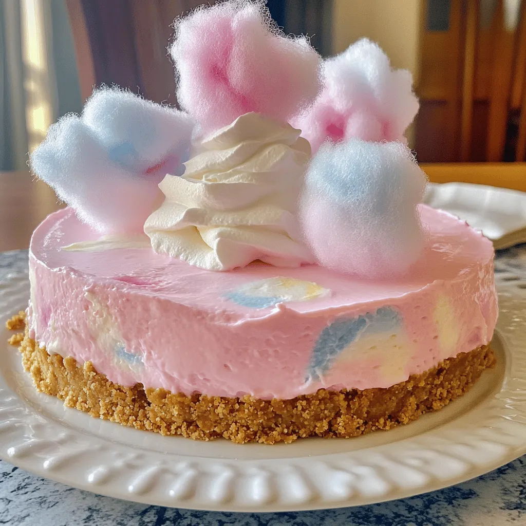 For this cotton candy cheesecake, you need a few key ingredients. Here’s what you will use: - 1 ½ cups graham cracker crumbs - ½ cup unsalted butter, melted - 2 cups cream cheese, softened - 1 cup granulated sugar - 1 teaspoon vanilla extract - 3 large eggs - 1 cup cotton candy - ½ cup sour cream - 2 tablespoons all-purpose flour - Pinch of salt - Whipped cream for topping - Extra cotton candy for garnish Each ingredient plays an important role. The graham cracker crumbs give a sweet and crunchy base. The cream cheese creates a smooth and creamy filling. Cotton candy adds a fun and sweet flavor that makes this cheesecake special. You can add some optional ingredients to make your cheesecake even more fun. Here are a few ideas: - Food coloring for a vibrant look - Different flavored extracts for unique twists - Mini chocolate chips for extra richness These options let you customize the cheesecake to your taste. You can match it to a party theme or just make it more special. If you need to substitute some ingredients, don’t worry! Here are some good swaps: - Use whole wheat graham cracker crumbs for a healthier crust. - Swap out cream cheese with mascarpone for a richer taste. - Substitute sour cream with Greek yogurt for a thicker texture. These substitutions can help create the cheesecake you want. Feel free to experiment! For the full recipe, follow the steps and enjoy making this delightful treat. First, we need to make the crust. In a medium bowl, mix 1 ½ cups of graham cracker crumbs with ½ cup of melted unsalted butter. Stir until the crumbs are all coated. This mixture should be moist but crumbly. Next, press this mixture firmly into the bottom of a 9-inch springform pan. Make sure it is even and compact. This step gives your cheesecake a solid base. Now, let’s make the filling. In a large mixing bowl, beat 2 cups of softened cream cheese with 1 cup of granulated sugar. Mix until it’s smooth and creamy. Then, add 1 teaspoon of vanilla extract, 2 tablespoons of all-purpose flour, and a pinch of salt. Mix until everything is well combined. Next, add 3 large eggs one at a time. Keep the mixer on low speed to avoid overmixing. Finally, gently fold in ½ cup of sour cream and 1 cup of cotton candy. This adds that fun flavor! Pour the cheesecake batter over the crust in the springform pan. Smooth the top with a spatula. Bake the cheesecake at 325°F (160°C) for about 55 to 60 minutes. The center should be set but still slightly jiggly. When it’s done, turn off the oven and crack the door open. Let the cheesecake cool in the oven for about 1 hour. After that, let it cool to room temperature. It’s best to refrigerate the cheesecake for at least 4 hours or overnight. This helps achieve the perfect texture. Before serving, add whipped cream on top and sprinkle extra cotton candy for fun! To get that creamy texture, mix the cream cheese well. Use room temperature cream cheese for best results. This helps avoid lumps in your cheesecake. When you add eggs, mix on low speed. This keeps air out and helps the cheesecake stay dense. After baking, let it cool slowly. Cracking the oven door keeps it from cooling too fast. One common mistake is overmixing the batter. This adds too much air and causes cracks. Another mistake is not cooling the cheesecake properly. If you take it out too soon, it won't set well. Always chill it for at least 4 hours before serving. Also, don’t skip the sour cream; it adds creaminess and tang. Serve your cheesecake with whipped cream on top. Add extra cotton candy for fun. You can also pair it with fresh fruit or a berry sauce. This adds color and flavor. For a party, cut it into small squares and serve them on a colorful platter. You can find the Full Recipe for more detailed steps! {{image_2}} You can change the flavor of your cotton candy cheesecake. Try adding fruit flavors like strawberry or raspberry. This can add a nice twist to the sweet taste. You can also mix in flavored extracts like almond or lemon. Each flavor gives you a new cheesecake experience. Just replace a bit of the vanilla extract in the full recipe. Toppings can make your cheesecake even more fun! Besides whipped cream, try adding sprinkles. They add color and texture. You can also use crushed candy or chocolate chips for a crunch. Fresh fruits like strawberries or blueberries can add freshness too. Try to match your toppings with the flavor you choose. This keeps the look and taste balanced. Mini cheesecakes are perfect for parties or gifts. You can use muffin tins to make them. Just divide the crust and filling into smaller portions. Bake for about 20-25 minutes, checking for doneness. Once cooled, top each mini cheesecake with cotton candy or whipped cream. They look cute and are easy to eat! To store your cotton candy cheesecake, place it in an airtight container. If you don’t have one, wrap it tightly in plastic wrap. This keeps it fresh and prevents it from absorbing other smells in the fridge. Always store it in the refrigerator to maintain its creamy texture. You can freeze cotton candy cheesecake for later enjoyment. First, let it cool completely. Then, wrap it tightly in plastic wrap and aluminum foil. This extra layer helps protect it from freezer burn. When you want to eat it, thaw it in the fridge overnight before serving. Cotton candy cheesecake stays good in the fridge for about 5 days. If you freeze it, it can last up to 3 months. To keep it tasting great, avoid leaving it out at room temperature for too long. Always check for any off smells or changes in texture before eating. Enjoy your sweet treat! Yes, you can use homemade cotton candy. It adds a special touch. Just make sure it is fresh and fluffy. Homemade cotton candy will give your cheesecake a unique flavor. If you have a cotton candy machine, it’s easy to make. Use colorful sugar for fun colors. You will know your cheesecake is done when the edges look set. The center should still jiggle slightly. This means it will firm up as it cools. A toothpick inserted in the center should come out mostly clean. Just remember, it should not be overbaked. You can serve cotton candy cheesecake with whipped cream. Fresh berries also pair well and add color. A drizzle of chocolate or caramel sauce is a great choice too. For a fun twist, add more cotton candy on top. It makes the dish even more exciting. For more ideas, try exploring different sauces or side desserts. This blog post covered how to make a delicious cotton candy cheesecake. We looked at key ingredients, tips for a perfect texture, and fun variations. Pay attention to your crust and filling for the best results. Avoid common mistakes for a cheesecake that wows. Also, remember storage tips to keep it fresh. Cheesecake is fun to make and share—especially with cotton candy! Enjoy your baking journey.