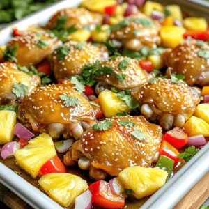 - 4 chicken thighs, bone-in and skin-on - 2 cups fresh pineapple chunks - 1 red bell pepper, sliced - 1 yellow bell pepper, sliced - 1 red onion, sliced - 3 tablespoons soy sauce - 2 tablespoons honey - 1 tablespoon sesame oil - 2 cloves garlic, minced - 1 teaspoon ground ginger - Salt and pepper to taste - 1 tablespoon sesame seeds (for garnish) - Fresh cilantro leaves (for garnish) To make Hawaiian Chicken Sheet Pan, gather these ingredients. The chicken thighs bring rich flavor and juiciness. Pineapple adds a sweet, tangy note. Slicing bell peppers gives color and crunch. The red onion adds depth. For the marinade, whisk soy sauce, honey, sesame oil, minced garlic, and ginger. Season with salt and pepper. These simple ingredients create a vibrant dish. Each item works together to bring out the best flavors. You can find the full recipe [here](Full Recipe). Enjoy cooking! 1. Preheat the Oven: Start by preheating your oven to 425°F (220°C). This helps the chicken cook evenly and develop a crisp skin. Line a large sheet pan with parchment paper. This makes cleanup easy later. 2. Mix the Marinade Ingredients: In a bowl, whisk together 3 tablespoons of soy sauce, 2 tablespoons of honey, 1 tablespoon of sesame oil, 2 minced garlic cloves, and 1 teaspoon of ground ginger. Add a pinch of salt and pepper. This marinade gives the chicken a sweet and savory flavor. 3. Marinate the Chicken Thighs: Place 4 chicken thighs in a resealable bag or a shallow dish. Pour half of the marinade over the chicken. Seal the bag or cover the dish. Let the chicken marinate in the fridge for at least 30 minutes. You can marinate it for up to 2 hours for more flavor. 1. Arrange the Chicken and Vegetables on the Sheet Pan: After marinating, take the chicken out. Place it skin-side up in the center of the prepared sheet pan. Add 2 cups of fresh pineapple chunks, sliced red and yellow bell peppers, and sliced red onion around the chicken. This colorful mix makes your dish look great! 2. Drizzle Remaining Marinade Over the Mixture: Pour the rest of the marinade over the chicken and veggies. Ensure everything is nicely coated for a burst of flavor in every bite. 1. Baking Time and Temperature: Place the sheet pan in the preheated oven. Bake for 30-35 minutes. The chicken should reach an internal temperature of 165°F (74°C). The skin should be golden and crispy. 2. Checking Chicken Doneness: Use a meat thermometer to check the chicken. If it’s done, the juices should run clear. If not, give it a few more minutes. Enjoy this easy and tasty Hawaiian Chicken Sheet Pan recipe. For a full recipe, check out the details above! For great flavor, marinate your chicken for at least 30 minutes. If you have time, try to marinate for up to 2 hours. This allows the chicken to soak up all those tasty flavors. You can also adjust the marinade to fit your taste. Want it sweeter? Add more honey. Prefer a salty kick? Increase the soy sauce. To get crispy chicken skin, make sure to dry the skin with a paper towel before cooking. This helps it crisp up nicely. Place the chicken thighs skin-side up on the pan for the best results. To ensure even cooking, cut the vegetables into similar sizes. This way, everything cooks at the same pace. When serving, pair the Hawaiian Chicken with steamed rice or quinoa. This helps soak up the delicious juices. For a vibrant look, garnish the dish with sesame seeds and fresh cilantro. You can also serve it on a colorful plate for a fun presentation. Enjoy your meal straight from the pan for a casual feel! {{image_2}} You can make this dish your own by swapping proteins. Try chicken breast for a leaner option. Tofu works well for a vegetarian twist. Pork can also add a rich taste. Change up the veggies too! Use broccoli, snap peas, or even carrots. Mixing different vegetables can give you new flavors. Want to spice things up? Add red pepper flakes for heat. Chopped green onions can add freshness. You can also switch sauces. Try teriyaki for a sweet touch or sweet and sour for tangy flavor. These small changes can make a big difference in taste. If you need gluten-free options, use tamari instead of soy sauce. Honey can be swapped with agave for a low-sugar diet. Adjust the sweetness based on your needs. These easy swaps can help everyone enjoy this meal. You can make it fit your lifestyle while keeping the flavors intact. To keep your Hawaiian Chicken Sheet Pan fresh, follow these tips. First, let the dish cool down to room temperature. Store leftovers in an airtight container. This helps keep the flavors and moisture locked in. Use a container that fits your portion size to avoid wasting space. You can refrigerate the leftovers for up to three days. When reheating, I recommend using the oven for the best taste. Preheat your oven to 350°F (175°C). Place the chicken and veggies on a baking sheet. Cover them with foil to keep moisture in. Heat for about 15-20 minutes until warmed through. This method helps retain the flavors and keeps the chicken juicy. Avoid using the microwave, as it can dry out the chicken. If you want to freeze your dish, do so before reheating. Pack the chicken and vegetables in a freezer-safe container. Make sure to leave some space for expansion. This dish can be frozen for up to three months. When you're ready to enjoy it, move the container to the fridge for a day to thaw. For the best results, reheat in the oven after thawing. You should marinate the chicken for at least 30 minutes. This time allows the flavors to soak in. If you can, marinate it for up to 2 hours. The longer the chicken sits, the more taste it gains. Yes, you can use chicken breasts instead of thighs. They will cook faster, so keep an eye on them. Bone-in chicken adds flavor, but skinless options work too. Some great sides include steamed rice or quinoa. You could also serve it with a fresh salad. Grilled vegetables complement the dish nicely. Absolutely! This dish stores well in the fridge. You can prepare it ahead and enjoy it throughout the week. Just reheat it gently to keep the chicken juicy. Yes, you can prepare the chicken and marinate it a day ahead. Just cover it and keep it in the fridge. You can also cook it fully and store it for later meals. For the full recipe, check out the details above! This Hawaiian Chicken Sheet Pan recipe is simple and fun. You have learned about the key ingredients, easy steps for prep and cooking, and some helpful tips. With the right flavors and techniques, you can make a tasty meal that your family will love. Don't be afraid to try out variations to suit your taste. Enjoy creating this dish, and remember, sharing it makes it even better! Happy cooking!