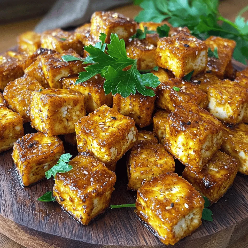 - Firm tofu (14 oz) - Cornstarch - Soy sauce - Sesame oil - Olive oil - Garlic powder - Smoked paprika - Black pepper - Salt - Fresh parsley, chopped Crispy baked tofu is a simple yet tasty dish. The main ingredient, firm tofu, is key to the texture you want. It holds its shape well when baked. Cornstarch gives the tofu a crunchy exterior, while soy sauce adds a rich flavor. Sesame oil brings a hint of nuttiness, and olive oil helps with browning. For seasoning, garlic powder adds warmth, and smoked paprika gives a nice, smoky taste. Black pepper adds a little heat, while salt enhances all the flavors. Finally, fresh parsley makes a great garnish. It adds color and freshness. This recipe is easy to follow. You can find the full recipe in the section above. Enjoy making this delightful dish! 1. Preheating the oven Start by preheating your oven to 400°F (200°C). This step is key for crispy results. 2. Draining and pressing tofu Open the tofu package and drain the liquid. Press the tofu between paper towels. This helps remove extra moisture for better crispiness. 3. Cutting tofu into cubes Slice the tofu into bite-sized cubes. Aim for uniform pieces to ensure even cooking. 1. Combining dry and wet ingredients In a large bowl, mix together cornstarch, soy sauce, sesame oil, olive oil, garlic powder, smoked paprika, black pepper, and salt. This blend gives great flavor and texture. 2. Coating the tofu evenly Gently add the cubed tofu to the bowl. Toss the tofu until each piece is well coated. This step is crucial for flavor. 1. Arranging the tofu on the baking tray Line a baking tray with parchment paper. Place the coated tofu cubes in a single layer, spaced apart. This helps them crisp up nicely. 2. Setting baking time and temperature Bake the tofu in the preheated oven for 25-30 minutes. Keep an eye on them as they cook. 3. Turning tofu for even cooking Halfway through baking, turn the tofu cubes. This helps them brown evenly and get that perfect crispy texture. Enjoy your crispy baked tofu! For those looking for the full recipe, check out the [Full Recipe]. To get the best results, start with firm tofu. Firm tofu holds its shape well and crisps nicely. Next, drying the tofu is key. After draining, press it between paper towels to soak up extra moisture. This step makes a big difference in texture. Finally, set your oven to 400°F (200°C). This hot temperature helps achieve that perfect crunch. One common mistake is not pressing enough liquid out of the tofu. If the tofu is wet, it won’t become crispy. Another mistake is overcrowding the baking tray. Make sure the tofu cubes are spaced apart. Give them room to breathe and crisp evenly. Crispy baked tofu pairs great with sauces. You can try soy sauce, teriyaki, or even a spicy sriracha mix. For sides, think about serving it with rice or a fresh salad. These sides add flavor and balance to your meal. For the full recipe, check out the Crispy Baked Tofu Delight. Enjoy experimenting! {{image_2}} You can easily change the taste of your crispy baked tofu. Adding honey or maple syrup gives it a sweet touch. This blends nicely with the savory flavors. You can also use different spices for unique flavors. Try adding cumin for warmth or chili powder for heat. Each spice adds a new twist to your dish. If you want a faster option, use an air fryer. It cooks the tofu quickly and makes it very crispy. Simply coat the tofu as you would for baking, then place it in the air fryer. Cook at 375°F for about 15-20 minutes. You can also pan-sear the tofu for a quicker method. Heat oil in a pan over medium heat. Add the coated tofu cubes and cook for about 5-7 minutes on each side. This gives you a delicious golden crust and juicy inside. For those who need gluten-free options, use tamari instead of soy sauce. This keeps all the flavors while meeting dietary needs. If you're looking for vegan options, this recipe is already vegan-friendly. Just ensure all your ingredients are plant-based. You can swap out oils too, using avocado or coconut oil for different tastes. These ideas help you make the crispy baked tofu your own. Each variation can turn a simple dish into something special. For the complete recipe, refer to the Full Recipe section. To store leftover crispy baked tofu, place it in an airtight container. Keep it in the fridge for up to five days. Make sure the tofu is cool before sealing the container. This helps keep it fresh longer. If you want to freeze crispy baked tofu, let it cool completely. Place the tofu in a freezer-safe bag or container. Remove as much air as you can to prevent freezer burn. You can freeze it for up to three months. When you’re ready to use it, thaw it in the fridge overnight. To reheat crispy baked tofu, the oven is the best method. Preheat your oven to 350°F (175°C). Place the tofu on a baking sheet and bake for about 10-15 minutes. This will help it regain its crispiness. You can also use an air fryer. Set it to 350°F (175°C) and cook for about 5-7 minutes. This method works well for keeping the tofu crispy. Crispy baked tofu lasts in the fridge for up to five days when stored properly. After that, it may start to lose its freshness. Signs of spoilage include a sour smell and a slimy texture. If you notice these signs, it’s best to throw the tofu away. Always trust your senses when checking food freshness. To get crispy tofu, start with firm or extra-firm tofu. The key is to press it well to remove moisture. After pressing, coat the cubes in cornstarch. This helps create a nice crust. Use a hot oven, about 400°F. Bake for 25-30 minutes. Flip the cubes halfway through for even crispiness. For great flavor, mix soy sauce, sesame oil, and spices. You can use soft tofu, but it won't be as crispy. Firm or extra-firm tofu holds its shape better. Soft tofu crumbles when pressed. It works in soups or smoothies, not baking. For this recipe, firm tofu is best. It gives you that nice crunch. Crispy baked tofu is great in many dishes. Serve it over rice or in a salad. You can add it to stir-fries for extra protein. Pair it with a dipping sauce like soy sauce or a spicy mayo. Garnish with fresh herbs for color and taste. Crispy baked tofu is healthier than fried tofu. Baking uses less oil, cutting down calories. Tofu is a good source of protein and iron. It also has healthy fats. Plus, it’s packed with calcium. Overall, baking keeps it nutritious while still tasty. Baking tofu at 400°F takes about 25-30 minutes. This time gives it a crispy texture. Make sure to flip the tofu halfway through cooking. This helps all sides brown evenly. Keep an eye on it to avoid burning. For the full recipe, check out the Crispy Baked Tofu Delight. Crispy baked tofu is a simple and tasty dish. We covered key ingredients like firm tofu and cornstarch, and we went through easy step-by-step instructions. I shared tips for the best crispiness and common pitfalls to avoid. You can even try delicious variations and learn how to store your leftovers. Tofu is not just healthy; it’s also very versatile. With this guide, you can make a crunchy, flavorful treat you’ll love! Enjoy your tasty, baked tofu adventure!