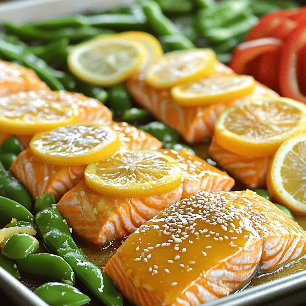 To make Sheet Pan Citrus Glazed Salmon, gather these main ingredients: - 4 salmon fillets - 2 oranges (juiced and zested) - 1 lemon (juiced and zested) - 2 tablespoons honey - 2 tablespoons olive oil - 2 cloves garlic, minced - 1 teaspoon fresh ginger, grated - Salt and pepper to taste - 1 cup snap peas - 1 red bell pepper, sliced The salmon fillets are the star of this dish. Their rich flavor pairs well with the bright citrus. The oranges and lemon bring freshness and balance. Honey adds a hint of sweetness. Olive oil helps with cooking and adds nice flavor. Garlic and ginger give depth. Snap peas and red bell pepper add color and crunch. For a little extra flair, try these optional garnishes: - Sesame seeds - Additional herbs or spices Using sesame seeds gives a nice crunch. You can also sprinkle fresh herbs like cilantro or parsley for color and taste. If you want more spice, add some chili flakes or black pepper. Each garnish enhances the dish, making it even more enjoyable. This simple recipe comes together quickly. You can find the full recipe linked above for more details on preparation and cooking steps. 1. Preheat the Oven: Start by preheating your oven to 400°F (200°C). This heat helps to cook the salmon evenly and keeps the veggies crisp. Line a large sheet pan with parchment paper. This makes cleanup easier later. 2. Make the Citrus Glaze: In a small bowl, whisk together the juices and zest from the oranges and lemon. Add honey, olive oil, minced garlic, grated ginger, salt, and pepper. Mix until well combined. This glaze adds a bright flavor to the salmon. 1. Arrange Salmon and Vegetables: Place the salmon fillets on one side of the sheet pan. Pour half of the citrus glaze over the salmon. On the other side, arrange the snap peas and sliced red bell pepper. Drizzle them with olive oil and sprinkle with salt and pepper. Toss them to coat well. 2. Roasting Duration and Temperature Guidelines: Place the sheet pan in the oven. Roast for 15-20 minutes. The salmon should be cooked through and flake easily with a fork. The vegetables will be tender but still crisp. This cooking method keeps everything juicy and full of flavor. 1. Application of the Glaze Before Serving: In the last 5 minutes of roasting, brush the reserved citrus glaze over the salmon. This creates a shiny, tasty finish that makes the dish look great. 2. Serving Suggestions: Once done, take the sheet pan out of the oven. Let it rest for a couple of minutes. Sprinkle sesame seeds over the salmon and vegetables for a nice crunch. Serve warm for a fresh and easy meal. For the full recipe, check out the details I provided earlier. Enjoy your delicious Sheet Pan Citrus Glazed Salmon! To get the best texture from your salmon, begin with fresh fillets. Look for salmon that is bright and moist. When cooking, place the salmon skin-side down on the sheet pan. This keeps it moist and helps it cook evenly. To check for doneness, gently poke the salmon with a fork. If it flakes easily, it's ready. The internal temperature should reach 145°F (63°C). Use an instant-read thermometer for accuracy. For more flavor, consider adding fresh herbs like dill or parsley. A pinch of red pepper flakes can add a nice kick. You can also swap honey for maple syrup for a different sweetness. If you have leftover glaze, store it in a sealed container in the fridge. It will stay fresh for about a week. Use it to drizzle over grilled chicken or veggies. This way, you maximize the flavors and minimize waste. For the complete recipe, check out the [Full Recipe]. {{image_2}} You can switch up the proteins in this dish. If you prefer, use trout or even chicken. Each will soak up the citrus glaze well. Just adjust the cooking time slightly. Fish takes less time than chicken. For veggies, snap peas and red bell peppers are great, but feel free to mix. Broccoli or asparagus work nicely too. They add color and crunch. You can use any seasonal veggies you like. To change the flavor, add fresh herbs. Basil or cilantro can brighten the dish. For spice, try red pepper flakes or cumin. Each will give a new twist. Experiment with citrus too. Lime or grapefruit juice can change the taste. Mix and match until you find your favorite combo. You might even try a blend of citrus for depth. The options are endless! For the full recipe, you can refer to the Sheet Pan Citrus Glazed Salmon. To keep your cooked salmon and vegetables fresh, store them in airtight containers. Place the salmon and veggies in separate containers if possible. This helps maintain their texture and flavor. Refrigerate them right after the meal. They should stay good for up to three days. When you’re ready to reheat, avoid the microwave if you can. Instead, use the oven for the best taste. Preheat your oven to 300°F (150°C). Place the salmon on a baking sheet and cover it with foil. Heat for about 10 minutes. This method helps keep the salmon moist and tasty. If you want to save salmon for later, freezing is a great choice. Wrap each salmon fillet tightly in plastic wrap, then place it in a freezer bag. Remove as much air as you can. This helps prevent freezer burn. You can freeze the salmon for up to three months. When you’re ready to eat, thaw the salmon in the fridge overnight. For quicker thawing, place it in cold water for about an hour. Once thawed, reheat it using the same oven method mentioned above. This way, you enjoy that delicious flavor again. For the full recipe, check out the earlier section! How to make the salmon skin crispy? To get crispy salmon skin, start with dry skin. Pat the skin with paper towels. Then, place the salmon skin-side down in a hot pan with a bit of oil. Cook it on high heat for a few minutes before baking. This helps create a nice crust. Can I use frozen salmon for this recipe? Yes, you can use frozen salmon. Just make sure to thaw it completely first. Place it in the fridge overnight or in cold water for a quicker thaw. Once thawed, follow the same steps as with fresh salmon. Health benefits of salmon and citrus Salmon is rich in omega-3 fatty acids. These help your heart and brain health. Citrus fruits add vitamin C, which boosts your immune system. Together, they create a tasty and healthy meal. How to make this recipe healthier? You can use less honey in the glaze. Try adding more veggies like broccoli or carrots. This adds fiber and nutrients without many calories. Can I grill instead of roast? Yes, grilling works well too! Preheat your grill and place the salmon on a grill pan. Cook it on medium heat. Keep an eye on it to prevent sticking and burning. What's the best side dish to serve with citrus glazed salmon? A fresh salad pairs nicely with this dish. You can also serve it with brown rice or quinoa. These sides balance the flavors and add healthy grains to your meal. This post covered how to make a tasty citrus-glazed salmon. You learned about the key ingredients, step-by-step cooking, and tips for perfect texture. Remember, experimenting with flavors makes each dish unique. Don't hesitate to try new vegetables or spices. Storing leftovers? Keep them fresh with proper techniques for refrigeration or freezing. Enjoy your meals, and have fun cooking!