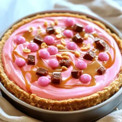 - 1 ½ cups crushed graham crackers - ½ cup unsalted butter, melted - 1 cup cream cheese, softened - 1 cup powdered sugar - 1 teaspoon vanilla extract - 1 cup heavy cream - 1 cup mini Snickers bars, chopped - 1 cup Pink M&M's - ½ cup caramel sauce - ¼ cup chopped peanuts (for garnish) - Pink food coloring (optional) - 9-inch springform pan - Mixing bowls - Hand mixer or stand mixer - Whisk Gathering your ingredients is the first step to making the Pink M&M Snickers Cheesecake. You will need a mix of sweet, creamy, and crunchy items. The graham crackers form the crust, while the cream cheese and heavy cream create a rich filling. Don't forget the mini Snickers bars and Pink M&M's for that fun twist! Having the right equipment makes things easier. A springform pan helps you remove the cheesecake easily once it's set. Mixing bowls and a hand mixer are essential for creating that smooth, creamy texture. A whisk is useful, especially when whipping the cream. With these ingredients and tools, you’re ready to dive into the delicious world of cheesecake making! For the full recipe, check out [Full Recipe]. To start, combine 1 ½ cups of crushed graham crackers with ½ cup of melted butter. Mix until the crumbs look wet. Next, press this mixture evenly into the bottom of a 9-inch springform pan. Make sure it holds together well. After that, chill the crust in the refrigerator while you make the filling. In a large bowl, beat 1 cup of softened cream cheese with a hand mixer until smooth. Gradually add in 1 cup of powdered sugar and 1 teaspoon of vanilla extract. Keep mixing until it is creamy and smooth. In a separate bowl, whip 1 cup of heavy cream until stiff peaks form. Then, gently fold the whipped cream into the cream cheese mixture. If you want a pink hue, add a few drops of pink food coloring and mix until you reach the desired shade. Now, fold in 1 cup of chopped mini Snickers bars and 1 cup of Pink M&M's. Be careful not to break them apart. Pour the cheesecake mixture over the chilled crust and spread it out evenly. Drizzle ½ cup of caramel sauce on top, then swirl it with a knife for a fun marbled look. Cover the cheesecake with plastic wrap and refrigerate it for at least 4 hours. If you have time, overnight chilling gives the best results. Once set, remove the cheesecake from the springform pan. Finally, garnish with ¼ cup of chopped peanuts around the edge and add an extra drizzle of caramel sauce on top. Enjoy this sweet and colorful treat! To make a creamy cheesecake, start with room temperature cream cheese. Cold cream cheese makes it hard to blend. Mix it well until smooth before adding any sugar. This helps avoid lumps. Use a hand mixer for best results. Room temperature ingredients matter a lot. If your heavy cream, eggs, and cream cheese are too cold, your cheesecake may not set right. Let them sit out for 30 minutes before you start. This simple step makes a big difference in texture. Add more fun by drizzling extra caramel or chocolate on top. This gives a richer taste. You can also use a mix of candies. Try different flavors of M&M's or other chocolates. Each candy adds a new twist that makes your cheesecake special. You can even add a splash of your favorite liqueur for an adult version. Just remember, a little goes a long way! Garnish your cheesecake to make it pop. Use chopped peanuts around the edge for a crunchy bite. A few extra Pink M&M's on top adds color and fun. Serve it on a beautiful plate for a nice touch. You can also cut slices and place them on small dessert plates. This makes it easy for guests to enjoy. For a special treat, add a scoop of ice cream on the side. For the full recipe, check the earlier sections. Enjoy your Pink M&M Snickers cheesecake! {{image_2}} You can switch up the M&M's for other colors or flavors. For a fun twist, use peanut butter or almond M&M's. You can also try crispy or pretzel M&M's for a crunchy bite. If you want to change the chocolate bars, consider using Twix or Milky Way instead of Snickers. Each candy brings a new flavor and texture to your cheesecake. If you need a gluten-free option, use gluten-free graham crackers for the crust. You can also make the cheesecake dairy-free. Substitute cream cheese with a dairy-free option, like cashew cream or coconut cream. Use a dairy-free whipped topping to get that light, fluffy texture. These changes will still yield a delicious cheesecake without the common allergens. You can make this cheesecake fit any holiday theme. For Halloween, use orange and black M&M's. At Christmas, try red and green M&M's with peppermint pieces for a festive touch. In spring, add fresh fruit like strawberries or raspberries for a bright flavor. Each season offers unique ways to adapt this cheesecake. To keep your Pink M&M Snickers Cheesecake fresh, store it in the fridge. Use an airtight container or cover it tightly with plastic wrap. This will help keep it moist and tasty. If you have leftover toppings, store them separately. You can add them back on just before serving for the best look and taste. If you want to save some for later, you can freeze it. Cut the cheesecake into slices and wrap each slice in plastic wrap. Then place the slices in a freezer-safe bag or container. Make sure to label it with the date. This way, you can enjoy it later without losing flavor. In the refrigerator, the cheesecake lasts about 3 to 5 days. Keep an eye on it and check for any changes. If you notice any off smells, colors, or mold, it is best to throw it away. When frozen, your cheesecake can last up to 2 months. Just remember, the longer it stays in the freezer, the more it can lose its taste and texture. Before you eat it, thaw it in the fridge overnight. This makes it creamy again. Yes, you can make this cheesecake ahead of time. In fact, it tastes better after chilling. I recommend making it the day before you plan to serve it. Store the cheesecake in the fridge, covered with plastic wrap. This keeps it fresh and creamy. Absolutely! While the graham cracker crust is classic, you can try other options. Here are a few ideas: - Oreo cookie crust for a chocolatey twist - Vanilla wafer crust for a sweet crunch - Almond flour crust for a gluten-free option No worries! You can use different pans if you don’t have a springform. Here are some alternatives: - A regular pie pan works well for this cheesecake - An 8x8 square baking dish gives you nice slices - A round cake pan can also do the trick, just line it with parchment paper For the full recipe, check back to ensure you follow all steps. This cheesecake is easy to make and fun to customize. You learned about the key ingredients, tools, and step-by-step methods needed to create it. From adding your favorite candies to perfecting the texture, you have many options. Remember to store leftovers properly for the best taste later. Enjoy making this dessert for any occasion, and don’t hesitate to experiment with your unique twists. Your delicious creation awaits!