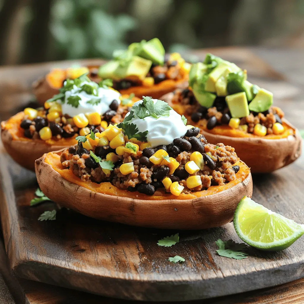 - 4 medium sweet potatoes - 1 lb ground turkey (or beef) - 1 can black beans, rinsed and drained - 1 cup corn (frozen or fresh) - 1 packet taco seasoning (or homemade mix) - 1 cup diced tomatoes (canned or fresh) - 1 cup shredded cheese (cheddar or Mexican blend) - 1 avocado, diced - ½ cup Greek yogurt or sour cream - 1 lime, juiced - Fresh cilantro, chopped - Salt and pepper To make taco stuffed sweet potatoes, gather these ingredients. Sweet potatoes are sweet and healthy. They provide a great base for your meal. Ground turkey or beef adds protein and flavor. Black beans pack in fiber, making this dish filling. Corn adds a sweet crunch. Taco seasoning brings in classic Mexican flavors. Diced tomatoes keep everything juicy. Shredded cheese adds a creamy touch when melted. Diced avocado gives a fresh taste. Greek yogurt or sour cream adds coolness to each bite. Lime juice brightens the dish. Fresh cilantro adds a touch of freshness. Don’t forget salt and pepper to enhance the flavors. - Calories per serving: Approximately 400-500 - Macronutrient breakdown: - Protein: 25-30g - Carbohydrates: 60-70g - Fats: 10-15g This meal can be a healthy option. It is packed with nutrients and flavor. You can enjoy a satisfying dish without guilt. For the full recipe, check the section above on Taco Stuffed Sweet Potatoes. To start, wash the sweet potatoes well under cold water. Scrub them to remove any dirt. After washing, pierce each sweet potato a few times with a fork. This step helps steam escape while baking. Next, preheat your oven to 400°F (200°C). This temperature ensures the sweet potatoes cook evenly and become tender. While the sweet potatoes bake, it’s time to cook the taco filling. Heat a large skillet over medium heat. Add 1 pound of ground turkey or beef to the skillet. Cook until it’s browned, breaking it apart with a spatula. Season with salt, pepper, and a packet of taco seasoning. Once browned, stir in 1 can of rinsed black beans, 1 cup of corn, and 1 cup of diced tomatoes. Allow the mixture to simmer for about 5 minutes. This lets the flavors blend together nicely. Taste it and adjust the seasoning if needed. After about 45-50 minutes, check your sweet potatoes. They should be soft and tender. Remove them from the oven and let them cool slightly. Slice each sweet potato open lengthwise to create a pocket for the filling. Now, fill each potato with the taco mixture. Pack it in well so each bite is full of flavor. For toppings, sprinkle shredded cheese on top. Add diced avocado, a dollop of Greek yogurt or sour cream, and a squeeze of fresh lime juice. Finish with a sprinkle of chopped cilantro. To melt the cheese, return the stuffed sweet potatoes to the oven for 5-7 minutes. You want the cheese to be nice and bubbly. Once done, take them out, let them cool a bit, and serve warm. Enjoy this easy and flavorful dish! For the full recipe, refer to the recipe section. When selecting sweet potatoes, look for firm ones. Avoid any with soft spots or blemishes. Size matters too. Medium sweet potatoes work best for this recipe. They are easier to scoop and fill. If they are too large, the filling may not fit well. Freshness is key. Choose sweet potatoes that feel heavy for their size. This means they are full of moisture. To make the taco filling pop, adjust the spices. If you like heat, add more chili powder or cayenne. For a milder flavor, use less. You can also enhance the taste with fresh herbs like cilantro. If you have leftovers, don’t toss them! Use them in this filling. Leftover chicken or beans fit perfectly in the mix. Just ensure they are heated through before filling the sweet potatoes. Pair your taco stuffed sweet potatoes with a fresh salad. A simple green salad with lime dressing works great. You can also serve them with tortilla chips and salsa for crunch. This dish is perfect for casual gatherings or family dinners. It's easy to make and sure to please everyone. Enjoying these stuffed sweet potatoes on taco night adds a fun twist! {{image_2}} You can easily make Taco Stuffed Sweet Potatoes vegetarian or vegan. For meat substitutes, try using lentils or quinoa. These options offer great texture and flavor. You can also use plant-based ground meat. For toppings, use dairy-free cheese or avocado instead of sour cream. You can add fresh veggies like diced bell peppers or jalapeños for a crunchy bite. Make your dish unique with different flavor profiles. For a Mexican-style twist, add fresh lime juice and cilantro. You can also use spicy salsa for a kick. If you want to explore global flavors, think outside the box. Add curry powder for an Indian-inspired taste. Or, try using tahini and chickpeas for a Middle Eastern flair. You can easily swap ingredients to suit your taste. For cheese, try a vegan option like cashew cheese. This keeps it creamy without dairy. When it comes to beans and grains, feel free to mix it up. Black beans work well, but you can also use pinto beans or kidney beans. Brown rice or farro can add extra fiber and nutrients. For the full recipe, check out the detailed instructions provided earlier. To keep your taco stuffed sweet potatoes fresh, store them in an airtight container. Make sure they cool down before sealing. If you leave them out too long, they will spoil. Place the container in the fridge. The cool air will help the flavors stay fresh. You can freeze the stuffed sweet potatoes for later. Wrap each one in plastic wrap. Then, put them in a freezer-safe bag. This protects them from freezer burn. When you want to eat them, take them out and let them thaw in the fridge overnight. To reheat, you can use the oven or a microwave. For the oven, preheat it to 350°F (175°C). Place the sweet potatoes on a baking sheet. Heat for about 20 minutes until warm. If using a microwave, heat in short bursts, checking often. Leftovers in the fridge last about 3 to 5 days. After that, the taste and texture may change. Always check for any signs of spoilage. If they look or smell off, it’s best to throw them away. Yes, you can make this recipe ahead of time. Here are some tips: - Bake the sweet potatoes a day in advance. - Prepare the taco filling and store it in the fridge. - When ready to serve, reheat the filling and stuff it into warm sweet potatoes. - Top with cheese and other toppings right before serving. You have many options for proteins. Here are some ideas: - Ground beef for a classic taste. - Ground chicken for a lighter choice. - Black beans or lentils for a vegetarian option. - Tofu crumbles for a vegan twist. Sweet potatoes are done when they are soft. Here are signs to look for: - A fork should easily pierce through the skin. - The skin may look slightly wrinkled. - The sweet potato should feel soft when squeezed gently. Absolutely! You can make it your own. Here are popular topping ideas: - Sliced jalapeños for heat. - Chopped green onions for freshness. - Salsa for added flavor. - Different cheeses like feta or pepper jack. - Fresh herbs like parsley or chives. Enjoy trying these variations and tips! For the full recipe, check out the [Full Recipe]. This blog post covered a tasty stuffed sweet potato recipe. It highlighted key ingredients, from sweet potatoes to ground turkey or beans. I shared step-by-step cooking instructions and helpful tips for perfecting the dish. We explored fun variations, storage tips, and answered common questions. Try this recipe for a healthy meal that’s easy to customize. Your next meal can be both delicious and satisfying! Enjoy the taste and nutrition this dish offers.