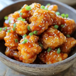 - 1 lb (450g) boneless, skinless chicken breast - 1/2 cup all-purpose flour - 1/2 cup cornstarch - 1 teaspoon salt - 1/2 teaspoon black pepper - 1 teaspoon garlic powder - 1 teaspoon onion powder - 1 cup vegetable oil (for frying) - 1/2 cup sweet chili sauce - 2 tablespoons fresh lime juice - 1 tablespoon soy sauce - 1/4 cup green onions, finely chopped - Sesame seeds for garnish These ingredients blend together to create the perfect sweet chili chicken bites. You will need fresh chicken breast, which gives a tender bite. The flour and cornstarch create a crispy coating that seals in moisture. The spices add flavor and warmth. The sweet chili sauce brings a nice balance of sweetness and heat. Fresh lime juice gives a tangy twist. The soy sauce adds depth to the sauce, making each bite exciting. Green onions and sesame seeds add a pop of color and crunch to the final dish. For a full recipe on how to make these tasty morsels, check out the complete guide. - Prepare the Chicken: First, cut the chicken into bite-sized pieces. In a bowl, mix the flour, cornstarch, salt, black pepper, garlic powder, and onion powder. Stir it well until combined. - Coat the Chicken: Dip each chicken piece into the flour mix. Make sure each piece is well covered. Afterward, shake off any extra flour. - Heat the Oil: In a large skillet, pour in the vegetable oil. Heat it over medium-high heat until it reaches about 350°F (175°C). - Fry the Chicken: Carefully place the coated chicken into the hot oil. Fry in small batches to avoid crowding. Cook for 5-7 minutes. The chicken should turn golden brown and be cooked all the way through. Use a slotted spoon to transfer the chicken to a plate lined with paper towels. This helps drain excess oil. - Prepare the Sauce: In a small bowl, mix the sweet chili sauce, lime juice, and soy sauce together. Stir until smooth. - Combine Chicken and Sauce: Return the fried chicken to the skillet. Pour the sweet chili sauce mix over the chicken. Toss gently to coat each piece well. Heat everything together on low for about 1-2 minutes. - Garnish and Serve: Remove the skillet from heat. Garnish the chicken with finely chopped green onions and sesame seeds. Serve warm and enjoy your tasty crunchy delight! For the full recipe, refer to the earlier section. Achieving the Perfect Crispy Texture To make your Sweet Chili Chicken Bites crispy, use a mix of flour and cornstarch. The cornstarch adds extra crunch. Make sure the oil is hot enough before frying. You want it around 350°F (175°C). This helps seal the chicken quickly and locks in moisture. Fry in small batches. If you crowd the pan, the temperature drops, and the chicken steams instead of crisps. Adjusting Spice Levels If you prefer less spice, use less sweet chili sauce. You can also add more lime juice for a tangy flavor without heat. For those who love heat, try adding a pinch of red pepper flakes to the sauce. You have control over the spice, so adjust it to your taste! Pairing with Side Dishes These chicken bites pair well with fresh salads or rice. A simple cucumber salad cools the heat and adds a crunch. You can also serve them with jasmine rice for a filling meal. If you want something lighter, try veggie sticks with a yogurt dip. Best Accompaniments Serve with extra sweet chili sauce for dipping. It enhances the flavor and adds a fun element to the meal. You can also sprinkle sesame seeds and chopped green onions on top for a pop of color and taste. Best Type of Frying Pan A deep frying pan or a cast-iron skillet works best for frying these chicken bites. They hold heat well and help achieve that perfect golden crust. Avoid non-stick pans as they may not give you the crispiness you want. Useful Cooking Tools A slotted spoon is a must for frying. It helps you lift the chicken out of hot oil without making a mess. Also, a thermometer ensures your oil is at the right temperature. This tool guarantees your chicken cooks perfectly every time. For the full recipe, check the details provided above. Enjoy your cooking! {{image_2}} You can switch up the main ingredient in Sweet Chili Chicken Bites. Try using tofu if you want a meat-free option. Tofu absorbs flavors well and gives a nice texture. Shrimp is another great choice. It cooks quickly and offers a sweet taste that pairs well with the sauce. For the sauce, you can experiment with different flavors. Try a honey garlic sauce for sweetness. Or, make a spicy sriracha mix for a kick. Mixing sauces can give your bites a new twist. If you need a gluten-free version, substitute all-purpose flour with rice flour. Rice flour will still give you a crispy bite. Make sure to check that your sweet chili sauce is gluten-free, as some brands may contain gluten. For a vegan adaptation, use tofu instead of chicken. You can also find vegan sweet chili sauce. This way, you can enjoy the dish without animal products. Both options let you enjoy these bites while meeting your dietary needs. Adding veggies can make your Sweet Chili Chicken Bites even better. Toss in bell peppers or snap peas for extra crunch and color. They add freshness and a nice taste to the dish. You can also try different seasonings. A pinch of smoked paprika adds depth. If you like more spice, consider cayenne pepper or chili flakes. Adjusting these flavors makes the dish your own and keeps it exciting. To keep your sweet chili chicken bites fresh, store them in an airtight container. Place a paper towel in the container to absorb excess moisture. This helps maintain crispiness. They last in the fridge for about 3-4 days. When reheating, I recommend using an oven or air fryer. This keeps the bites crispy. Preheat the oven to 375°F (190°C). Place the chicken bites on a baking sheet. Heat them for about 10-15 minutes. If using an air fryer, set it to 350°F (175°C) and cook for 5-7 minutes. If you want to freeze the chicken bites, do so after frying. Allow them to cool completely first. Place them in a single layer on a baking sheet and freeze for about an hour. Once frozen, move them to a freezer bag. They will stay good for up to 3 months. To thaw, transfer them to the fridge overnight. Then, reheat them using the methods above for best results. For detailed cooking instructions, check the Full Recipe. The best way is to check the internal temperature. The chicken should reach 165°F (75°C) to be safe. Use a meat thermometer for accuracy. Insert it into the thickest part of the chicken. This ensures you avoid undercooking. Cooking time may vary based on piece size and frying method. Always prioritize safety when cooking chicken. Yes, you can easily make sweet chili sauce at home. Start with these simple ingredients: - 1 cup sugar - 1/2 cup water - 1/4 cup rice vinegar - 2 tablespoons chili flakes - 1 tablespoon cornstarch (mixed with water) Combine sugar, water, and vinegar in a pot. Heat until sugar dissolves. Stir in chili flakes and cornstarch mix. Cook until thickened. This gives you a fresh sauce that can enhance your chicken bites. You can add more heat in several ways. Consider these suggestions: - Add extra chili flakes to the sauce. - Use spicy chili paste instead of sweet chili sauce. - Toss in some sliced fresh jalapeños while cooking. These options will give your sweet chili chicken bites a nice kick. Adjust the spice level to match your taste. Enjoy experimenting! This blog post covered how to make a tasty chicken dish. We explored the best ingredients, cooking steps, and ways to serve it. You learned tips for crispiness and adjustments for different diets. Our recipe is versatile, perfect for any meal. Always store leftovers properly to keep them fresh. With these tips, you can impress family and friends with your cooking skills. Enjoy the flavors and have fun in the kitchen!