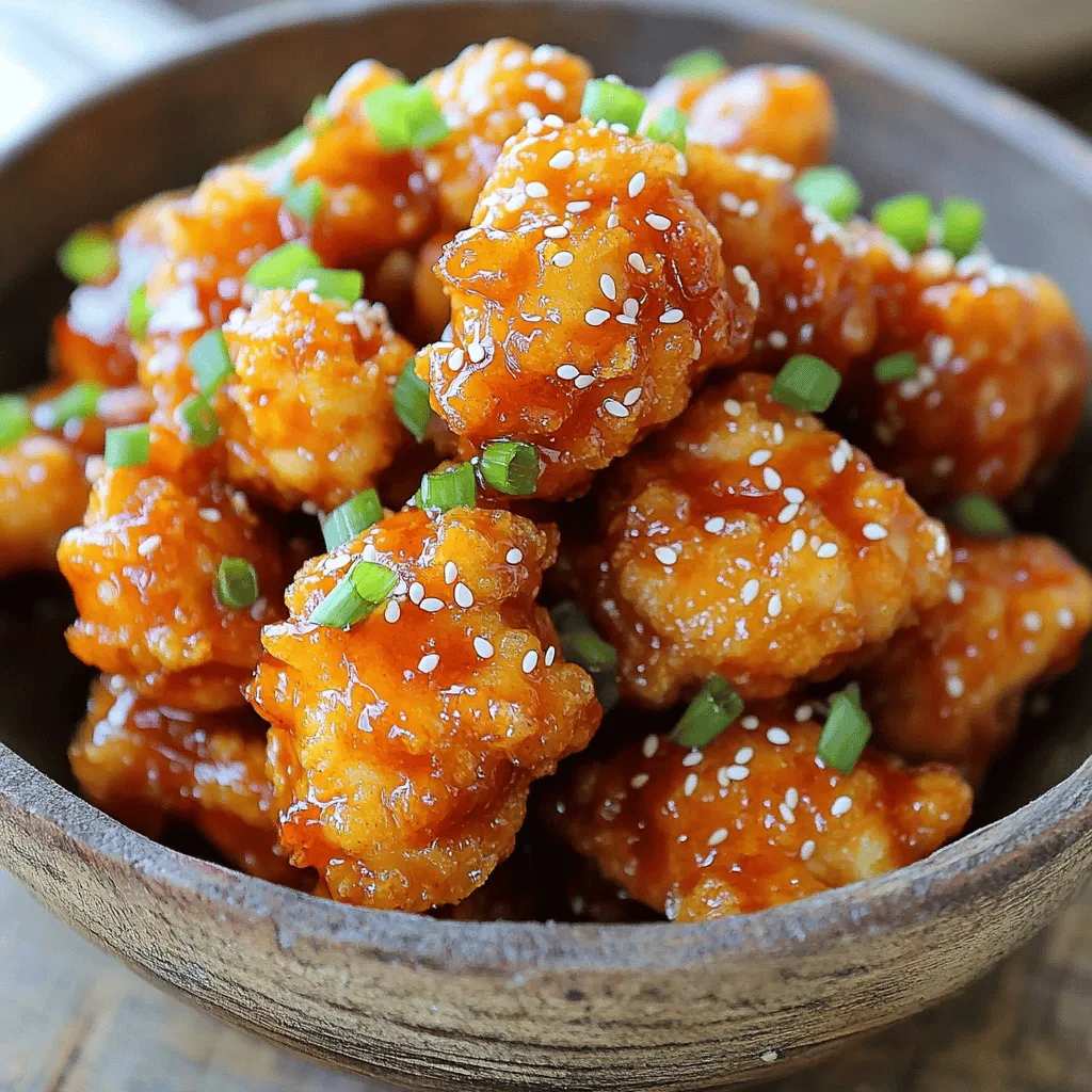 - 1 lb (450g) boneless, skinless chicken breast - ½ cup all-purpose flour - ½ cup cornstarch - 1 teaspoon salt - ½ teaspoon black pepper - 1 teaspoon garlic powder - 1 teaspoon onion powder - 1 cup vegetable oil (for frying) - ½ cup sweet chili sauce - 2 tablespoons fresh lime juice - 1 tablespoon soy sauce - ¼ cup green onions, finely chopped - Sesame seeds for garnish These ingredients blend together to create the perfect sweet chili chicken bites. You will need fresh chicken breast, which gives a tender bite. The flour and cornstarch create a crispy coating that seals in moisture. The spices add flavor and warmth. The sweet chili sauce brings a nice balance of sweetness and heat. Fresh lime juice gives a tangy twist. The soy sauce adds depth to the sauce, making each bite exciting. Green onions and sesame seeds add a pop of color and crunch to the final dish. For a full recipe on how to make these tasty morsels, check out the complete guide. - Prepare the Chicken: First, cut the chicken into bite-sized pieces. In a bowl, mix the flour, cornstarch, salt, black pepper, garlic powder, and onion powder. Stir it well until combined. - Coat the Chicken: Dip each chicken piece into the flour mix. Make sure each piece is well covered. Afterward, shake off any extra flour. - Heat the Oil: In a large skillet, pour in the vegetable oil. Heat it over medium-high heat until it reaches about 350°F (175°C). - Fry the Chicken: Carefully place the coated chicken into the hot oil. Fry in small batches to avoid crowding. Cook for 5-7 minutes. The chicken should turn golden brown and be cooked all the way through. Use a slotted spoon to transfer the chicken to a plate lined with paper towels. This helps drain excess oil. - Prepare the Sauce: In a small bowl, mix the sweet chili sauce, lime juice, and soy sauce together. Stir until smooth. - Combine Chicken and Sauce: Return the fried chicken to the skillet. Pour the sweet chili sauce mix over the chicken. Toss gently to coat each piece well. Heat everything together on low for about 1-2 minutes. - Garnish and Serve: Remove the skillet from heat. Garnish the chicken with finely chopped green onions and sesame seeds. Serve warm and enjoy your tasty crunchy delight! For the full recipe, refer to the earlier section. Achieving the Perfect Crispy Texture To make your Sweet Chili Chicken Bites crispy, use a mix of flour and cornstarch. The cornstarch adds extra crunch. Make sure the oil is hot enough before frying. You want it around 350°F (175°C). This helps seal the chicken quickly and locks in moisture. Fry in small batches. If you crowd the pan, the temperature drops, and the chicken steams instead of crisps. Adjusting Spice Levels If you prefer less spice, use less sweet chili sauce. You can also add more lime juice for a tangy flavor without heat. For those who love heat, try adding a pinch of red pepper flakes to the sauce. You have control over the spice, so adjust it to your taste! Pairing with Side Dishes These chicken bites pair well with fresh salads or rice. A simple cucumber salad cools the heat and adds a crunch. You can also serve them with jasmine rice for a filling meal. If you want something lighter, try veggie sticks with a yogurt dip. Best Accompaniments Serve with extra sweet chili sauce for dipping. It enhances the flavor and adds a fun element to the meal. You can also sprinkle sesame seeds and chopped green onions on top for a pop of color and taste. Best Type of Frying Pan A deep frying pan or a cast-iron skillet works best for frying these chicken bites. They hold heat well and help achieve that perfect golden crust. Avoid non-stick pans as they may not give you the crispiness you want. Useful Cooking Tools A slotted spoon is a must for frying. It helps you lift the chicken out of hot oil without making a mess. Also, a thermometer ensures your oil is at the right temperature. This tool guarantees your chicken cooks perfectly every time. For the full recipe, check the details provided above. Enjoy your cooking! {{image_2}} You can switch up the main ingredient in Sweet Chili Chicken Bites. Try using tofu if you want a meat-free option. Tofu absorbs flavors well and gives a nice texture. Shrimp is another great choice. It cooks quickly and offers a sweet taste that pairs well with the sauce. For the sauce, you can experiment with different flavors. Try a honey garlic sauce for sweetness. Or, make a spicy sriracha mix for a kick. Mixing sauces can give your bites a new twist. If you need a gluten-free version, substitute all-purpose flour with rice flour. Rice flour will still give you a crispy bite. Make sure to check that your sweet chili sauce is gluten-free, as some brands may contain gluten. For a vegan adaptation, use tofu instead of chicken. You can also find vegan sweet chili sauce. This way, you can enjoy the dish without animal products. Both options let you enjoy these bites while meeting your dietary needs. Adding veggies can make your Sweet Chili Chicken Bites even better. Toss in bell peppers or snap peas for extra crunch and color. They add freshness and a nice taste to the dish. You can also try different seasonings. A pinch of smoked paprika adds depth. If you like more spice, consider cayenne pepper or chili flakes. Adjusting these flavors makes the dish your own and keeps it exciting. To keep your sweet chili chicken bites fresh, store them in an airtight container. Place a paper towel in the container to absorb excess moisture. This helps maintain crispiness. They last in the fridge for about 3-4 days. When reheating, I recommend using an oven or air fryer. This keeps the bites crispy. Preheat the oven to 375°F (190°C). Place the chicken bites on a baking sheet. Heat them for about 10-15 minutes. If using an air fryer, set it to 350°F (175°C) and cook for 5-7 minutes. If you want to freeze the chicken bites, do so after frying. Allow them to cool completely first. Place them in a single layer on a baking sheet and freeze for about an hour. Once frozen, move them to a freezer bag. They will stay good for up to 3 months. To thaw, transfer them to the fridge overnight. Then, reheat them using the methods above for best results. For detailed cooking instructions, check the Full Recipe. The best way is to check the internal temperature. The chicken should reach 165°F (75°C) to be safe. Use a meat thermometer for accuracy. Insert it into the thickest part of the chicken. This ensures you avoid undercooking. Cooking time may vary based on piece size and frying method. Always prioritize safety when cooking chicken. Yes, you can easily make sweet chili sauce at home. Start with these simple ingredients: - 1 cup sugar - ½ cup water - ¼ cup rice vinegar - 2 tablespoons chili flakes - 1 tablespoon cornstarch (mixed with water) Combine sugar, water, and vinegar in a pot. Heat until sugar dissolves. Stir in chili flakes and cornstarch mix. Cook until thickened. This gives you a fresh sauce that can enhance your chicken bites. You can add more heat in several ways. Consider these suggestions: - Add extra chili flakes to the sauce. - Use spicy chili paste instead of sweet chili sauce. - Toss in some sliced fresh jalapeños while cooking. These options will give your sweet chili chicken bites a nice kick. Adjust the spice level to match your taste. Enjoy experimenting! This blog post covered how to make a tasty chicken dish. We explored the best ingredients, cooking steps, and ways to serve it. You learned tips for crispiness and adjustments for different diets. Our recipe is versatile, perfect for any meal. Always store leftovers properly to keep them fresh. With these tips, you can impress family and friends with your cooking skills. Enjoy the flavors and have fun in the kitchen!