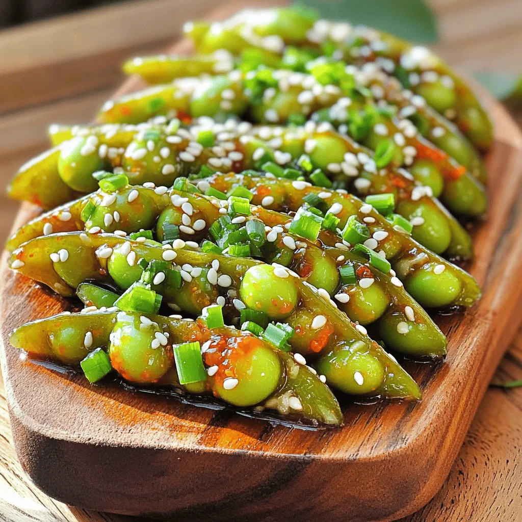 - 2 cups edamame (in pods), fresh or frozen - 2 tablespoons sweet chili sauce - 1 tablespoon soy sauce - 1 teaspoon sesame oil - 1 teaspoon fresh ginger, grated - 1 clove garlic, minced - 1 teaspoon sesame seeds - 2 green onions, finely sliced - Salt to taste To make Sweet Chili Edamame, you need simple and fresh ingredients. Edamame is the star here. They are young soybeans, rich in protein and fiber. You can find them in the frozen aisle if fresh ones aren’t available. The sweet chili sauce adds a nice kick to the dish. It is sweet, spicy, and brings a wonderful flavor. Soy sauce adds depth, while sesame oil gives a nutty aroma. Ginger and garlic brighten the taste and give it a warm, cozy feel. Green onions add a fresh crunch, and sesame seeds offer a little crunch and nutty flavor. - Calories per serving: Around 150 calories. - Macronutrient breakdown: Approximately 10g protein, 7g carbs, and 10g fat. - Health benefits of edamame: Edamame is packed with nutrients. They are high in protein and fiber, making them filling and healthy. These beans also contain antioxidants and vitamins. Eating edamame can help your heart health and support weight loss. Plus, it's a great snack for any time of the day! For the full recipe, check out the Sweet Chili Edamame link above! To start, you need to cook the edamame. You can use fresh or frozen edamame. For frozen edamame, boil water in a pot. Add the edamame pods and cook them for 3-5 minutes. They should be tender when done. If you have fresh edamame, steam them for about 5 minutes. They should turn bright green and feel soft. After cooking, drain the edamame and set them aside. Next, let’s make the sweet chili sauce mixture. In a small bowl, whisk together the sweet chili sauce, soy sauce, sesame oil, grated ginger, and minced garlic. Mix until all the ingredients blend well, creating a tasty sauce that will coat your edamame. Now, let’s cook the edamame. Take a large skillet and heat it over medium heat. Add your cooked edamame pods to the skillet. Pour the sweet chili sauce mixture over the edamame. Toss the pods gently to coat them evenly with the sauce. Cook for an additional 2-3 minutes, stirring occasionally. You want the sauce to heat through and stick well to the edamame. This step makes the flavors pop. Once done, remove the skillet from the heat. Sprinkle sesame seeds and finely sliced green onions on top. If you like, add a pinch of salt for extra flavor. You can serve this dish warm or at room temperature. It works great as an appetizer or snack. For drinks, pair sweet chili edamame with iced tea or a light beer. These beverages complement the dish well. If you want more ideas, check out the Full Recipe for inspiration! To ensure your edamame is tender, start with boiling water. If you use frozen edamame, cook them for 3-5 minutes. For fresh edamame, steam them for about 5 minutes. You want them bright green and soft. When adjusting the sauce to taste, start with less. Add sweet chili sauce slowly. Taste it as you go. If you want more heat, add more chili sauce or a dash of sriracha. If you don't have sweet chili sauce, try using teriyaki or hoisin sauce. Both bring a nice flavor. For the sesame oil, olive oil works too, but it changes the taste a bit. You can also get creative with toppings. Consider adding crushed red pepper for heat or chopped cilantro for freshness. Chopped nuts add crunch. {{image_2}} To spice things up, try adding sriracha or chili flakes. This gives the dish heat and flavor. Start with a small amount of sriracha. Mix it in with the sweet chili sauce for a balanced kick. If you prefer chili flakes, sprinkle them in when cooking. Adjust the heat level to fit your taste. This variation makes your sweet chili edamame exciting and bold. Another tasty twist is sweet and sour edamame. Combine sweet chili sauce with vinegar to get a tangy flavor. Rice vinegar works well for this. Add about one tablespoon of vinegar to the sauce mix. This adds brightness and depth to the dish. The sweet and sour mix can make your edamame even more enjoyable. It’s a fun way to change up the flavors while keeping it fresh. You can also turn this recipe into a salad. Start with cooked edamame, and add fresh greens. Spinach or arugula pairs nicely with the edamame. Chop up some cucumbers, bell peppers, and carrots for crunch. Toss in the sweet chili sauce mixture as a dressing. This creates a vibrant and healthy salad. It’s perfect for a light meal or a side dish. You can make it your own by adding more veggies or nuts. Enjoy this fresh twist while keeping it healthy! For the complete recipe, check out the Full Recipe section above. To keep your sweet chili edamame fresh, store it in the fridge. First, let it cool down to room temperature. Then, place the edamame in a clean, airtight container. This method helps to seal in flavor and moisture. Use a glass or plastic container with a tight lid. - Refrigeration methods: Cool the dish first. Use an airtight container to avoid drying out. - Recommended storage containers: Choose glass or plastic containers with lids for best results. When reheating, avoid the microwave if you can. Instead, use a skillet for even heating. This way, the edamame stays tender and does not get mushy. Heat the skillet over medium heat. Add the leftovers and stir occasionally. - Best practices for reheating: Use a skillet over medium heat for even warming. - Avoiding mushiness: Stir the edamame gently to keep the texture nice and firm. For the full recipe, check out the Sweet Chili Edamame section above! Sweet chili sauce is a tasty mix of flavors. It usually has sugar, vinegar, and chili. The sauce is thick and sweet, with a bit of heat. You can find it in many Asian dishes. It adds a nice kick to meals. Look for it in stores or make your own at home. Yes, you can use shelled edamame. To cook shelled edamame, boil them in water for 3-4 minutes. You can also steam them for about the same time. Make sure they are tender before using them in the dish. Shelled edamame absorbs flavors well from the sweet chili sauce. To make sweet chili edamame vegan, use soy sauce that does not have animal products. You can also swap sesame oil for another oil, like olive oil. Check the sweet chili sauce label for vegan options. Many brands offer vegan-friendly sauces. You can find sweet chili edamame in many Asian restaurants. Sushi bars often serve it as an appetizer. Look for places that focus on Asian cuisine. Some trendy cafes also have this dish on their menu. It is a great snack to share with friends. For the full recipe, try making it at home! In this post, we explored how to make delicious sweet chili edamame. We covered the key ingredients, step-by-step cooking instructions, and tips for perfecting the dish. Nutritional facts highlight the health benefits of edamame. Remember, you can easily vary the recipe to suit your taste. Store leftovers properly and reheat them without losing texture. This dish is simple, tasty, and versatile. Enjoy it as a snack or side. Try it today and impress your friends and family with your cooking skills!