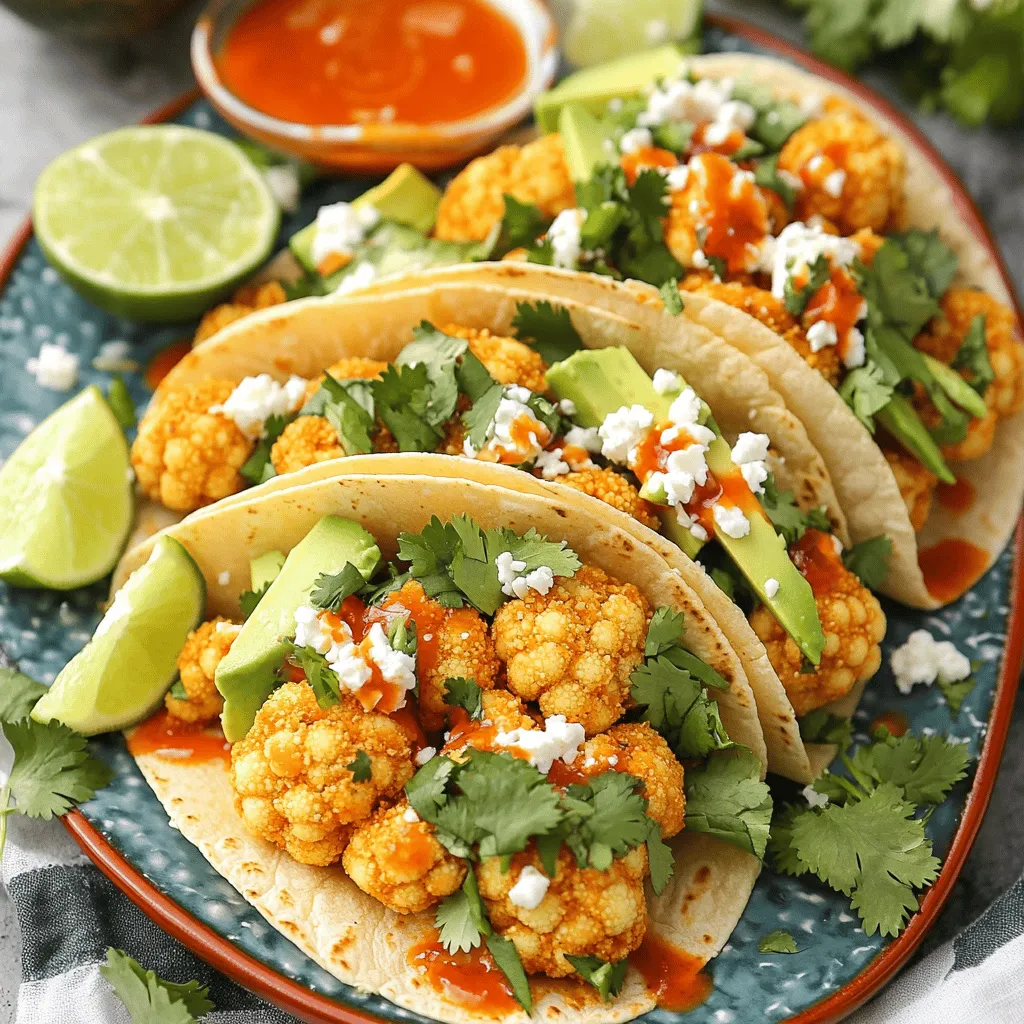 - 1 medium head of cauliflower, cut into florets - 1 cup all-purpose flour - 1 cup plant-based milk (or regular milk) - 1 cup breadcrumbs (preferably panko for extra crunch) - 1 cup buffalo sauce (store-bought or homemade) - 1 teaspoon garlic powder - 1 teaspoon onion powder - 1/2 teaspoon smoked paprika - Salt and pepper to taste - 8 small corn or flour tortillas - 1 cup shredded lettuce - 1 ripe avocado, sliced - 1/2 cup crumbled feta cheese (optional) - Fresh cilantro, for garnish Gather these ingredients before you start your cooking adventure. The cauliflower florets form the base of the dish. You want them to be fresh and firm. Next, you’ll need the batter mixture components. The flour and plant-based milk create a smooth coating. Garlic powder, onion powder, and smoked paprika add great flavor. Don't forget to season with salt and pepper. For toppings and garnishes, you can choose shredded lettuce, sliced avocado, and feta cheese. Fresh cilantro adds a nice touch as well. If you want the full experience, check out the Full Recipe for more details. 1. First, preheat your oven to 450°F (232°C). Line a baking sheet with parchment paper. This step helps the cauliflower cook evenly and not stick. 2. Next, make the batter mixture. In a bowl, whisk together 1 cup of all-purpose flour, 1 cup of plant-based milk, 1 teaspoon garlic powder, 1 teaspoon onion powder, 1/2 teaspoon smoked paprika, and some salt and pepper. Mix until smooth. 3. Now, it’s time to coat the cauliflower. Take each floret and dip it into the batter. Let any extra batter drip off. Then, roll it in breadcrumbs, making sure to press down so the crumbs stick well. 1. Place the coated cauliflower florets on the baking sheet in a single layer. Bake them for about 20-25 minutes. Flip them halfway through to make sure they get crispy on all sides. This step is key for even crispiness. 1. While the cauliflower bakes, warm your tortillas in a skillet over medium heat for about 30 seconds on each side. This helps them stay soft and pliable. 2. Now, layer your tacos. Start with a handful of shredded lettuce on each tortilla. Add a few buffalo cauliflower pieces and slices of avocado. If you like, sprinkle on some crumbled feta cheese. 3. Finally, garnish your tacos with fresh cilantro and drizzle any leftover buffalo sauce on top. You can find the full recipe for this delicious dish above. Enjoy your tasty meal! To get that perfect crunch, focus on your batter. It should be thick but smooth. If it's too runny, the coating won't stick well. The key is to dip the cauliflower florets evenly. This helps them cook crispy and golden. For breadcrumbs, I recommend using panko. Panko adds more crunch than regular breadcrumbs. It gives a delightful texture to each bite. Making your buffalo sauce at home is easy. You just need a few simple ingredients. Mix hot sauce with melted vegan butter or regular butter. Add a dash of garlic powder for more flavor. If you want more heat, add cayenne pepper. If you prefer it milder, use less hot sauce. This way, you control the spice level to suit your taste. When serving your tacos, think about sides. A fresh salad or some crispy fries pairs well. For a vibrant look, arrange tacos on a colorful plate. Add lime wedges for a zesty touch. You can also drizzle extra buffalo sauce on top for more flavor. Get creative with your plating to impress your guests! {{image_2}} For a gluten-free option, use gluten-free flour and gluten-free breadcrumbs. These swaps keep the taste great while making it safe for those with gluten issues. You can also try chickpea flour for a more protein-packed alternative. To make these tacos vegan, simply use plant-based milk and skip the feta cheese. To add creaminess, try a vegan sour cream or cashew cream. These choices keep your tacos tasty and friendly for all diets. You can switch up the sauce to create new flavors. Try a spicy honey sauce or a tangy barbecue sauce for a twist. You can even mix buffalo sauce with ranch dressing for a creamy kick. For toppings, consider different options like diced tomatoes, pickled red onions, or sliced radishes. Each adds a unique taste and texture. You can also add some fresh lime juice for a zesty finish. Explore these variations to keep your tacos exciting and delicious. For more ideas, check out the Full Recipe. To keep your crispy buffalo cauliflower fresh, store it in an airtight container. Place parchment paper at the bottom to help absorb moisture. This will keep the cauliflower from getting soggy. Refrigerate the leftovers right away to maintain their taste. You can store them for up to three days. However, for best texture, try to eat them within two days. To reheat and keep that crispy texture, use an oven or air fryer. Preheat the oven to 375°F (190°C). Place the cauliflower on a baking sheet and heat for about 10-15 minutes. If using an air fryer, cook at 350°F (175°C) for about 5-7 minutes. This method helps regain the crunch. Avoid using a microwave, as it can make the cauliflower soft. For serving leftovers, add fresh toppings. A bit of avocado or extra buffalo sauce can revive the dish. Enjoy your crispy buffalo cauliflower tacos again! For the full recipe, you can refer to the earlier section. To add heat, mix in more hot sauce. You can also use cayenne pepper. Adjust the amounts until you find your perfect spice level. Mixing different sauces can give unique flavors, too. Try using a blend of buffalo sauce and sriracha for a kick. Yes, you can prepare the cauliflower ahead of time. Bake the cauliflower and let it cool. Store it in an airtight container in the fridge. It stays fresh for up to three days. When ready to eat, heat it in the oven until crispy. If you want a low-carb option, try lettuce wraps. They add crunch and freshness. You can also serve the buffalo cauliflower over rice for a hearty bowl. Quinoa or even a salad base works well too. Yes, freezing is easy! Allow the cauliflower to cool completely. Spread it on a baking sheet and freeze until firm. Then transfer it to a freezer bag. To reheat, bake from frozen. Aim for 20-25 minutes at 400°F (200°C) until crispy again. For the full recipe, check out the details! In this blog post, we explored a tasty buffalo cauliflower taco recipe. We covered key ingredients, step-by-step instructions, and tips for achieving the perfect texture. I shared ideas for variations, storage, and reheating methods. Try this simple recipe, so you can enjoy a healthier taco option. With the right flavors and techniques, you can impress your friends at dinner. Enjoy experimenting and make it your own!