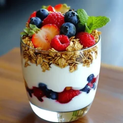 - 2 cups plain Greek yogurt - 1 cup granola (your choice of flavor) - 1 cup mixed berries (strawberries, blueberries, raspberries) - 2 tablespoons honey - 1 teaspoon vanilla extract - Fresh mint leaves for garnish The main ingredients for the Greek yogurt parfait are simple yet full of flavor. You start with Greek yogurt, which is creamy and rich in protein. I often choose plain yogurt, as it lets the fruit shine. Granola adds a delightful crunch. You can pick any flavor you like. Mixed berries bring natural sweetness and vibrant color. Strawberries, blueberries, and raspberries work great together. Honey adds a touch of sweetness, while vanilla extract enhances the flavor. Finally, fresh mint leaves give a refreshing look to your parfait. - Other fruits (banana, peach) - Nuts and seeds (almonds, chia seeds) - Flavor variations (cinnamon, nutmeg) If you want to mix it up, consider optional add-ins. Other fruits like banana or peach can add more flavor. Nuts and seeds, such as almonds or chia seeds, introduce extra crunch and health benefits. You might also sprinkle in some cinnamon or nutmeg for a warm twist. Feel free to get creative! The full recipe gives you a solid base, but adding your favorite ingredients makes it special. To start, gather your ingredients. In a medium bowl, combine two cups of plain Greek yogurt, two tablespoons of honey, and one teaspoon of vanilla extract. Use a whisk to mix them well. Keep whisking until the mixture is smooth and creamy. This step is key for a tasty base. Now, grab your serving glass or bowl. First, add a generous spoonful of your yogurt mixture at the bottom. Next, sprinkle in a layer of granola. Follow that with a layer of mixed berries. Spread the berries evenly for the best taste. Repeat these layers until the glass is full. Make sure to finish with a layer of yogurt and a sprinkle of granola on top. For the finishing touch, add more yogurt on top. Then, sprinkle a little granola for crunch. Finally, garnish your parfait with a few fresh mint leaves. This adds color and a hint of freshness. Enjoy your Simple Greek Yogurt Parfait right away, or chill it for a bit. This recipe is quick and delicious, perfect for any time of day. For the complete recipe details, check out the Full Recipe. Using clear glasses makes your parfait look pretty. You can see the layers, which adds fun. Compacting the layers helps keep them in place. This makes each bite balanced and tasty. Feel free to swap fruits based on what is in season. If strawberries are fresh, use them! You can also adjust granola to fit your taste. Try a nutty granola or a fruity one. Greek yogurt packs a protein punch. It helps keep you full and supports muscle health. Mixed berries bring antioxidants to your parfait. They fight free radicals and are good for your skin. {{image_2}} You can switch up the Greek yogurt parfait to match your taste. For a tropical twist, add coconut and pineapple. The creamy yogurt pairs well with the sweet coconut and juicy pineapple. It feels like a mini vacation in a glass! If you crave something rich, try a chocolate version. Mix in cocoa powder with the yogurt. Top it with chocolate granola for an extra crunch. This satisfies both sweet cravings and health needs. If you follow a special diet, don’t worry! You can still enjoy this treat. For a vegan option, use non-dairy yogurt made from almond or coconut. These yogurts taste great and keep the parfait creamy. If you are gluten-free, choose gluten-free granola. Many brands offer tasty options that fit your needs without losing flavor. You can enjoy this parfait in many ways. It makes a perfect breakfast or snack. The layers of yogurt, granola, and berries keep you full and happy. You can also serve it as a dessert. It’s a healthy treat that feels indulgent but won’t weigh you down. Try it at any time of day for a delicious boost! How long does the parfait last in the fridge? The Greek yogurt parfait can last for about 2 days when stored properly. Keep it in an airtight container to keep it fresh. What are the best practices for layering ahead of time? If you want to layer ahead, keep the granola separate until you’re ready to eat. This helps maintain its crunch. You can layer the yogurt and fruits in advance. Just add the granola right before serving. Can you freeze the parfait? Yes, you can freeze the parfait, but it may change the texture. The yogurt can become icy, and the fruit may lose its shape. What are some tips for thawing and serving later? To thaw, move the parfait to the fridge overnight. Serve it cold after thawing. If you want to add some texture back, sprinkle fresh granola on top before enjoying. For the full recipe, check out the Greek Bliss Breakfast Parfait. Yes, you can make a Greek yogurt parfait ahead of time. Here’s how: - Prepare the yogurt mixture and layer it in a glass. - Store it in the fridge for up to one hour. - For best taste, do not add the granola until you are ready to eat. This keeps the granola crunchy and fresh. Absolutely! You can swap ingredients based on your taste. - Use any type of yogurt, like almond or coconut yogurt. - Try different granola flavors, such as chocolate or cinnamon. - You can also add other fruits, like bananas or peaches. Feel free to mix and match until you find your favorite flavor. Greek yogurt parfaits are packed with nutrients. Here’s a quick overview: - Greek yogurt provides protein, which helps build muscle. - Berries are full of vitamins and antioxidants. - Granola adds fiber for digestive health. - Honey offers natural sweetness with some vitamins. This treat is not just tasty; it’s good for you, too! You can create a delicious Greek yogurt parfait with simple ingredients and steps. We covered how to layer yogurt, granola, and berries for a healthy treat. You can also customize it with various add-ins. Don't forget about the health benefits of Greek yogurt and berries. As a snack, breakfast, or dessert, parfaits are versatile and tasty. Enjoy crafting your unique version that suits your taste and needs!