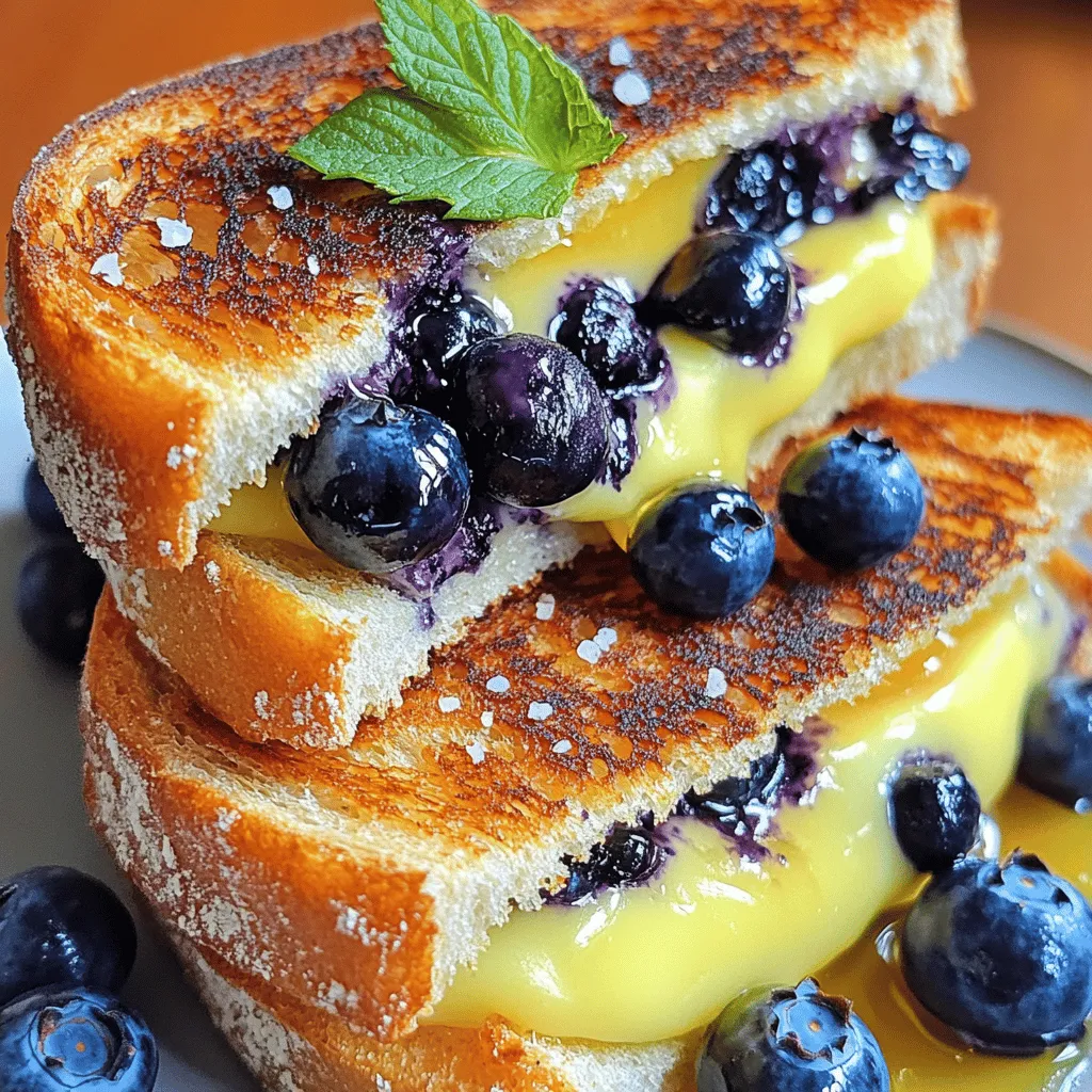 To make Blueberry Brie Grilled Cheese, gather these simple items: - 2 slices of sourdough bread - 2 ounces Brie cheese, sliced - 1/4 cup fresh blueberries - 1 tablespoon cream cheese - 1 tablespoon honey - 1 tablespoon unsalted butter - A pinch of salt - Fresh mint leaves for garnish (optional) You can easily swap some ingredients if needed. Use any bread you like, such as whole wheat or ciabatta. If you can't find Brie, try cream cheese or goat cheese. For a sweeter twist, substitute maple syrup for honey. You can also use frozen blueberries if fresh ones aren't available. Just remember to thaw them first. When picking blueberries, look for ones that are firm and plump. The color should be deep blue, with a powdery bloom on the skin. Avoid berries that are soft or have wrinkles. If you can, smell them; fresh blueberries should have a sweet scent. Always choose organic berries when possible, as they are safer and tastier. Start by mixing the cream cheese and honey in a small bowl. Use a fork or spatula to blend them. Make sure they combine well. This mixture adds a sweet touch to the sandwich. Once mixed, spread it evenly on one side of each slice of sourdough bread. This step is key for flavor. Next, take one slice of bread with the cream cheese side up. Lay the sliced Brie cheese on top of the cream cheese. The Brie melts beautifully and adds richness. After that, scatter fresh blueberries over the Brie. Their sweetness balances the cheese. Finally, sprinkle a pinch of salt over the blueberries. This step enhances their taste. Now, place the second slice of bread on top, with the cream cheese side facing down. You have now built your sandwich! Heat a skillet over medium heat. Add the unsalted butter and let it melt. Swirl the butter to coat the pan. Once the butter is hot, carefully place the sandwich in the skillet. Cook for about 3-4 minutes until the bottom is golden brown and crispy. Then, flip the sandwich with care. Cook the other side for another 3-4 minutes. You want both sides to be golden brown and the cheese to be melty. After cooking, remove the sandwich from the skillet. Let it cool for a minute before slicing it in half. If you like, garnish with fresh mint leaves for a nice touch. Enjoy your delicious Blueberry Brie Grilled Cheese! For the complete recipe, check the Full Recipe section. To get the best texture, choose thick slices of sourdough. This bread holds up well and gets crispy. Heat your skillet on medium, not high. A medium setting cooks the bread evenly. Use enough butter to coat the pan. This prevents sticking and adds flavor. Keep an eye on it to avoid burning. For a great melt, slice the Brie thinly. Thin slices melt faster and blend well with blueberries. You can also let the cheese sit at room temp for a bit. This helps it melt smoother. Flip the sandwich gently to keep it intact. Don't rush the cooking time; patience pays off. To boost flavor, try adding a pinch of cinnamon to the cream cheese. This adds warmth and depth. You could also mix in some chopped nuts for crunch. Walnuts or pecans work well. Fresh mint leaves make a nice garnish and add freshness. You can find the Full Recipe for more details on this delightful dish. {{image_2}} You can switch up the bread for your Blueberry Brie Grilled Cheese. I love sourdough, but other choices work well too. Try thick slices of whole wheat or a crusty French baguette. You might even enjoy using brioche for a sweeter twist. Each type of bread brings its own flavor and texture. Just make sure it can hold all that gooey cheese and juicy blueberries. While Brie is the star here, other cheeses can shine too. Creamy goat cheese adds a tangy kick. Sharp cheddar gives a bold taste that pairs well with blueberries. If you want a milder flavor, use Havarti or mozzarella. Each cheese brings a unique taste and melts differently. Feel free to mix and match based on your mood or what you have on hand. You can make this dish even better with seasonal add-ins. In spring or summer, fresh herbs like basil or mint can brighten the flavor. In fall, try adding thinly sliced apples for crunch. A sprinkle of cinnamon can add warmth and spice. During winter, pomegranate seeds can add color and a burst of flavor. These simple changes can take your grilled cheese to a whole new level. Want the full recipe? Check it out! To keep your Blueberry Brie Grilled Cheese fresh, wrap it well. Use plastic wrap or a sealed container. Place it in the fridge right away. This will help keep the bread from getting soggy. Enjoy your leftovers within two days for the best taste. When you are ready to eat your sandwich again, reheat it gently. Use a skillet over low heat. This will help the bread stay crisp. Heat for about 2-3 minutes on each side. You can also use an oven. Set it to 350°F and place the sandwich inside for 10 minutes. This will warm it up without making it soggy. You can freeze your Blueberry Brie Grilled Cheese if you want to save it longer. Wrap the sandwich tightly in plastic wrap. Then, place it in a freezer-safe bag. Make sure to label it with the date. You can freeze it for up to a month. When you’re ready to eat it, let it thaw in the fridge overnight before reheating. This keeps the flavors fresh and tasty. Yes, you can prepare the sandwich ahead. Assemble it, but do not cook it. Wrap it in plastic wrap or foil. Store it in the fridge for up to a day. When ready to eat, cook it in a skillet as directed. This keeps the bread fresh and the cheese melty. This dish pairs well with many sides. Here are some tasty options: - A light salad with mixed greens - Crispy potato chips for crunch - A bowl of tomato soup for dipping - Fresh fruit like strawberries or apples These sides add balance to the meal and enhance your experience. While fresh blueberries taste best, frozen ones work too. If using frozen, thaw them first. Drain excess liquid to prevent sogginess. However, fresh blueberries add a nice pop of flavor and texture. They also look great when served! This blog post covered how to make a tasty Blueberry Brie Grilled Cheese. We explored key ingredients, tips for fresh blueberries, and creative ways to add flavor. I shared detailed steps for preparation and cooking to ensure your sandwich turns out great. You also learned about storage and reheating tips. In final thoughts, this dish is fun and easy to make. Enjoy your cooking journey and don't be afraid to experiment!