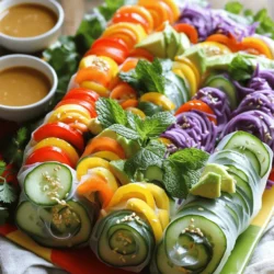 - 8 rice paper wrappers - 1 cup vermicelli noodles, cooked - 1 small cucumber, julienned - 1 red bell pepper, julienned - 1 yellow bell pepper, julienned - 1 carrot, julienned - 1 cup purple cabbage, thinly sliced - 1 avocado, sliced - ½ cup fresh mint leaves - ½ cup fresh cilantro leaves - 1 tablespoon sesame oil - Salt to taste - Dipping sauce of choice (peanut sauce or sweet chili sauce works great) The key to making rainbow veggie spring rolls is using fresh and colorful ingredients. Rice paper wrappers are light and easy to work with. They hold everything together without overpowering the flavors. Vermicelli noodles add a nice texture and fill the rolls well. For vegetables, I love using julienned cucumber, bell peppers, carrot, and purple cabbage. They not only look great but also add crunch and taste. Sliced avocado gives a creamy texture, which balances the crisp veggies. Fresh herbs like mint and cilantro add a burst of flavor. Season your rolls with sesame oil and a pinch of salt. This simple seasoning enhances the vegetables' natural taste. You can choose your favorite dipping sauce, like peanut sauce or sweet chili sauce, to pair with the rolls. This complete list of ingredients sets you up for a fun and tasty cooking experience. For the full recipe, check out the instructions that follow! To start, cook the vermicelli noodles. Follow the package instructions closely. Once cooked, drain them well and set aside. They should be soft but not mushy. Next, julienne your vegetables. Slice the cucumber, red bell pepper, yellow bell pepper, and carrot into thin strips. Make sure they are uniform for even rolling. Thinly slice the purple cabbage. Cut the avocado into thin slices. This adds richness to your spring rolls. Now, wash your fresh herbs. Take a handful of mint leaves and cilantro leaves. These will add a burst of flavor to your rolls. Fill a large bowl with warm water. Dip one rice paper wrapper in the water for about 10 to 15 seconds. You want it to be soft and easy to handle. Lay it flat on a clean cutting board. In the center of the softened rice paper, layer a small amount of vermicelli noodles. Add a colorful mix of the julienned vegetables. Place a few avocado slices on top, then sprinkle a few mint and cilantro leaves. Drizzle a tiny bit of sesame oil over the fillings. Add a pinch of salt to enhance the flavors. To roll, fold the sides of the wrapper inward. Start from the bottom and carefully roll it up tightly, tucking in the filling as you go. Repeat this for the remaining rice paper wrappers. For a great presentation, arrange the spring rolls on a large platter. Garnish with extra cilantro and mint leaves. Serve with your choice of dipping sauce, like peanut sauce or sweet chili sauce, in small bowls on the side. This makes for a vibrant and inviting display. Enjoy your colorful and tasty spring rolls! To roll spring rolls well, you need the right moisture level. Dip the rice paper in warm water for about 10-15 seconds. It should feel soft but not soggy. Lay it flat on your board. If it's too dry, it may tear. If it's too wet, it will stick to itself. To avoid tearing, handle the rice paper gently. Don't pull too hard as you roll. Keep the filling in the center. This helps the wrapper close easily. Tuck in the sides before rolling from the bottom up. Using flavorful fillings makes your spring rolls pop. Mix the colors and textures for a fun bite. Add crunchy veggies like bell peppers and carrots. Creamy avocado will balance the crunch. Fresh herbs like mint and cilantro add brightness. You can also incorporate seasonings. A splash of sesame oil adds a nutty flavor. A pinch of salt enhances all the tastes. For storing spring rolls, keep them fresh. If you make them ahead, cover them with a damp cloth. This prevents them from drying out. You can also place them in an airtight container. To keep them fresh, eat within a day. If you need to store longer, consider refrigerating. Just remember that the rice paper may soften. Enjoy your rainbow veggie spring rolls with your favorite dipping sauce! Check out the Full Recipe for more details. {{image_2}} You can make your spring rolls even better by adding proteins. Tofu and shrimp are great choices. Tofu gives a nice texture, while shrimp adds a sweet flavor. Simply cook the shrimp until it turns pink or sauté the tofu until golden. If you don’t have certain vegetables, swap them out! Use whatever you have in your fridge. Broccoli, spinach, or even sweet potatoes can work well. The key is to keep the colors bright and the flavors fresh. Dipping sauces can change the entire dish. A homemade peanut sauce is easy to make and tastes amazing. Just mix peanut butter, soy sauce, lime juice, and a bit of honey. If you want something sweet, sweet chili sauce is a perfect match. You can buy it or make your own by mixing sugar, vinegar, and chili flakes. Experiment with these to find your favorite! Spring rolls are not just a snack; they can be a whole meal! Serve them with a side of rice or a salad for a filling dish. You could pair them with a fresh fruit salad, too. This adds a sweet touch that complements the rolls. For a fun twist, serve them with some crunchy nuts or seeds on the side. This makes for a colorful and tasty meal that everyone will love. Check out the Full Recipe to start making your own! To keep your leftover spring rolls fresh, place them in an airtight container. You can refrigerate them for up to three days. If you want to reheat, use a pan on low heat. This helps keep the wrappers crispy. Avoid using a microwave, as it can make them soggy. You can freeze spring rolls before or after cooking. If you freeze them before cooking, lay them flat on a baking sheet. Once frozen, transfer them to a freezer bag. This prevents sticking. To freeze after cooking, let them cool first. Then, follow the same steps. When it's time to eat, thaw the spring rolls in the fridge overnight. For reheating, place them in a hot oven or skillet. This ensures they stay crispy and tasty. Enjoy your Rainbow Veggie Spring Rolls fresh and delicious! Rainbow veggie spring rolls are fresh, colorful rolls made with rice paper. They are packed with crunchy vegetables like cucumber, bell peppers, and carrots. The bright colors make them visually appealing and fun to eat. You can add herbs like mint and cilantro for extra flavor. These rolls are great as a snack or a light meal. They are also easy to customize based on your favorite veggies. Yes, you can make spring rolls ahead of time! Just prepare them a few hours before you plan to serve them. After rolling, place them on a plate lined with a damp paper towel. Cover them with another damp towel to keep them moist. You can also refrigerate them for up to 30 minutes. This helps the flavors blend and makes them even tastier when you are ready to eat. Absolutely! Rainbow veggie spring rolls are very healthy. They are low in calories and high in vitamins. The fresh vegetables provide fiber, which is good for digestion. Herbs like mint and cilantro add antioxidants. With the right dipping sauce, they can be a nutritious choice. Just be mindful of the sauce’s ingredients, as some can add extra calories. Enjoy these rolls as a healthy snack or a light meal! For the full recipe, check out the Rainbow Veggie Spring Rolls recipe. You learned how to make delicious rainbow veggie spring rolls, from the ingredients to the steps. We covered how to prepare fresh vegetables, cook vermicelli noodles, and assemble the rolls. Tips for rolling and storing were also shared, along with tasty variations and dipping sauces. Now, you can enjoy these healthy spring rolls, whether as a meal or snack. Dive into your kitchen and create your own tasty rolls!