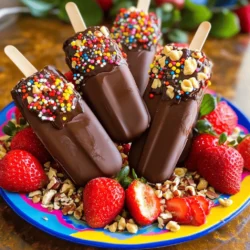 - Fresh strawberries - Greek yogurt - Dark chocolate chips - Honey or maple syrup - Coconut oil - Toppings (nuts, sprinkles, shredded coconut) When you make chocolate dipped strawberry popsicles, you start with fresh strawberries. I love using ripe, juicy strawberries because they give the best flavor. The Greek yogurt adds creaminess and a nice tang. For the chocolate, I prefer dark chocolate chips; they melt well and taste amazing. You can add honey or maple syrup if you want extra sweetness. Coconut oil is optional, but it makes the chocolate smoother. For toppings, think about crushed nuts, colorful sprinkles, or shredded coconut. These add fun textures and looks to your popsicles. Each ingredient plays a role in making these popsicles a delightful treat. You can find the full recipe to guide you through creating this simple summer treat. To start, gather your fresh strawberries and Greek yogurt. Place the hulled strawberries and yogurt into a blender. Blend until the mixture is smooth and creamy. If you want it sweeter, add honey or maple syrup. Blend again to mix. This gives your popsicles a nice flavor. Next, take your strawberry mixture and pour it into popsicle molds. Fill each mold about three-quarters full. Remember to leave some space at the top for the mixture to expand as it freezes. Once filled, insert popsicle sticks into each mold. Place the molds in the freezer. Freeze for at least four hours, or until solid. This step is key to getting the right texture. Now it's time to melt the chocolate. In a microwave-safe bowl, combine dark chocolate chips and coconut oil for a smooth dip. Microwave the bowl in 30-second intervals. Stir between each interval until the chocolate is melted and smooth. Once the popsicles are frozen, remove them from the molds. Run warm water over the outside of the molds if needed. Dip each popsicle into the melted chocolate. Allow any excess chocolate to drip off. If you want, sprinkle your favorite toppings over the chocolate while it is still wet. Place the dipped popsicles on a parchment-lined baking sheet. Return them to the freezer for 15 to 20 minutes, so the chocolate firms up. For the full recipe, check out the detailed instructions. Enjoy your delicious chocolate dipped strawberry popsicles! Using coconut oil is key for a smooth chocolate dip. It helps thin the chocolate, making it easier to coat your popsicles. This adds a lovely shine, too. For the strawberry mixture, blend well. Make sure to mix strawberries and yogurt until it’s creamy. If you want a sweeter taste, add honey or maple syrup. Start with a small amount. You can always add more if you like. To present your popsicles, use a colorful platter. You can also stand them in a cup with fresh berries around. This makes it look fun and inviting. For pairings, try serving them with whipped cream or a fruit salad. You can also offer some fresh mint leaves on the side for a refreshing touch. To ensure your popsicles release easily, run warm water over the outside of the molds. This helps them pop out without breaking. When dipping in chocolate, make sure it’s smooth and not too hot. If it’s too thick, add a bit more coconut oil. Dip quickly, letting the excess drip off. This will give you a nice layer of chocolate without a mess. You can find the full recipe for these delicious chocolate dipped strawberry popsicles in the recipe section. Enjoy making them! {{image_2}} You can switch up the fruit for a new taste. Bananas and blueberries work great in these popsicles. Simply blend your choice of fruit with Greek yogurt. You can also try yogurt flavors. Strawberry and peach yogurt add a fun twist. The flavor options are endless, so get creative! For a healthier option, you can swap Greek yogurt for dairy-free yogurt. This way, those who avoid dairy can still enjoy these popsicles. You can also use low-sugar chocolate for the coating. This keeps the treat sweet but cuts down on sugar. Look for dark chocolate with less sugar, or even sugar-free options. You can change the flavor based on the season. For fall, try adding spices like cinnamon or nutmeg. These spices give a warm taste that fits the season. In summer, add fresh mint or a splash of lime juice. This brightens the flavor and adds a refreshing kick. Each season gives you a chance to try something new! For the full recipe, check out the complete guide to making these delightful treats. To keep your chocolate dipped strawberry popsicles tasty, store them properly. First, wrap each popsicle in plastic wrap or foil. This helps prevent ice crystals from forming. Place them in an airtight container or a resealable freezer bag. This keeps out air and moisture. Keep your popsicles in the coldest part of the freezer. This helps maintain their flavor and texture. Avoid placing them in the door, as it can get warmer when opened. How long will they last? If stored correctly, popsicles can stay fresh for about 2-3 months. After that, they may lose flavor and texture. Look for signs of freezer burn. This appears as white spots or a dry texture on your popsicles. If you see this, the popsicles might not taste as good. Always check before you enjoy your frozen treat! For the full recipe, check the earlier section. You can make dairy-free popsicles easily. Instead of yogurt, use coconut cream or almond milk. These options add creaminess and flavor. Blend your strawberries with coconut cream for a rich taste. If you want sweetness, add a little maple syrup. This keeps your popsicles tasty and dairy-free. Yes, you can use milk chocolate. It will taste sweeter and creamier than dark chocolate. If you love a rich, bold flavor, stick with dark chocolate. For a lighter taste, milk chocolate works well. Just remember to melt it the same way as dark chocolate. If you don’t have molds, don’t worry! You can use small cups or ice cube trays. Just fill them with your strawberry mix. Place a stick in the center of each cup. Freeze until solid for fun, bite-sized popsicles. You can even use paper cups for easy removal. Absolutely! You can make these popsicles a few days in advance. Just store them in the freezer. For best results, wrap each popsicle in plastic wrap. This helps keep them fresh. You can enjoy a cool treat whenever you want! Making chocolate-dipped strawberry popsicles is simple and fun. We covered the essential ingredients, like fresh strawberries and Greek yogurt. You learned to blend, freeze, and dip these treats easily. I shared clever tips for the best results and fun variations to try. In the end, enjoy experimenting with flavors that suit you. These popsicles are delicious and perfect for any season. Try them today, and bring joy to your taste buds!