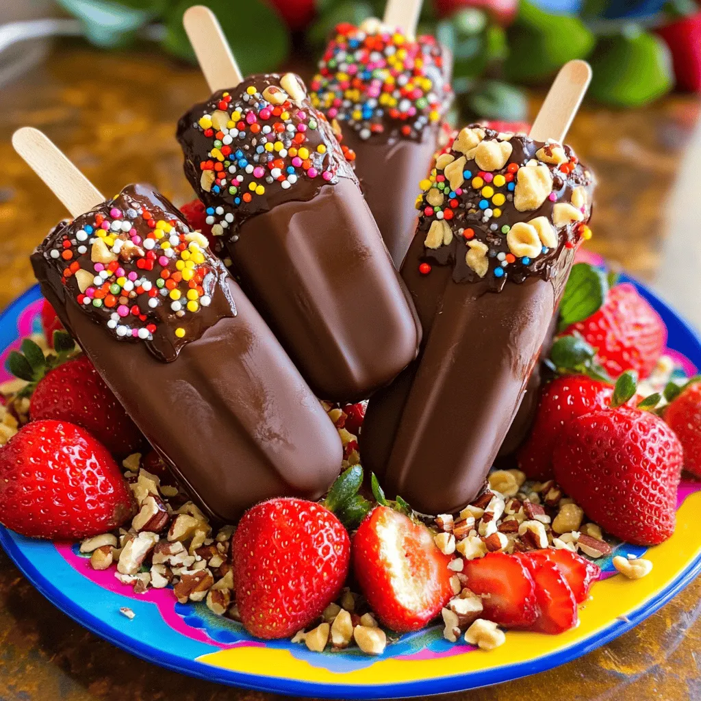 - Fresh strawberries - Greek yogurt - Dark chocolate chips - Honey or maple syrup - Coconut oil - Toppings (nuts, sprinkles, shredded coconut) When you make chocolate dipped strawberry popsicles, you start with fresh strawberries. I love using ripe, juicy strawberries because they give the best flavor. The Greek yogurt adds creaminess and a nice tang. For the chocolate, I prefer dark chocolate chips; they melt well and taste amazing. You can add honey or maple syrup if you want extra sweetness. Coconut oil is optional, but it makes the chocolate smoother. For toppings, think about crushed nuts, colorful sprinkles, or shredded coconut. These add fun textures and looks to your popsicles. Each ingredient plays a role in making these popsicles a delightful treat. You can find the full recipe to guide you through creating this simple summer treat. To start, gather your fresh strawberries and Greek yogurt. Place the hulled strawberries and yogurt into a blender. Blend until the mixture is smooth and creamy. If you want it sweeter, add honey or maple syrup. Blend again to mix. This gives your popsicles a nice flavor. Next, take your strawberry mixture and pour it into popsicle molds. Fill each mold about three-quarters full. Remember to leave some space at the top for the mixture to expand as it freezes. Once filled, insert popsicle sticks into each mold. Place the molds in the freezer. Freeze for at least four hours, or until solid. This step is key to getting the right texture. Now it's time to melt the chocolate. In a microwave-safe bowl, combine dark chocolate chips and coconut oil for a smooth dip. Microwave the bowl in 30-second intervals. Stir between each interval until the chocolate is melted and smooth. Once the popsicles are frozen, remove them from the molds. Run warm water over the outside of the molds if needed. Dip each popsicle into the melted chocolate. Allow any excess chocolate to drip off. If you want, sprinkle your favorite toppings over the chocolate while it is still wet. Place the dipped popsicles on a parchment-lined baking sheet. Return them to the freezer for 15 to 20 minutes, so the chocolate firms up. For the full recipe, check out the detailed instructions. Enjoy your delicious chocolate dipped strawberry popsicles! Using coconut oil is key for a smooth chocolate dip. It helps thin the chocolate, making it easier to coat your popsicles. This adds a lovely shine, too. For the strawberry mixture, blend well. Make sure to mix strawberries and yogurt until it’s creamy. If you want a sweeter taste, add honey or maple syrup. Start with a small amount. You can always add more if you like. To present your popsicles, use a colorful platter. You can also stand them in a cup with fresh berries around. This makes it look fun and inviting. For pairings, try serving them with whipped cream or a fruit salad. You can also offer some fresh mint leaves on the side for a refreshing touch. To ensure your popsicles release easily, run warm water over the outside of the molds. This helps them pop out without breaking. When dipping in chocolate, make sure it’s smooth and not too hot. If it’s too thick, add a bit more coconut oil. Dip quickly, letting the excess drip off. This will give you a nice layer of chocolate without a mess. You can find the full recipe for these delicious chocolate dipped strawberry popsicles in the recipe section. Enjoy making them! {{image_2}} You can switch up the fruit for a new taste. Bananas and blueberries work great in these popsicles. Simply blend your choice of fruit with Greek yogurt. You can also try yogurt flavors. Strawberry and peach yogurt add a fun twist. The flavor options are endless, so get creative! For a healthier option, you can swap Greek yogurt for dairy-free yogurt. This way, those who avoid dairy can still enjoy these popsicles. You can also use low-sugar chocolate for the coating. This keeps the treat sweet but cuts down on sugar. Look for dark chocolate with less sugar, or even sugar-free options. You can change the flavor based on the season. For fall, try adding spices like cinnamon or nutmeg. These spices give a warm taste that fits the season. In summer, add fresh mint or a splash of lime juice. This brightens the flavor and adds a refreshing kick. Each season gives you a chance to try something new! For the full recipe, check out the complete guide to making these delightful treats. To keep your chocolate dipped strawberry popsicles tasty, store them properly. First, wrap each popsicle in plastic wrap or foil. This helps prevent ice crystals from forming. Place them in an airtight container or a resealable freezer bag. This keeps out air and moisture. Keep your popsicles in the coldest part of the freezer. This helps maintain their flavor and texture. Avoid placing them in the door, as it can get warmer when opened. How long will they last? If stored correctly, popsicles can stay fresh for about 2-3 months. After that, they may lose flavor and texture. Look for signs of freezer burn. This appears as white spots or a dry texture on your popsicles. If you see this, the popsicles might not taste as good. Always check before you enjoy your frozen treat! For the full recipe, check the earlier section. You can make dairy-free popsicles easily. Instead of yogurt, use coconut cream or almond milk. These options add creaminess and flavor. Blend your strawberries with coconut cream for a rich taste. If you want sweetness, add a little maple syrup. This keeps your popsicles tasty and dairy-free. Yes, you can use milk chocolate. It will taste sweeter and creamier than dark chocolate. If you love a rich, bold flavor, stick with dark chocolate. For a lighter taste, milk chocolate works well. Just remember to melt it the same way as dark chocolate. If you don’t have molds, don’t worry! You can use small cups or ice cube trays. Just fill them with your strawberry mix. Place a stick in the center of each cup. Freeze until solid for fun, bite-sized popsicles. You can even use paper cups for easy removal. Absolutely! You can make these popsicles a few days in advance. Just store them in the freezer. For best results, wrap each popsicle in plastic wrap. This helps keep them fresh. You can enjoy a cool treat whenever you want! Making chocolate-dipped strawberry popsicles is simple and fun. We covered the essential ingredients, like fresh strawberries and Greek yogurt. You learned to blend, freeze, and dip these treats easily. I shared clever tips for the best results and fun variations to try. In the end, enjoy experimenting with flavors that suit you. These popsicles are delicious and perfect for any season. Try them today, and bring joy to your taste buds!